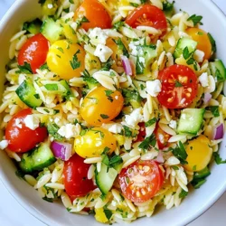 - 1 cup orzo pasta - 1 cup cherry tomatoes, halved - 1 cucumber, diced - 1/2 red onion, finely chopped - 1/4 cup fresh parsley, chopped The orzo pasta is the star of this dish. It cooks quickly and has a fun shape. I love how it absorbs flavors. Cherry tomatoes bring a burst of sweetness. Diced cucumber adds a crisp texture. The red onion gives a mild zing. Fresh parsley adds a touch of color and freshness. - 2 tablespoons olive oil - 2 tablespoons fresh lemon juice - 2 cloves garlic, minced - Salt and pepper to taste For the dressing, I use olive oil and lemon juice. This combo makes the salad bright and tangy. Minced garlic adds a strong flavor. Adjust the salt and pepper to your taste. These simple ingredients bring everything to life. - 1/4 cup feta cheese, crumbled (optional) - Additional herbs If you want a creamy touch, add feta cheese. It gives a nice salty flavor. You can also sprinkle in more herbs, like basil or dill. These optional add-ins let you make the salad your own. {{ingredient_image_1}} First, take a medium saucepan and pour in 2 cups of vegetable broth. Place it on the stove over high heat. You want to bring the broth to a boil. While it heats, measure out 1 cup of orzo pasta. Once the broth is boiling, add the orzo. Cook it according to the package directions, usually around 7 to 9 minutes. You want it to be al dente, which means it should still have a slight bite. When the time is up, drain the orzo in a colander. Rinse it under cold water to stop the cooking. This also cools it down for the salad. While the orzo cooks, wash and chop your vegetables. Start with 1 cup of cherry tomatoes. Cut each tomato in half. Next, take 1 cucumber and dice it into small pieces. Now, grab a red onion. Use half of it and chop it finely. For freshness, take a 1/4 cup of fresh parsley and chop it as well. Once all the veggies are ready, set them aside for later. In a small bowl, whisk together 2 tablespoons of olive oil and 2 tablespoons of fresh lemon juice. Add 2 cloves of minced garlic for that strong flavor. Then, sprinkle in salt and pepper to taste. After whisking, taste the dressing. If you want it tangier, add more lemon juice. If it needs a bit more salt, adjust that too. This dressing ties all the flavors together in the salad. - Avoiding Mushiness: To keep orzo from becoming mushy, cook it for just the right time. Usually, this is 7 to 9 minutes. Check the package for exact times. Stir it gently while it cooks. This helps it cook evenly and prevents clumping. - Cooling Techniques: After cooking, drain the orzo. Rinse it under cold water. This stops the cooking process and cools it quickly. It also keeps the orzo firm for your salad. - Adding Spices or Herbs: Feel free to get creative! Fresh herbs like basil or dill can brighten your salad. You can also try spices like paprika or cumin for a twist. Just add a pinch and taste. - Tasting and Adjusting: Always taste your salad before serving. If it needs more flavor, add salt, pepper, or extra lemon juice. Adjust it to your liking for the best results. - Serving Suggestions: Serve the salad in a large bowl or on a platter. This makes it easy for everyone to help themselves. For a more personal touch, you can use individual bowls. - Garnishing Ideas: Make your salad pop with garnishes. Add extra parsley or whole cherry tomatoes on top. This adds color and makes the dish more inviting. Pro Tips Cook Orzo Perfectly: To achieve al dente orzo, avoid overcooking it; check the package instructions and taste test a minute before the suggested time. Enhance Flavor: For a stronger flavor, consider toasting the orzo in a dry skillet for a few minutes before cooking it in broth. Vegetable Variations: Feel free to add other vegetables like bell peppers or olives for extra color and taste. Make Ahead: This salad keeps well in the fridge for up to 3 days, making it a great option for meal prep or a potluck. {{image_2}} You can switch out the orzo for gluten-free options. Quinoa or rice pasta work well. They give a similar texture and taste. You can also add different veggies to the salad. Try bell peppers, zucchini, or even spinach. Each will bring a new flavor and twist. If you want a creamy touch, mix in some yogurt or sour cream. This makes the salad rich and smooth. For lighter options, try different vinaigrettes. A balsamic or honey mustard vinaigrette can add a nice kick. You can serve this salad as a main dish or a side. If you want a hearty meal, add grilled chicken or shrimp. For a side, it pairs well with grilled meats or fish. You can enjoy it cold right out of the fridge. It also tastes great warm if you mix it right after cooking the orzo. To keep your Lemon Garlic Orzo Salad fresh, refrigerate it right after serving. Place it in an airtight container. This helps maintain its flavor and texture. Glass or plastic containers with tight lids work best. You can freeze this salad, but it may change texture. If you choose to freeze, pack it in a freezer-safe container. Make sure to leave some space for expansion. When you are ready to eat it, thaw it in the fridge overnight. Reheat gently in a pan over low heat. Avoid high heat, as it can turn the orzo mushy. In the fridge, the salad lasts about 3 to 5 days. Check for signs of spoilage, like an off smell or slimy texture. If you notice any of these, it’s best to toss it. Keeping an eye on your salad helps you enjoy it at its best! It takes about 10 minutes to prep your ingredients. The total time for this salad is 50 minutes. Most of the time goes to cooking the orzo and chilling the salad. This helps the flavors mix well and taste great. Yes, you can make this salad ahead of time. It tastes even better after sitting in the fridge for a few hours. You can prepare the orzo and chop the veggies the day before. Just mix everything together when you are ready to serve. This salad pairs well with grilled chicken or fish. You can also serve it with a nice piece of crusty bread. For a light meal, enjoy it with a bowl of soup. This combo makes a tasty and complete meal. You learned how to make a delightful Lemon Garlic Orzo Salad. We covered the main components, like orzo and fresh veggies, along with tasty dressings and add-ins. I shared step-by-step instructions to follow for best results. You also discovered useful tips for cooking and presenting your salad. Remember, you can adjust this salad to your liking with different ingredients. Have fun experimenting with flavors and variations. Enjoy your delicious creation, and make it your own!