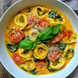 - 12 ounces cheese tortellini - 2 tablespoons olive oil - 3 cloves garlic, minced - 1 can (14.5 ounces) diced tomatoes, undrained - 1 cup heavy cream - 3 cups fresh spinach, roughly chopped The key ingredients make this dish rich and tasty. Cheese tortellini gives it a nice bite. It also provides a creamy texture when mixed with the sauce. Olive oil helps in sautéing and adds a lovely flavor. Garlic is a must for that aromatic base. Diced tomatoes add freshness and acidity. Heavy cream brings a smooth richness. Fresh spinach adds color and nutrients. - 1 teaspoon Italian seasoning - Salt and pepper to taste - ¼ cup grated Parmesan cheese - Fresh basil leaves for garnish Seasonings elevate the dish to new heights. Italian seasoning brings an herb-like depth. Salt and pepper enhance all the flavors in the dish. Grated Parmesan cheese melts into the sauce, giving it a savory punch. Fresh basil leaves are not just for looks; they add a bright aroma that complements the creamy sauce. These ingredients work together to create a comforting, satisfying meal that’s easy to prepare. {{ingredient_image_1}} To start, fill a large pot with water. Add a good amount of salt to it. Bring the water to a boil. Once boiling, add 12 ounces of cheese tortellini. Cook according to the package instructions. This usually takes about 3 to 5 minutes. You want the tortellini to be al dente, so keep an eye on it. After cooking, drain the tortellini and set it aside. Next, grab a large skillet. Set it over medium heat. Pour in 2 tablespoons of olive oil and let it warm up. Add 3 minced garlic cloves to the skillet. Sauté for about 1 minute. Stir often until the garlic smells great. Do not let it brown, as this can make it taste bitter. Now, it's time to make the sauce. Stir in one can of diced tomatoes with their juice. Then, add 1 cup of heavy cream. Bring this mixture to a gentle simmer. Stir it every now and then for about 5 minutes. After this, add 3 cups of roughly chopped fresh spinach. This will add color and nutrition. Cook for another 2 to 3 minutes until the spinach wilts. Season with salt and pepper to your taste. Once the sauce is ready, add the cooked tortellini to the skillet. Use a spatula to gently toss the tortellini. Make sure each piece gets coated with the creamy sauce. This step is key for flavor. You want it all mixed well. When serving, divide the creamy tortellini into bowls. For a pretty touch, sprinkle ¼ cup of grated Parmesan cheese on top. You can also add fresh basil leaves for garnish. This not only looks nice but also adds a fresh taste. Consider serving with a side of crusty bread or a simple salad for a complete meal. To get that rich, creamy texture, you can use half-and-half or whole milk if you prefer a lighter option. These alternatives will still give you a nice sauce but with less fat. If your sauce feels too thick, add a splash of pasta water. This starchy water helps loosen the sauce and keeps it creamy. If it’s too thin, let it simmer a bit longer to thicken up. To boost the flavor, consider adding a pinch of red pepper flakes for some heat. Fresh herbs like thyme or oregano work well, too. For a bright kick, a squeeze of lemon juice can add depth. When garnishing, sprinkle some extra grated Parmesan on top. A few fresh basil leaves not only look pretty but add a fresh taste that complements the dish. If you want to serve more people, just double the recipe. You will need a larger pot to cook the tortellini and a bigger skillet for the sauce. Keep an eye on the cooking times. You may need a little more time to heat everything through, but the process stays the same. Just make sure the sauce is hot and bubbly before you serve it. Pro Tips Fresh Spinach is Best: Using fresh spinach instead of frozen will enhance the flavor and texture of your dish. Adjust the Creaminess: If you prefer a lighter sauce, you can substitute half of the heavy cream with chicken or vegetable broth. Garnish for Flavor: Adding fresh basil not only looks great but also adds a burst of flavor that complements the dish. Cook Tortellini Right: Ensure you don’t overcook the tortellini; they should be al dente for the best texture in the final dish. {{image_2}} You can make your creamy tomato spinach tortellini heartier by adding protein. - Incorporating chicken or shrimp: Cook diced chicken or shrimp in the skillet before adding garlic. This adds flavor and makes the dish more filling. - Vegetarian protein options: Consider using chickpeas or white beans. These add protein without meat. Simply stir them in with the spinach. You can enjoy the same great taste while making it lighter. - Lower-calorie ingredient substitutes: Use half-and-half instead of heavy cream. This still gives a creamy feel but cuts calories. Try low-fat cheese for less fat in the dish. - Vegan alternatives: Swap heavy cream for coconut milk or cashew cream. Use nutritional yeast instead of Parmesan for a cheesy flavor. Using seasonal ingredients can bring fresh flavors to this dish. - Utilizing fresh produce exchanges: In summer, add zucchini or bell peppers. In winter, try kale or butternut squash. These veggies add color and taste. - Ideas for summer or winter variations: In summer, use fresh basil for garnish. In winter, add a pinch of nutmeg for warmth. This keeps the dish exciting all year round. To keep your creamy tomato spinach tortellini fresh, store it in an airtight container. This will help keep moisture in and prevent it from drying out. You can place the container in the fridge for up to three days. After that, the flavors may fade, and the dish may not taste as good. Always check for any off smells or changes in texture before eating. If you want to save some tortellini for later, freezing is a great option. First, let the dish cool down to room temperature. Then, transfer it to a freezer-safe container or heavy-duty freezer bags. Make sure to remove as much air as possible. You can freeze it for up to three months. When you're ready to eat, thaw it overnight in the fridge. To reheat, you can warm it on the stove over low heat, stirring often. Add a splash of cream or broth if it seems too thick. You can also microwave it in short bursts, stirring in between. This way, you will enjoy your creamy tomato spinach tortellini just like when you first made it! Yes, you can use frozen tortellini. Just cook it according to the package instructions. Frozen tortellini often cooks quickly. Make sure to adjust the cooking time. This will ensure it is tender and not overcooked. The dish will still be creamy and delicious. To spice things up, add red pepper flakes. Start with a pinch and adjust to taste. You can also use a spicy Italian sausage. Cooking the sausage with the garlic adds great flavor. Another option is to sprinkle some hot sauce before serving. This dish pairs well with a fresh salad. A simple green salad adds crunch. You can also serve garlic bread on the side. The bread is perfect for soaking up the sauce. For a heartier meal, add grilled chicken or shrimp. Heavy cream gives the dish a rich flavor. However, you can replace it with half-and-half. For a lighter version, use whole milk or a non-dairy option. Just keep in mind the sauce may be less creamy. You can prepare the sauce ahead of time. Store it in the fridge until ready to use. Just cook the tortellini fresh when serving. This keeps the dish creamy and well-textured. If you need to store the entire dish, reheat gently on low heat. In this post, we explored how to make creamy tomato spinach tortellini. We covered key ingredients, step-by-step instructions, and helpful tips. I shared variations to fit different tastes and dining occasions. Finally, we discussed storage methods to keep your dish fresh. This recipe is simple, delicious, and adaptable. You can enjoy it your way! Get creative and make it yours. Happy cooking!