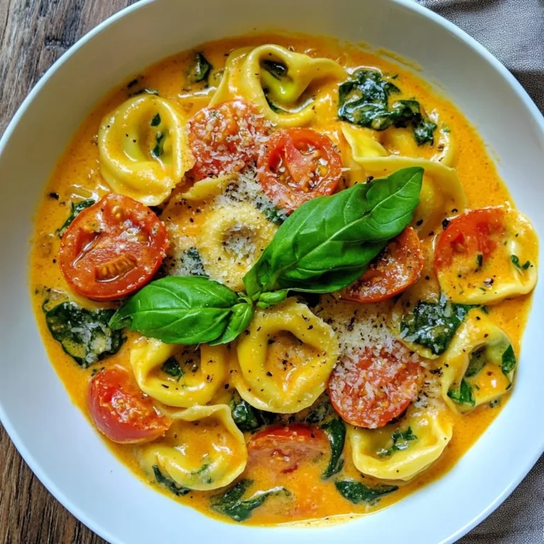 - 12 ounces cheese tortellini - 2 tablespoons olive oil - 3 cloves garlic, minced - 1 can (14.5 ounces) diced tomatoes, undrained - 1 cup heavy cream - 3 cups fresh spinach, roughly chopped The key ingredients make this dish rich and tasty. Cheese tortellini gives it a nice bite. It also provides a creamy texture when mixed with the sauce. Olive oil helps in sautéing and adds a lovely flavor. Garlic is a must for that aromatic base. Diced tomatoes add freshness and acidity. Heavy cream brings a smooth richness. Fresh spinach adds color and nutrients. - 1 teaspoon Italian seasoning - Salt and pepper to taste - ¼ cup grated Parmesan cheese - Fresh basil leaves for garnish Seasonings elevate the dish to new heights. Italian seasoning brings an herb-like depth. Salt and pepper enhance all the flavors in the dish. Grated Parmesan cheese melts into the sauce, giving it a savory punch. Fresh basil leaves are not just for looks; they add a bright aroma that complements the creamy sauce. These ingredients work together to create a comforting, satisfying meal that’s easy to prepare. {{ingredient_image_1}} To start, fill a large pot with water. Add a good amount of salt to it. Bring the water to a boil. Once boiling, add 12 ounces of cheese tortellini. Cook according to the package instructions. This usually takes about 3 to 5 minutes. You want the tortellini to be al dente, so keep an eye on it. After cooking, drain the tortellini and set it aside. Next, grab a large skillet. Set it over medium heat. Pour in 2 tablespoons of olive oil and let it warm up. Add 3 minced garlic cloves to the skillet. Sauté for about 1 minute. Stir often until the garlic smells great. Do not let it brown, as this can make it taste bitter. Now, it's time to make the sauce. Stir in one can of diced tomatoes with their juice. Then, add 1 cup of heavy cream. Bring this mixture to a gentle simmer. Stir it every now and then for about 5 minutes. After this, add 3 cups of roughly chopped fresh spinach. This will add color and nutrition. Cook for another 2 to 3 minutes until the spinach wilts. Season with salt and pepper to your taste. Once the sauce is ready, add the cooked tortellini to the skillet. Use a spatula to gently toss the tortellini. Make sure each piece gets coated with the creamy sauce. This step is key for flavor. You want it all mixed well. When serving, divide the creamy tortellini into bowls. For a pretty touch, sprinkle ¼ cup of grated Parmesan cheese on top. You can also add fresh basil leaves for garnish. This not only looks nice but also adds a fresh taste. Consider serving with a side of crusty bread or a simple salad for a complete meal. To get that rich, creamy texture, you can use half-and-half or whole milk if you prefer a lighter option. These alternatives will still give you a nice sauce but with less fat. If your sauce feels too thick, add a splash of pasta water. This starchy water helps loosen the sauce and keeps it creamy. If it’s too thin, let it simmer a bit longer to thicken up. To boost the flavor, consider adding a pinch of red pepper flakes for some heat. Fresh herbs like thyme or oregano work well, too. For a bright kick, a squeeze of lemon juice can add depth. When garnishing, sprinkle some extra grated Parmesan on top. A few fresh basil leaves not only look pretty but add a fresh taste that complements the dish. If you want to serve more people, just double the recipe. You will need a larger pot to cook the tortellini and a bigger skillet for the sauce. Keep an eye on the cooking times. You may need a little more time to heat everything through, but the process stays the same. Just make sure the sauce is hot and bubbly before you serve it. Pro Tips Fresh Spinach is Best: Using fresh spinach instead of frozen will enhance the flavor and texture of your dish. Adjust the Creaminess: If you prefer a lighter sauce, you can substitute half of the heavy cream with chicken or vegetable broth. Garnish for Flavor: Adding fresh basil not only looks great but also adds a burst of flavor that complements the dish. Cook Tortellini Right: Ensure you don’t overcook the tortellini; they should be al dente for the best texture in the final dish. {{image_2}} You can make your creamy tomato spinach tortellini heartier by adding protein. - Incorporating chicken or shrimp: Cook diced chicken or shrimp in the skillet before adding garlic. This adds flavor and makes the dish more filling. - Vegetarian protein options: Consider using chickpeas or white beans. These add protein without meat. Simply stir them in with the spinach. You can enjoy the same great taste while making it lighter. - Lower-calorie ingredient substitutes: Use half-and-half instead of heavy cream. This still gives a creamy feel but cuts calories. Try low-fat cheese for less fat in the dish. - Vegan alternatives: Swap heavy cream for coconut milk or cashew cream. Use nutritional yeast instead of Parmesan for a cheesy flavor. Using seasonal ingredients can bring fresh flavors to this dish. - Utilizing fresh produce exchanges: In summer, add zucchini or bell peppers. In winter, try kale or butternut squash. These veggies add color and taste. - Ideas for summer or winter variations: In summer, use fresh basil for garnish. In winter, add a pinch of nutmeg for warmth. This keeps the dish exciting all year round. To keep your creamy tomato spinach tortellini fresh, store it in an airtight container. This will help keep moisture in and prevent it from drying out. You can place the container in the fridge for up to three days. After that, the flavors may fade, and the dish may not taste as good. Always check for any off smells or changes in texture before eating. If you want to save some tortellini for later, freezing is a great option. First, let the dish cool down to room temperature. Then, transfer it to a freezer-safe container or heavy-duty freezer bags. Make sure to remove as much air as possible. You can freeze it for up to three months. When you're ready to eat, thaw it overnight in the fridge. To reheat, you can warm it on the stove over low heat, stirring often. Add a splash of cream or broth if it seems too thick. You can also microwave it in short bursts, stirring in between. This way, you will enjoy your creamy tomato spinach tortellini just like when you first made it! Yes, you can use frozen tortellini. Just cook it according to the package instructions. Frozen tortellini often cooks quickly. Make sure to adjust the cooking time. This will ensure it is tender and not overcooked. The dish will still be creamy and delicious. To spice things up, add red pepper flakes. Start with a pinch and adjust to taste. You can also use a spicy Italian sausage. Cooking the sausage with the garlic adds great flavor. Another option is to sprinkle some hot sauce before serving. This dish pairs well with a fresh salad. A simple green salad adds crunch. You can also serve garlic bread on the side. The bread is perfect for soaking up the sauce. For a heartier meal, add grilled chicken or shrimp. Heavy cream gives the dish a rich flavor. However, you can replace it with half-and-half. For a lighter version, use whole milk or a non-dairy option. Just keep in mind the sauce may be less creamy. You can prepare the sauce ahead of time. Store it in the fridge until ready to use. Just cook the tortellini fresh when serving. This keeps the dish creamy and well-textured. If you need to store the entire dish, reheat gently on low heat. In this post, we explored how to make creamy tomato spinach tortellini. We covered key ingredients, step-by-step instructions, and helpful tips. I shared variations to fit different tastes and dining occasions. Finally, we discussed storage methods to keep your dish fresh. This recipe is simple, delicious, and adaptable. You can enjoy it your way! Get creative and make it yours. Happy cooking!