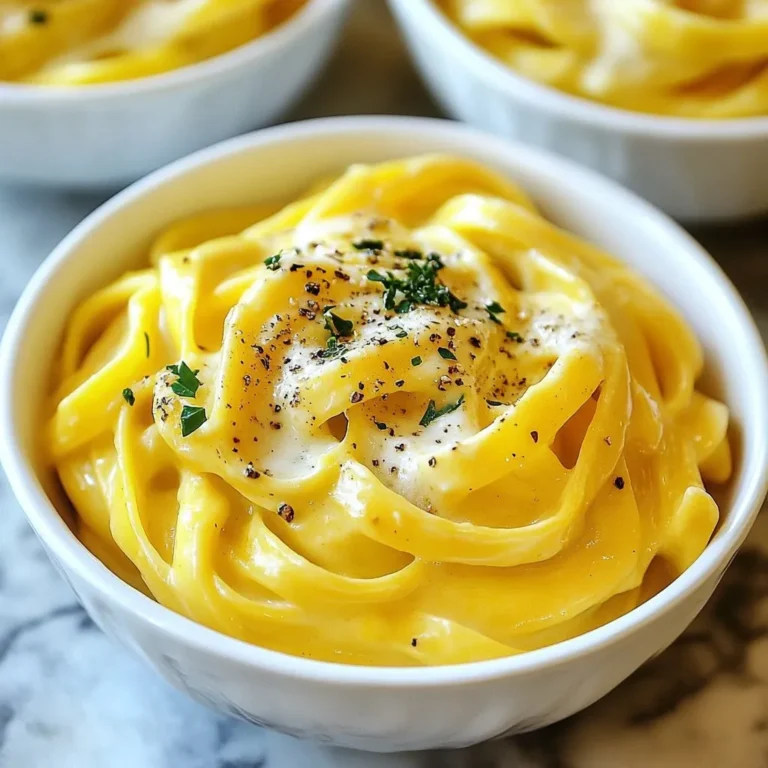 To make Creamy Pumpkin Alfredo Pasta, you need the following ingredients: - 12 oz fettuccine pasta - 1 cup pumpkin puree (canned or homemade) - 1 cup heavy cream - 1/2 cup grated Parmesan cheese - 1 teaspoon garlic powder - 1/2 teaspoon nutmeg - 1/2 teaspoon black pepper - 1/4 teaspoon salt (to taste) - 2 tablespoons olive oil - Fresh parsley for garnish Each ingredient plays a key role in creating this rich and flavorful meal. The fettuccine pasta gives a nice base for the sauce. Pumpkin puree adds a creamy texture and a hint of sweetness. Heavy cream makes the sauce rich and smooth. Parmesan cheese adds a salty, nutty flavor that blends well with pumpkin. Garlic powder brings out the savory notes, while nutmeg adds warmth. Black pepper gives a little kick. Salt helps enhance all these flavors. Olive oil is essential for cooking the puree and brings a fruity note. Finally, fresh parsley adds a pop of color and freshness on top. Make sure to gather all your ingredients before starting. This will help you cook smoothly and enjoy the process. {{ingredient_image_1}} To cook fettuccine to al dente, start with a large pot of boiling salted water. Add your 12 oz of fettuccine and stir it well. Check the package for cooking time, usually about 8 to 10 minutes. Taste a piece to see if it has a slight bite. That’s the al dente you want! After cooking, drain the pasta. Don’t forget to save 1/2 cup of that starchy pasta water. This water is gold for your sauce. In a large skillet, heat 2 tablespoons of olive oil over medium heat. Once hot, add 1 cup of pumpkin puree. Stir it for about 2 minutes to warm it up. Then, lower the heat and slowly pour in 1 cup of heavy cream. Mix it well until blended. Next, gradually add 1/2 cup of grated Parmesan cheese. Keep stirring until it melts and the sauce is creamy. This step is key for a rich flavor. Now it's time to bring it all together! Add the drained fettuccine to the skillet with the pumpkin Alfredo sauce. Toss gently to coat each piece of pasta. If the sauce feels too thick, add a splash of your reserved pasta water. This will help you reach that perfect creamy consistency. You want every bite to be delicious and well-coated! To keep your sauce creamy, watch the heat. Use medium-low heat when adding the cream. If it gets too hot, it might separate. Stir slowly and keep it smooth. You can adjust the seasoning to fit your taste. If you love garlic, add more garlic powder. If you want it spicy, sprinkle in some cayenne pepper. Always taste as you go. This helps you find the best flavor. Garnishing adds a nice touch. Use fresh parsley to sprinkle on top. It brings color and freshness to your dish. You can also add extra Parmesan for a cheesy finish. Serve in deep bowls for an elegant look. Drizzle a bit of olive oil on top. This simple step makes your meal look fancy and inviting. Pro Tips Use Fresh Pumpkin: If possible, use fresh pumpkin instead of canned for a richer flavor. Roast and puree it for the best results. Adjust Consistency: If the sauce is too thick, gradually add the reserved pasta water until you achieve your desired creaminess. Enhance Flavor: Add a pinch of cinnamon or clove for an extra layer of warmth and complexity in the sauce. Garnish Wisely: Fresh herbs like sage or thyme can elevate the dish; consider tossing some in before serving for added aroma. {{image_2}} You can make this dish fit many diets. For vegan options, use dairy-free cream and cheese. This change keeps the dish creamy without animal products. You can find these in most stores. They taste great and still blend well with the pumpkin. If you need gluten-free pasta, try rice or corn pasta. These options cook well and hold the sauce nicely. You'll still enjoy the rich taste of the Alfredo sauce with pumpkin. To add more flavor, toss in sautéed vegetables. Spinach and mushrooms work well. They add texture and nutrients. Just sauté them in olive oil before mixing them into the sauce. You can also spice it up! Add cayenne for heat or Italian seasoning for a twist. A pinch of these spices brings new life to the creamy sauce. Just start with a little and adjust to your taste. To keep your creamy pumpkin Alfredo pasta fresh, follow these steps: - Cool the leftovers: Let the pasta sit at room temperature for about 30 minutes. This helps prevent condensation in the container. - Use airtight containers: Store the pasta in a glass or plastic container with a tight lid. This keeps moisture out and food safe. - Refrigerate promptly: Place the container in the fridge within two hours. This helps prevent bacterial growth. Reheating pasta can be tricky. You want it warm without drying out. Here are some great methods: - Stovetop method: Add the pasta to a skillet over low heat. Add a splash of water or cream to help it stay moist. Stir gently until warm. - Microwave method: Place the pasta in a microwave-safe dish. Add a little cream or water. Cover with a damp paper towel to trap steam. Heat in 30-second intervals, stirring in between, until hot. - Oven method: Preheat your oven to 350°F (175°C). Place the pasta in a baking dish, cover with foil, and heat for about 15 minutes. This keeps the pasta from drying out. These methods keep your creamy pumpkin Alfredo pasta delicious and ready to enjoy again! Can I use other types of pasta? Yes, you can use other pasta shapes. Penne, rigatoni, or even whole wheat pasta work well. Just adjust the cooking time based on the type you choose. Is this dish suitable for meal prep? Absolutely! Creamy Pumpkin Alfredo Pasta is great for meal prep. Store it in airtight containers in the fridge for up to three days. Just reheat gently on the stove or in the microwave. What can I substitute for pumpkin puree? If you don't have pumpkin puree, try using butternut squash puree or sweet potato puree. Both options will give a similar creamy texture and flavor. How do I make it spicier? To spice it up, add a pinch of cayenne pepper or red pepper flakes. You can also mix in some chopped jalapeños for a fresh kick. Adjust the heat to your liking! Creamy Pumpkin Alfredo Pasta is a simple and tasty dish you can make at home. We covered key ingredients, step-by-step cooking, and helpful tips for perfecting it. Remember to customize the recipe with your favorite mix-ins or adjust for dietary needs. Store leftovers carefully for quick meals later. Enjoy making this creamy dish anytime you crave comfort food!