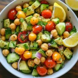 - 1 can (15 oz) chickpeas, drained and rinsed - 2 ripe avocados, diced - 1 cup cherry tomatoes, halved - 1 cup cucumber, diced - 1/4 red onion, finely chopped - 1/4 cup fresh parsley, chopped - 1 tablespoon olive oil - 2 tablespoons lemon juice - 1 teaspoon cumin powder - Salt and pepper to taste You can add many tasty items to this salad. Here are some ideas: - Feta cheese for creaminess - Bell peppers for crunch - Cooked quinoa for added protein - Spinach for extra greens - Jalape&ntilde;os for a spicy kick Each serving provides a healthy mix of nutrients: - Calories: 250 - Protein: 8g - Carbohydrates: 30g - Dietary Fiber: 10g - Fat: 12g - Vitamins A and C, potassium, and folate are also present. This salad is a great way to enjoy fresh foods while getting your nutrients! {{ingredient_image_1}} Start by gathering your fresh vegetables. You will need ripe avocados, cherry tomatoes, cucumbers, red onion, and parsley. 1. Chickpeas: Open the can of chickpeas. Drain them well and rinse under cold water. This helps remove excess salt. 2. Avocados: Slice each avocado in half. Remove the pit and scoop the flesh out. Dice it into bite-sized pieces. 3. Cherry Tomatoes: Cut each cherry tomato in half. This adds color and freshness to the salad. 4. Cucumber: Wash and peel the cucumber if you like. Cut it into small cubes. 5. Red Onion: Chop the red onion finely. This will give a nice bite to the salad. 6. Parsley: Rinse and chop the fresh parsley. It adds a bright flavor. Now, take a large mixing bowl. 1. Combine the drained chickpeas, diced avocados, halved cherry tomatoes, diced cucumber, chopped red onion, and parsley. 2. Gently mix everything together. Be careful not to mash the avocados. For the dressing, you need a small bowl. 1. Add olive oil, lemon juice, cumin powder, salt, and pepper to the bowl. 2. Whisk these ingredients until they blend well. This dressing will brighten your salad. 3. Drizzle the dressing over the chickpea and vegetable mix. 4. Toss everything gently to coat the ingredients evenly. Taste your salad. If you want, you can add more salt, pepper, or lemon juice. Let the salad sit for about 10 minutes. This helps the flavors blend. Serve it chilled or at room temperature. Enjoy your fresh and tasty avocado chickpea salad! To pick a ripe avocado, look for a dark green color. Gently squeeze the avocado in your palm. If it yields slightly, it is ripe. Avoid avocados that feel very soft or have dark spots. These signs mean they may be overripe. Store your avocado chickpea salad in a sealed container. This keeps it fresh and tasty. If you have leftovers, add a bit more lemon juice. This helps prevent the avocados from browning. Keep the salad in the fridge for up to two days. For extra flavor, try adding herbs like dill or cilantro. You can also use spices such as smoked paprika or chili powder. These will give your salad a nice kick. Taste the salad before serving. Adjust with more salt, pepper, or lemon juice as needed. This ensures it&rsquo;s perfect for your palate! Pro Tips Choose Ripe Avocados: Look for avocados that yield slightly to gentle pressure. This ensures a creamy texture that pairs perfectly with the chickpeas. Add Flavor Variations: Experiment with additional ingredients like feta cheese, olives, or bell peppers for a unique twist on this refreshing salad. Use Fresh Herbs: Fresh parsley gives a burst of flavor, but feel free to substitute with cilantro or basil for a different taste profile. Serve Cold: For the best flavor, let the salad chill in the refrigerator for at least 10 minutes before serving to let the ingredients meld together. {{image_2}} You can boost the protein in your avocado chickpea salad. Adding diced chicken gives it a hearty touch. Grilled chicken works best for a smoky flavor. If you prefer plant-based options, try cubed tofu. Tofu absorbs flavors well and adds a nice texture. You can also use canned tuna for a quick protein boost. Each option enhances the salad's taste and keeps you full longer. Feel free to mix in different vegetables. Bell peppers add crunch and color. Sweet corn brings a burst of sweetness. You can also add shredded carrots for extra fiber and vitamins. Using seasonal veggies makes your salad fresh and exciting. Consider adding radishes for a peppery kick, or even some spinach for a leafy green boost. Switching up the dressing can change the whole vibe of the salad. Greek yogurt makes a creamy, tangy option. It adds protein and makes the salad rich. Tahini is another great choice. This sesame paste adds a nutty flavor and thick texture. You can also mix in some honey or mustard for added taste. Experimenting with dressings keeps your salad fun and new each time. To store leftover avocado chickpea salad, place it in an airtight container. This helps keep the flavors fresh. Make sure to seal it tightly. Use the salad within two days for the best taste. If you see browning on the avocado, you can scrape it off. The chickpeas and veggies will still taste great. Freezing avocado chickpea salad is not ideal. Avocados can get mushy when thawed. However, you can freeze the chickpeas and vegetables separately. Drain and rinse the chickpeas, then place them in a freezer bag. For veggies like cucumbers and tomatoes, it's best to use them fresh. They do not freeze well. For storing salad, I recommend using glass containers. They do not hold odors and are easy to clean. If you prefer plastic, choose BPA-free options. These containers should have tight-fitting lids to keep air out. This way, your salad stays fresh longer. Yes, you can make this salad ahead of time. Just mix all the ingredients, but keep the dressing separate. If you mix it too early, the avocados may brown. Store the salad in the fridge for up to 24 hours. When ready to eat, add the dressing and toss gently. If you do not have chickpeas, you can use white beans or black beans. They give a nice texture and flavor. You can also try lentils for a different twist. Just be sure to cook them before adding to the salad. Yes, this salad is perfect for a vegan diet. It contains no animal products. The avocados and chickpeas provide healthy fats and protein. Enjoy this dish as a filling meal or a side. This blog post covered how to make a tasty salad. We discussed the key ingredients, the steps for preparing your salad, and tips for the best flavor. You learned about ripe avocados and how to store your salad well. We also explored variations to suit your taste and answered common questions about prep and substitutions. Overall, making a good salad is simple. You can customize it to fit your needs and enjoy it fresh. Enjoy your next salad adventure!