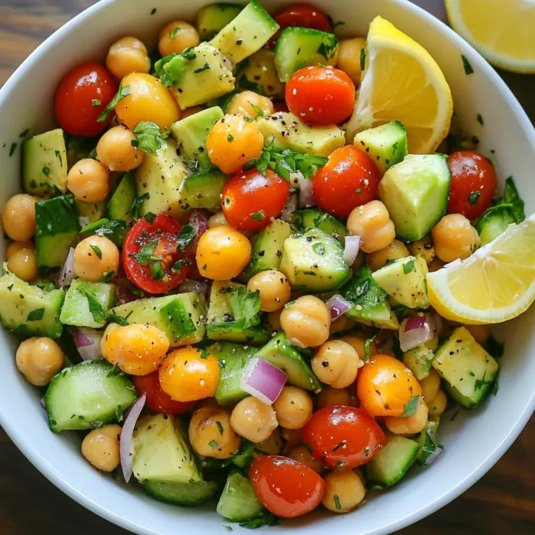 - 1 can (15 oz) chickpeas, drained and rinsed - 2 ripe avocados, diced - 1 cup cherry tomatoes, halved - 1 cup cucumber, diced - 1/4 red onion, finely chopped - 1/4 cup fresh parsley, chopped - 1 tablespoon olive oil - 2 tablespoons lemon juice - 1 teaspoon cumin powder - Salt and pepper to taste You can add many tasty items to this salad. Here are some ideas: - Feta cheese for creaminess - Bell peppers for crunch - Cooked quinoa for added protein - Spinach for extra greens - Jalapeños for a spicy kick Each serving provides a healthy mix of nutrients: - Calories: 250 - Protein: 8g - Carbohydrates: 30g - Dietary Fiber: 10g - Fat: 12g - Vitamins A and C, potassium, and folate are also present. This salad is a great way to enjoy fresh foods while getting your nutrients! {{ingredient_image_1}} Start by gathering your fresh vegetables. You will need ripe avocados, cherry tomatoes, cucumbers, red onion, and parsley. 1. Chickpeas: Open the can of chickpeas. Drain them well and rinse under cold water. This helps remove excess salt. 2. Avocados: Slice each avocado in half. Remove the pit and scoop the flesh out. Dice it into bite-sized pieces. 3. Cherry Tomatoes: Cut each cherry tomato in half. This adds color and freshness to the salad. 4. Cucumber: Wash and peel the cucumber if you like. Cut it into small cubes. 5. Red Onion: Chop the red onion finely. This will give a nice bite to the salad. 6. Parsley: Rinse and chop the fresh parsley. It adds a bright flavor. Now, take a large mixing bowl. 1. Combine the drained chickpeas, diced avocados, halved cherry tomatoes, diced cucumber, chopped red onion, and parsley. 2. Gently mix everything together. Be careful not to mash the avocados. For the dressing, you need a small bowl. 1. Add olive oil, lemon juice, cumin powder, salt, and pepper to the bowl. 2. Whisk these ingredients until they blend well. This dressing will brighten your salad. 3. Drizzle the dressing over the chickpea and vegetable mix. 4. Toss everything gently to coat the ingredients evenly. Taste your salad. If you want, you can add more salt, pepper, or lemon juice. Let the salad sit for about 10 minutes. This helps the flavors blend. Serve it chilled or at room temperature. Enjoy your fresh and tasty avocado chickpea salad! To pick a ripe avocado, look for a dark green color. Gently squeeze the avocado in your palm. If it yields slightly, it is ripe. Avoid avocados that feel very soft or have dark spots. These signs mean they may be overripe. Store your avocado chickpea salad in a sealed container. This keeps it fresh and tasty. If you have leftovers, add a bit more lemon juice. This helps prevent the avocados from browning. Keep the salad in the fridge for up to two days. For extra flavor, try adding herbs like dill or cilantro. You can also use spices such as smoked paprika or chili powder. These will give your salad a nice kick. Taste the salad before serving. Adjust with more salt, pepper, or lemon juice as needed. This ensures it’s perfect for your palate! Pro Tips Choose Ripe Avocados: Look for avocados that yield slightly to gentle pressure. This ensures a creamy texture that pairs perfectly with the chickpeas. Add Flavor Variations: Experiment with additional ingredients like feta cheese, olives, or bell peppers for a unique twist on this refreshing salad. Use Fresh Herbs: Fresh parsley gives a burst of flavor, but feel free to substitute with cilantro or basil for a different taste profile. Serve Cold: For the best flavor, let the salad chill in the refrigerator for at least 10 minutes before serving to let the ingredients meld together. {{image_2}} You can boost the protein in your avocado chickpea salad. Adding diced chicken gives it a hearty touch. Grilled chicken works best for a smoky flavor. If you prefer plant-based options, try cubed tofu. Tofu absorbs flavors well and adds a nice texture. You can also use canned tuna for a quick protein boost. Each option enhances the salad's taste and keeps you full longer. Feel free to mix in different vegetables. Bell peppers add crunch and color. Sweet corn brings a burst of sweetness. You can also add shredded carrots for extra fiber and vitamins. Using seasonal veggies makes your salad fresh and exciting. Consider adding radishes for a peppery kick, or even some spinach for a leafy green boost. Switching up the dressing can change the whole vibe of the salad. Greek yogurt makes a creamy, tangy option. It adds protein and makes the salad rich. Tahini is another great choice. This sesame paste adds a nutty flavor and thick texture. You can also mix in some honey or mustard for added taste. Experimenting with dressings keeps your salad fun and new each time. To store leftover avocado chickpea salad, place it in an airtight container. This helps keep the flavors fresh. Make sure to seal it tightly. Use the salad within two days for the best taste. If you see browning on the avocado, you can scrape it off. The chickpeas and veggies will still taste great. Freezing avocado chickpea salad is not ideal. Avocados can get mushy when thawed. However, you can freeze the chickpeas and vegetables separately. Drain and rinse the chickpeas, then place them in a freezer bag. For veggies like cucumbers and tomatoes, it's best to use them fresh. They do not freeze well. For storing salad, I recommend using glass containers. They do not hold odors and are easy to clean. If you prefer plastic, choose BPA-free options. These containers should have tight-fitting lids to keep air out. This way, your salad stays fresh longer. Yes, you can make this salad ahead of time. Just mix all the ingredients, but keep the dressing separate. If you mix it too early, the avocados may brown. Store the salad in the fridge for up to 24 hours. When ready to eat, add the dressing and toss gently. If you do not have chickpeas, you can use white beans or black beans. They give a nice texture and flavor. You can also try lentils for a different twist. Just be sure to cook them before adding to the salad. Yes, this salad is perfect for a vegan diet. It contains no animal products. The avocados and chickpeas provide healthy fats and protein. Enjoy this dish as a filling meal or a side. This blog post covered how to make a tasty salad. We discussed the key ingredients, the steps for preparing your salad, and tips for the best flavor. You learned about ripe avocados and how to store your salad well. We also explored variations to suit your taste and answered common questions about prep and substitutions. Overall, making a good salad is simple. You can customize it to fit your needs and enjoy it fresh. Enjoy your next salad adventure!