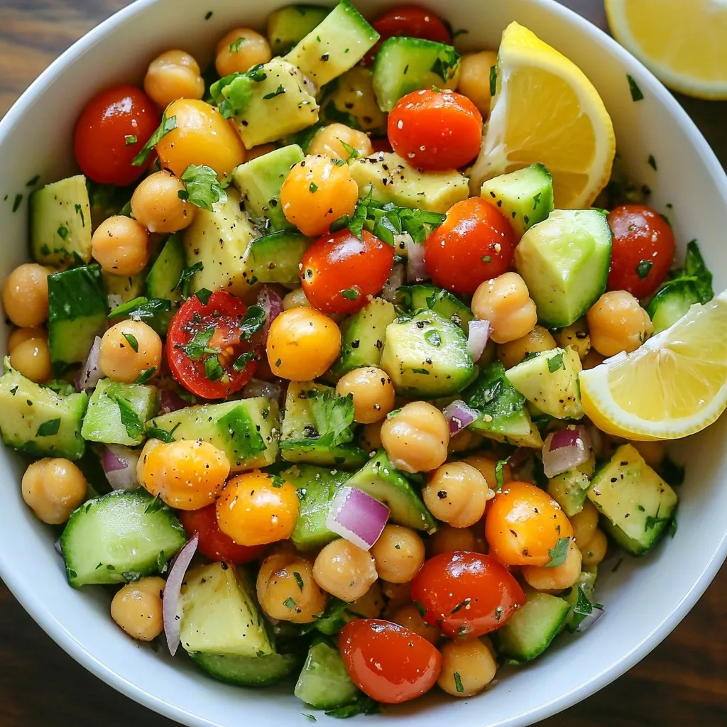- 1 can (15 oz) chickpeas, drained and rinsed - 2 ripe avocados, diced - 1 cup cherry tomatoes, halved - 1 cup cucumber, diced - 1/4 red onion, finely chopped - 1/4 cup fresh parsley, chopped - 1 tablespoon olive oil - 2 tablespoons lemon juice - 1 teaspoon cumin powder - Salt and pepper to taste You can add many tasty items to this salad. Here are some ideas: - Feta cheese for creaminess - Bell peppers for crunch - Cooked quinoa for added protein - Spinach for extra greens - Jalape&ntilde;os for a spicy kick Each serving provides a healthy mix of nutrients: - Calories: 250 - Protein: 8g - Carbohydrates: 30g - Dietary Fiber: 10g - Fat: 12g - Vitamins A and C, potassium, and folate are also present. This salad is a great way to enjoy fresh foods while getting your nutrients! {{ingredient_image_1}} Start by gathering your fresh vegetables. You will need ripe avocados, cherry tomatoes, cucumbers, red onion, and parsley. 1. Chickpeas: Open the can of chickpeas. Drain them well and rinse under cold water. This helps remove excess salt. 2. Avocados: Slice each avocado in half. Remove the pit and scoop the flesh out. Dice it into bite-sized pieces. 3. Cherry Tomatoes: Cut each cherry tomato in half. This adds color and freshness to the salad. 4. Cucumber: Wash and peel the cucumber if you like. Cut it into small cubes. 5. Red Onion: Chop the red onion finely. This will give a nice bite to the salad. 6. Parsley: Rinse and chop the fresh parsley. It adds a bright flavor. Now, take a large mixing bowl. 1. Combine the drained chickpeas, diced avocados, halved cherry tomatoes, diced cucumber, chopped red onion, and parsley. 2. Gently mix everything together. Be careful not to mash the avocados. For the dressing, you need a small bowl. 1. Add olive oil, lemon juice, cumin powder, salt, and pepper to the bowl. 2. Whisk these ingredients until they blend well. This dressing will brighten your salad. 3. Drizzle the dressing over the chickpea and vegetable mix. 4. Toss everything gently to coat the ingredients evenly. Taste your salad. If you want, you can add more salt, pepper, or lemon juice. Let the salad sit for about 10 minutes. This helps the flavors blend. Serve it chilled or at room temperature. Enjoy your fresh and tasty avocado chickpea salad! To pick a ripe avocado, look for a dark green color. Gently squeeze the avocado in your palm. If it yields slightly, it is ripe. Avoid avocados that feel very soft or have dark spots. These signs mean they may be overripe. Store your avocado chickpea salad in a sealed container. This keeps it fresh and tasty. If you have leftovers, add a bit more lemon juice. This helps prevent the avocados from browning. Keep the salad in the fridge for up to two days. For extra flavor, try adding herbs like dill or cilantro. You can also use spices such as smoked paprika or chili powder. These will give your salad a nice kick. Taste the salad before serving. Adjust with more salt, pepper, or lemon juice as needed. This ensures it&rsquo;s perfect for your palate! Pro Tips Choose Ripe Avocados: Look for avocados that yield slightly to gentle pressure. This ensures a creamy texture that pairs perfectly with the chickpeas. Add Flavor Variations: Experiment with additional ingredients like feta cheese, olives, or bell peppers for a unique twist on this refreshing salad. Use Fresh Herbs: Fresh parsley gives a burst of flavor, but feel free to substitute with cilantro or basil for a different taste profile. Serve Cold: For the best flavor, let the salad chill in the refrigerator for at least 10 minutes before serving to let the ingredients meld together. {{image_2}} You can boost the protein in your avocado chickpea salad. Adding diced chicken gives it a hearty touch. Grilled chicken works best for a smoky flavor. If you prefer plant-based options, try cubed tofu. Tofu absorbs flavors well and adds a nice texture. You can also use canned tuna for a quick protein boost. Each option enhances the salad's taste and keeps you full longer. Feel free to mix in different vegetables. Bell peppers add crunch and color. Sweet corn brings a burst of sweetness. You can also add shredded carrots for extra fiber and vitamins. Using seasonal veggies makes your salad fresh and exciting. Consider adding radishes for a peppery kick, or even some spinach for a leafy green boost. Switching up the dressing can change the whole vibe of the salad. Greek yogurt makes a creamy, tangy option. It adds protein and makes the salad rich. Tahini is another great choice. This sesame paste adds a nutty flavor and thick texture. You can also mix in some honey or mustard for added taste. Experimenting with dressings keeps your salad fun and new each time. To store leftover avocado chickpea salad, place it in an airtight container. This helps keep the flavors fresh. Make sure to seal it tightly. Use the salad within two days for the best taste. If you see browning on the avocado, you can scrape it off. The chickpeas and veggies will still taste great. Freezing avocado chickpea salad is not ideal. Avocados can get mushy when thawed. However, you can freeze the chickpeas and vegetables separately. Drain and rinse the chickpeas, then place them in a freezer bag. For veggies like cucumbers and tomatoes, it's best to use them fresh. They do not freeze well. For storing salad, I recommend using glass containers. They do not hold odors and are easy to clean. If you prefer plastic, choose BPA-free options. These containers should have tight-fitting lids to keep air out. This way, your salad stays fresh longer. Yes, you can make this salad ahead of time. Just mix all the ingredients, but keep the dressing separate. If you mix it too early, the avocados may brown. Store the salad in the fridge for up to 24 hours. When ready to eat, add the dressing and toss gently. If you do not have chickpeas, you can use white beans or black beans. They give a nice texture and flavor. You can also try lentils for a different twist. Just be sure to cook them before adding to the salad. Yes, this salad is perfect for a vegan diet. It contains no animal products. The avocados and chickpeas provide healthy fats and protein. Enjoy this dish as a filling meal or a side. This blog post covered how to make a tasty salad. We discussed the key ingredients, the steps for preparing your salad, and tips for the best flavor. You learned about ripe avocados and how to store your salad well. We also explored variations to suit your taste and answered common questions about prep and substitutions. Overall, making a good salad is simple. You can customize it to fit your needs and enjoy it fresh. Enjoy your next salad adventure!