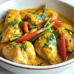 - 1.5 lbs boneless chicken thighs - 1 can (14 oz) coconut milk - 2 tablespoons red curry paste - 1 tablespoon fresh ginger, minced - 3 cloves garlic, minced - 1 medium onion, diced - 1 red bell pepper, sliced - 1 cup green beans, trimmed and halved - 2 tablespoons soy sauce - 1 tablespoon brown sugar - 1 teaspoon turmeric powder - 1 teaspoon salt - 2 tablespoons vegetable oil - Fresh cilantro, for garnish You can swap chicken thighs for chicken breast if you prefer. Canned coconut milk can be replaced with homemade coconut milk. For a less spicy dish, use mild curry paste or skip it. Fresh ginger works best, but ground ginger is okay in a pinch. Don’t have red bell pepper? Use yellow or green instead. For a vegetarian option, try tofu or chickpeas. An Instant Pot is key for this recipe. A cutting board and knife make prep easy. Use measuring spoons and cups for accuracy. A wooden spoon helps mix ingredients well. Finally, a serving spoon is great for ladling out your curry. {{ingredient_image_1}} Start by turning on your Instant Pot. Set it to 'Sauté' mode. Add two tablespoons of vegetable oil to the pot. Let it heat up for a minute or so. Once hot, toss in the diced onion. Sauté until the onion turns golden brown, which takes about three to four minutes. This step builds a great base flavor. Next, stir in the minced garlic and ginger. Cook these together for one minute. You want to smell their bright, fresh aroma. After that, add the chicken thighs to the pot. Mix them well with the onion, garlic, and ginger. Sauté everything for about five minutes. The chicken should be browned on the outside, but it does not need to be cooked through yet. Now, it’s time to add the spices. Mix in the red curry paste and turmeric powder. Make sure the chicken pieces are coated evenly. Then, pour in the can of coconut milk, soy sauce, and brown sugar. Stir everything together until combined. Next, add the sliced red bell pepper and green beans on top of the mix. Do not stir them in. This keeps them tender during cooking. Now, secure the lid on the Instant Pot and set the valve to 'Sealing'. Cook on 'Manual' or 'Pressure Cook' mode for eight minutes. Always double-check that the lid is on tightly. The valve must be set to 'Sealing' for proper pressure cooking. Eight minutes is perfect for this recipe. It cooks the chicken fully while keeping the veggies bright. Once the cooking is done, let the pot sit for five minutes. This is called natural release. After five minutes, carefully quick release any remaining pressure. Open the lid and give everything a good stir. Taste it and adjust the seasoning if needed. Now, your Instant Pot coconut curry chicken is ready to serve! Enjoy it hot, garnished with fresh cilantro. - Adjusting spice levels: Start with two tablespoons of red curry paste. Taste after cooking. Add more if you want it spicier. You can also add a pinch of cayenne for heat. - Enhancing coconut taste: Use full-fat coconut milk for richness. You can also add a splash of coconut cream before serving. This gives it a nice creamy texture. - Achieving desired thickness: If your curry is too thin, use the sauté mode after cooking. Let it simmer for a few minutes. This reduces liquid and thickens the sauce. - Best practices for Instant Pot cooking: Always ensure the sealing ring is in place. This helps to trap steam. Use the right amount of liquid. Too little can cause burning. - Tips for re-heating leftovers: Use the sauté mode to warm. Stir often to prevent sticking. Add a splash of water or coconut milk to keep it moist. - Garnishing techniques: Fresh cilantro adds color and flavor. Sprinkle it on just before serving. You can also add lime wedges for a zesty touch. - Serving suggestions: Serve with jasmine rice or quinoa. This pairs well with the coconut curry. A side of steamed veggies adds color and crunch. Pro Tips Use Fresh Ingredients: Fresh ginger and garlic will significantly enhance the flavors of your curry. Whenever possible, opt for fresh over powdered ingredients. Adjust Spice Level: If you prefer a milder curry, reduce the amount of red curry paste. You can always add more later if you want extra heat. Let It Rest: After cooking, allowing the curry to sit for a few minutes helps the flavors meld together, making the dish even more delicious. Garnish Wisely: Fresh cilantro adds a burst of flavor and color to your dish. Consider adding a squeeze of lime juice for added brightness just before serving. {{image_2}} You can switch up the protein in this dish easily. Using shrimp adds a nice seafood twist. Simply sauté shrimp in the pot for a few minutes until they turn pink. Tofu is another great option. Use firm tofu and cut it into cubes. Sauté it until golden brown. If you want to skip meat, load up on vegetables. Broccoli, zucchini, or mushrooms work great in coconut curry. Want to explore new flavors? Try adding Thai or Indian spices. For a Thai twist, add lemon grass. It gives a fresh taste. If you prefer Indian spices, consider adding garam masala or cumin. These spices enhance the dish’s warmth. You can also squeeze some lime juice for brightness. It balances the flavors and makes it pop. How you serve this dish makes a big difference. Pair it with jasmine rice or rice noodles. They soak up the sauce perfectly. For a healthy side, try steamed broccoli or a fresh salad. These options add color and more nutrients to your meal. Enjoy this dish with your favorite sides for a complete dining experience! To keep your Instant Pot coconut curry chicken fresh, store it properly. First, let it cool down to room temperature. Then, place it in airtight containers. Glass or BPA-free plastic work well. Make sure to seal them tightly to keep out air. This helps prevent spoilage and keeps flavors intact. If you want to save some for later, freezing is a great option. Pour the curry into freezer-safe bags or containers. Leave some space at the top, as liquids expand when frozen. Label the bags with the date. For reheating, thaw it overnight in the fridge. Then, heat it gently on the stove or in the microwave until hot. In the fridge, your coconut curry chicken lasts about 3 to 4 days. Always check for signs of spoilage, like an off smell or strange color. If it looks or smells bad, it’s best to toss it. Enjoy your delicious dish, but always keep safety in mind! Yes, you can substitute coconut milk. Use almond milk or soy milk for a lighter option. If you want a thick texture, use heavy cream or Greek yogurt. Keep in mind that these options change the taste. Coconut milk gives a unique flavor that makes this dish special. If you don't have red curry paste, consider using yellow curry paste or green curry paste. They will give a different taste but still work well. You can also mix chili powder with some ginger and garlic for a quick fix. Just remember that the flavor will change a bit. To make this dish spicy, you can add some cayenne pepper or red pepper flakes. Start with a little, then add more to your taste. - Recommended spices to add: - Cayenne pepper - Red pepper flakes - Chopped fresh chilies To adjust the cooking method for heat, add the spices during the sauté stage. This way, the heat blends well into the dish. Avoid adding them after cooking, as the heat won't mix well. Enjoy your spicy coconut curry! This blog post covers a delicious Instant Pot chicken recipe. You now know the key ingredients, cooking steps, tips, and variations. With the right tools and techniques, you'll create a flavorful dish every time. Remember to explore substitutions and pair your meal with rice or noodles for a complete experience. Proper storage is also vital to keep leftovers fresh. Get creative and enjoy your cooking journey! You can tailor the flavors to what you love. Let your taste buds lead the way.