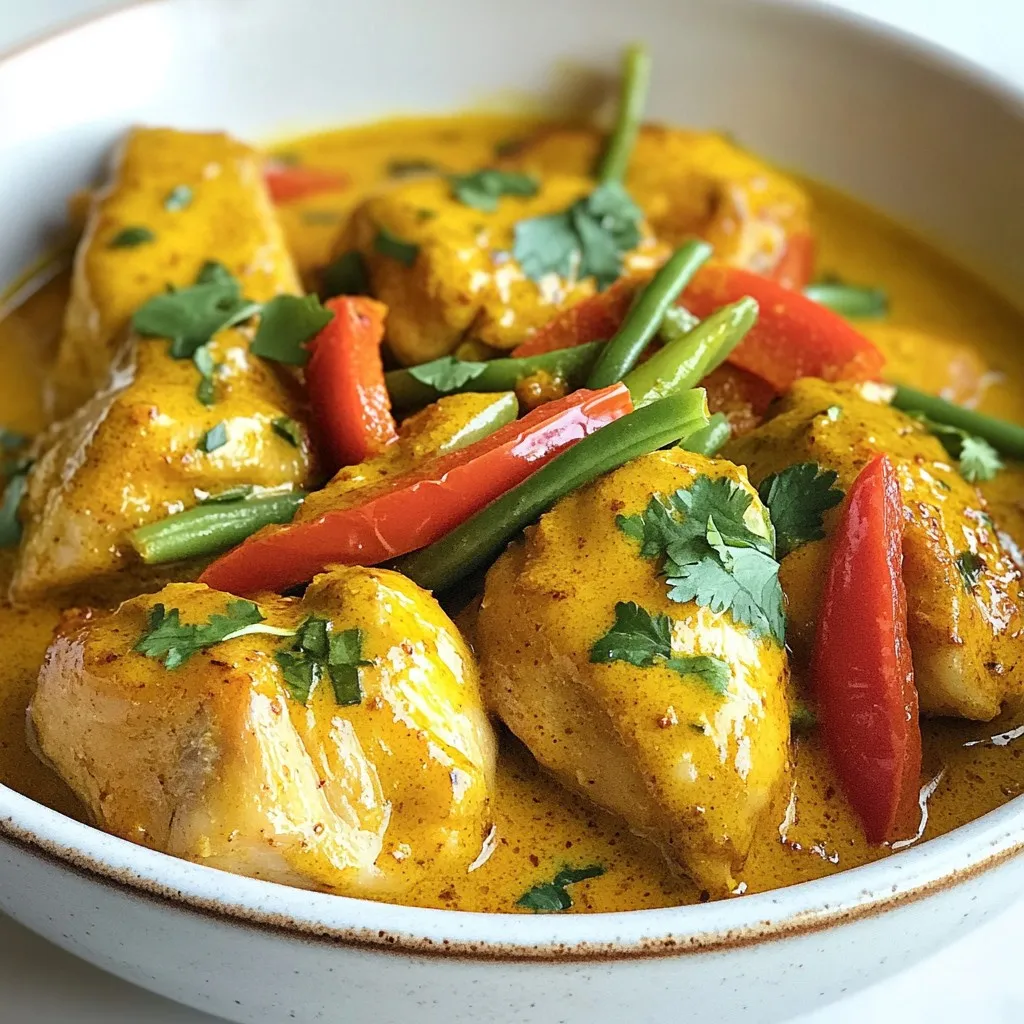 - 1.5 lbs boneless chicken thighs - 1 can (14 oz) coconut milk - 2 tablespoons red curry paste - 1 tablespoon fresh ginger, minced - 3 cloves garlic, minced - 1 medium onion, diced - 1 red bell pepper, sliced - 1 cup green beans, trimmed and halved - 2 tablespoons soy sauce - 1 tablespoon brown sugar - 1 teaspoon turmeric powder - 1 teaspoon salt - 2 tablespoons vegetable oil - Fresh cilantro, for garnish You can swap chicken thighs for chicken breast if you prefer. Canned coconut milk can be replaced with homemade coconut milk. For a less spicy dish, use mild curry paste or skip it. Fresh ginger works best, but ground ginger is okay in a pinch. Don’t have red bell pepper? Use yellow or green instead. For a vegetarian option, try tofu or chickpeas. An Instant Pot is key for this recipe. A cutting board and knife make prep easy. Use measuring spoons and cups for accuracy. A wooden spoon helps mix ingredients well. Finally, a serving spoon is great for ladling out your curry. {{ingredient_image_1}} Start by turning on your Instant Pot. Set it to 'Sauté' mode. Add two tablespoons of vegetable oil to the pot. Let it heat up for a minute or so. Once hot, toss in the diced onion. Sauté until the onion turns golden brown, which takes about three to four minutes. This step builds a great base flavor. Next, stir in the minced garlic and ginger. Cook these together for one minute. You want to smell their bright, fresh aroma. After that, add the chicken thighs to the pot. Mix them well with the onion, garlic, and ginger. Sauté everything for about five minutes. The chicken should be browned on the outside, but it does not need to be cooked through yet. Now, it’s time to add the spices. Mix in the red curry paste and turmeric powder. Make sure the chicken pieces are coated evenly. Then, pour in the can of coconut milk, soy sauce, and brown sugar. Stir everything together until combined. Next, add the sliced red bell pepper and green beans on top of the mix. Do not stir them in. This keeps them tender during cooking. Now, secure the lid on the Instant Pot and set the valve to 'Sealing'. Cook on 'Manual' or 'Pressure Cook' mode for eight minutes. Always double-check that the lid is on tightly. The valve must be set to 'Sealing' for proper pressure cooking. Eight minutes is perfect for this recipe. It cooks the chicken fully while keeping the veggies bright. Once the cooking is done, let the pot sit for five minutes. This is called natural release. After five minutes, carefully quick release any remaining pressure. Open the lid and give everything a good stir. Taste it and adjust the seasoning if needed. Now, your Instant Pot coconut curry chicken is ready to serve! Enjoy it hot, garnished with fresh cilantro. - Adjusting spice levels: Start with two tablespoons of red curry paste. Taste after cooking. Add more if you want it spicier. You can also add a pinch of cayenne for heat. - Enhancing coconut taste: Use full-fat coconut milk for richness. You can also add a splash of coconut cream before serving. This gives it a nice creamy texture. - Achieving desired thickness: If your curry is too thin, use the sauté mode after cooking. Let it simmer for a few minutes. This reduces liquid and thickens the sauce. - Best practices for Instant Pot cooking: Always ensure the sealing ring is in place. This helps to trap steam. Use the right amount of liquid. Too little can cause burning. - Tips for re-heating leftovers: Use the sauté mode to warm. Stir often to prevent sticking. Add a splash of water or coconut milk to keep it moist. - Garnishing techniques: Fresh cilantro adds color and flavor. Sprinkle it on just before serving. You can also add lime wedges for a zesty touch. - Serving suggestions: Serve with jasmine rice or quinoa. This pairs well with the coconut curry. A side of steamed veggies adds color and crunch. Pro Tips Use Fresh Ingredients: Fresh ginger and garlic will significantly enhance the flavors of your curry. Whenever possible, opt for fresh over powdered ingredients. Adjust Spice Level: If you prefer a milder curry, reduce the amount of red curry paste. You can always add more later if you want extra heat. Let It Rest: After cooking, allowing the curry to sit for a few minutes helps the flavors meld together, making the dish even more delicious. Garnish Wisely: Fresh cilantro adds a burst of flavor and color to your dish. Consider adding a squeeze of lime juice for added brightness just before serving. {{image_2}} You can switch up the protein in this dish easily. Using shrimp adds a nice seafood twist. Simply sauté shrimp in the pot for a few minutes until they turn pink. Tofu is another great option. Use firm tofu and cut it into cubes. Sauté it until golden brown. If you want to skip meat, load up on vegetables. Broccoli, zucchini, or mushrooms work great in coconut curry. Want to explore new flavors? Try adding Thai or Indian spices. For a Thai twist, add lemon grass. It gives a fresh taste. If you prefer Indian spices, consider adding garam masala or cumin. These spices enhance the dish’s warmth. You can also squeeze some lime juice for brightness. It balances the flavors and makes it pop. How you serve this dish makes a big difference. Pair it with jasmine rice or rice noodles. They soak up the sauce perfectly. For a healthy side, try steamed broccoli or a fresh salad. These options add color and more nutrients to your meal. Enjoy this dish with your favorite sides for a complete dining experience! To keep your Instant Pot coconut curry chicken fresh, store it properly. First, let it cool down to room temperature. Then, place it in airtight containers. Glass or BPA-free plastic work well. Make sure to seal them tightly to keep out air. This helps prevent spoilage and keeps flavors intact. If you want to save some for later, freezing is a great option. Pour the curry into freezer-safe bags or containers. Leave some space at the top, as liquids expand when frozen. Label the bags with the date. For reheating, thaw it overnight in the fridge. Then, heat it gently on the stove or in the microwave until hot. In the fridge, your coconut curry chicken lasts about 3 to 4 days. Always check for signs of spoilage, like an off smell or strange color. If it looks or smells bad, it’s best to toss it. Enjoy your delicious dish, but always keep safety in mind! Yes, you can substitute coconut milk. Use almond milk or soy milk for a lighter option. If you want a thick texture, use heavy cream or Greek yogurt. Keep in mind that these options change the taste. Coconut milk gives a unique flavor that makes this dish special. If you don't have red curry paste, consider using yellow curry paste or green curry paste. They will give a different taste but still work well. You can also mix chili powder with some ginger and garlic for a quick fix. Just remember that the flavor will change a bit. To make this dish spicy, you can add some cayenne pepper or red pepper flakes. Start with a little, then add more to your taste. - Recommended spices to add: - Cayenne pepper - Red pepper flakes - Chopped fresh chilies To adjust the cooking method for heat, add the spices during the sauté stage. This way, the heat blends well into the dish. Avoid adding them after cooking, as the heat won't mix well. Enjoy your spicy coconut curry! This blog post covers a delicious Instant Pot chicken recipe. You now know the key ingredients, cooking steps, tips, and variations. With the right tools and techniques, you'll create a flavorful dish every time. Remember to explore substitutions and pair your meal with rice or noodles for a complete experience. Proper storage is also vital to keep leftovers fresh. Get creative and enjoy your cooking journey! You can tailor the flavors to what you love. Let your taste buds lead the way.