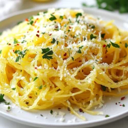 - 1 medium spaghetti squash - 4 tablespoons olive oil - 4 cloves garlic, minced - 1 teaspoon crushed red pepper flakes (optional) - 1/2 cup grated Parmesan cheese - Salt and pepper, to taste - Fresh parsley, chopped (for garnish) - Zest of 1 lemon The key to this dish lies in its simple yet flavorful ingredients. First, the spaghetti squash serves as the base. It is light and healthy, great for a low-carb meal. The olive oil adds richness, while garlic provides a punch of flavor. I love using minced garlic because it truly enhances the taste. If you enjoy a little heat, crushed red pepper flakes are a fun option. The Parmesan cheese gives a creamy texture. It also adds a savory taste that compliments the squash. Always choose fresh Parmesan for the best results. Don't forget salt and pepper; they bring all the flavors together. Finally, the fresh parsley and lemon zest add brightness to each bite. When you gather these ingredients, you set the stage for a tasty dish that is both healthy and satisfying. {{ingredient_image_1}} - Preheat your oven to 400°F (200°C). - Slice the spaghetti squash in half lengthwise. To start, preheating the oven is key. A hot oven helps the squash cook evenly. Carefully slicing the squash is important too. Use a sharp knife and work slowly. This helps avoid any accidents. - Remove seeds and stringy bits from the squash. - Drizzle olive oil, sprinkle with salt and pepper, and roast. Next, take out the seeds and stringy bits. This makes the squash nice and clean. Drizzle olive oil on the cut sides. This adds flavor and helps it roast well. Sprinkle salt and pepper for taste. Place the squash cut-side down on a baking sheet. Roast it for about 40-45 minutes. You want it tender, and a fork should pierce it easily. - Heat olive oil in a skillet and sauté minced garlic. - Optionally add crushed red pepper flakes for flavor. While the squash roasts, make the garlic oil. Heat olive oil in a skillet over medium heat. Then, add minced garlic. Stir it for 2-3 minutes. You want it fragrant but not brown. If you like spice, add crushed red pepper flakes. This gives the dish a nice kick. - Scrape squash to create noodle-like strands. - Combine garlic oil, Parmesan, lemon zest, and season to taste. After roasting, let the squash cool a bit. Using a fork, scrape out the flesh. This creates noodle-like strands. In a bowl, mix the garlic oil with the squash. Add grated Parmesan cheese and lemon zest. Season it with salt and pepper to your liking. Toss everything together until well mixed. Now, you have a warm, tasty dish ready to serve! To roast spaghetti squash just right, choose a medium-sized squash. This size cooks evenly and gives great texture. Slice the squash in half with a sharp knife. Remove all seeds and stringy bits. Drizzle olive oil on the cut sides. Sprinkle with salt and pepper for flavor. Place the squash cut-side down on a baking sheet. Roast it at 400°F (200°C) for 40-45 minutes. You know it's done when a fork easily pierces the flesh. For the best "noodles," use a fork to scrape the insides after roasting. This action pulls the strands apart, creating the noodle effect. Be gentle to avoid mashing the squash. The noodles should be tender, yet still have a slight bite. Want to amp up the flavor? Consider adding fresh herbs like basil or thyme. These herbs bring a fresh taste to the dish. You can also try adding a splash of lemon juice for brightness. It pairs well with the garlic and cheese. Adjust spice levels to match your taste. If you like heat, add more crushed red pepper flakes. If you prefer milder flavors, skip the flakes altogether. You can also add cooked chicken or shrimp for protein, which makes the meal heartier. These additions blend well with the garlic and cheese, creating a satisfying dish. Pro Tips Choosing the Right Squash: Look for a spaghetti squash that feels heavy for its size and has a vibrant yellow color for the best flavor and texture. Enhancing Garlic Flavor: For a richer garlic flavor, try roasting the garlic cloves before adding them to the oil. This gives a sweeter, more caramelized taste. Adding Protein: If you want to make this dish heartier, consider adding cooked chicken, shrimp, or chickpeas for additional protein. Storage Tips: Store leftovers in an airtight container in the fridge for up to 3 days. Reheat gently in the microwave or on the stove to avoid overcooking. {{image_2}} You can use different cheeses to change the flavor. Here are some fun options: - Mozzarella: This cheese melts well and adds a creamy texture. - Feta: This cheese gives a tangy flavor and crumbly texture. - Goat cheese: This cheese adds a rich and earthy taste. Each cheese brings its own twist. Mixing them can create a unique dish every time! Adding protein can make your meal heartier. Here are some ideas: - Grilled chicken: Slice it and mix it in for a filling meal. - Shrimp: Cook shrimp in the garlic oil for a seafood twist. - Rotisserie chicken: Use leftovers for quick and easy protein. Simply toss any cooked protein into the squash after mixing in the garlic oil. This adds great flavor and extra nutrients! After enjoying your Garlic Parmesan Spaghetti Squash, you may want to save some. To do this, let the dish cool completely. Place it in an airtight container. Make sure to store it in the fridge. This way, it stays fresh for up to four days. For longer storage, you can freeze it. Use a freezer-safe container or bag. Press out as much air as possible. This keeps the squash from getting freezer burn. When it’s time to enjoy your leftovers, reheating is key. The microwave is quick and easy. Just place your portion in a bowl and cover it. Heat for 1-2 minutes until warm. Be careful not to overheat, as it can become mushy. The oven is another great method. Preheat it to 350°F (175°C). Place the squash in a baking dish and cover it with foil. Heat for about 10-15 minutes. This method helps keep the texture nice and the flavors vibrant. Choose the method that fits your schedule best! You can enjoy Garlic Parmesan Spaghetti Squash with many side dishes. Here are some tasty ideas: - Grilled Chicken: The rich flavors pair well with juicy chicken. - Roasted Vegetables: Try carrots, broccoli, or bell peppers for a healthy side. - Caesar Salad: A crisp salad adds freshness to the meal. - Garlic Bread: This classic side complements the garlic in the dish. - Wine: A light white wine enhances the overall dining experience. Cooking spaghetti squash takes about 40-45 minutes when roasted. Here’s how time breaks down: - Roasting: Preheat your oven to 400°F (200°C). Roast for 40-45 minutes until tender. - Microwaving: Cut the squash and place it in a microwave-safe dish. Cook for about 10-12 minutes. - Boiling: You can boil the squash for about 20-25 minutes if you prefer this method. Each method gives you a tender squash, perfect for scraping into noodles. Yes, you can easily make this dish vegan! Here are some simple swaps: - Parmesan Cheese: Use nutritional yeast for a cheesy flavor without dairy. - Olive Oil: You can keep this part the same. It adds great flavor. - Lemon Zest: This ingredient works well in both vegan and non-vegan versions. These changes keep the dish tasty and satisfying while making it plant-based. In this post, we covered how to make a delicious Garlic Parmesan Spaghetti Squash. You learned about the key ingredients, step-by-step cooking instructions, and useful tips for perfecting the dish. We explored variations to make it your own and discussed storage and reheating techniques. Enjoy experimenting with flavors and enhancements. This dish is versatile and full of taste. Try it today, and you may find a new favorite meal!