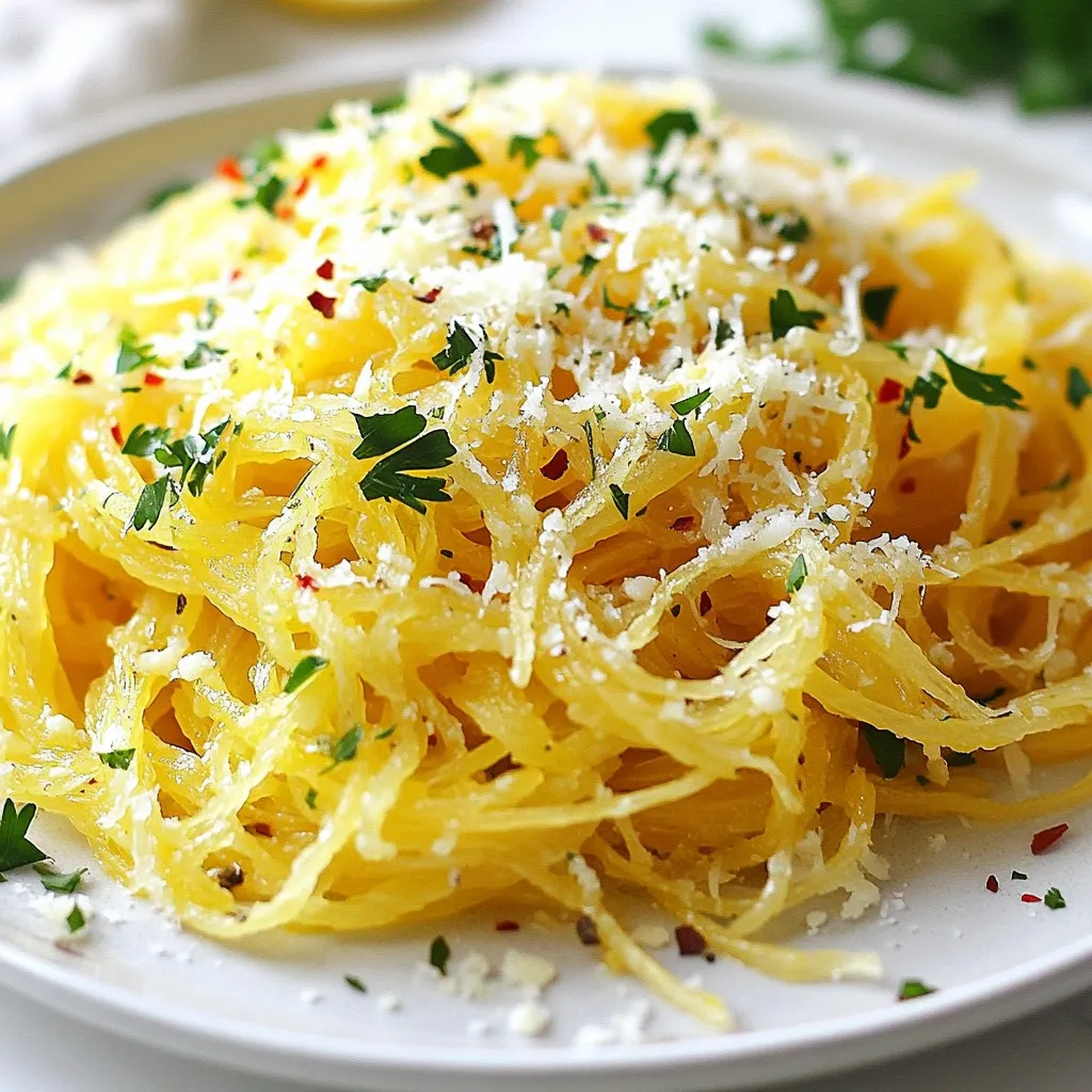 - 1 medium spaghetti squash - 4 tablespoons olive oil - 4 cloves garlic, minced - 1 teaspoon crushed red pepper flakes (optional) - 1/2 cup grated Parmesan cheese - Salt and pepper, to taste - Fresh parsley, chopped (for garnish) - Zest of 1 lemon The key to this dish lies in its simple yet flavorful ingredients. First, the spaghetti squash serves as the base. It is light and healthy, great for a low-carb meal. The olive oil adds richness, while garlic provides a punch of flavor. I love using minced garlic because it truly enhances the taste. If you enjoy a little heat, crushed red pepper flakes are a fun option. The Parmesan cheese gives a creamy texture. It also adds a savory taste that compliments the squash. Always choose fresh Parmesan for the best results. Don't forget salt and pepper; they bring all the flavors together. Finally, the fresh parsley and lemon zest add brightness to each bite. When you gather these ingredients, you set the stage for a tasty dish that is both healthy and satisfying. {{ingredient_image_1}} - Preheat your oven to 400°F (200°C). - Slice the spaghetti squash in half lengthwise. To start, preheating the oven is key. A hot oven helps the squash cook evenly. Carefully slicing the squash is important too. Use a sharp knife and work slowly. This helps avoid any accidents. - Remove seeds and stringy bits from the squash. - Drizzle olive oil, sprinkle with salt and pepper, and roast. Next, take out the seeds and stringy bits. This makes the squash nice and clean. Drizzle olive oil on the cut sides. This adds flavor and helps it roast well. Sprinkle salt and pepper for taste. Place the squash cut-side down on a baking sheet. Roast it for about 40-45 minutes. You want it tender, and a fork should pierce it easily. - Heat olive oil in a skillet and sauté minced garlic. - Optionally add crushed red pepper flakes for flavor. While the squash roasts, make the garlic oil. Heat olive oil in a skillet over medium heat. Then, add minced garlic. Stir it for 2-3 minutes. You want it fragrant but not brown. If you like spice, add crushed red pepper flakes. This gives the dish a nice kick. - Scrape squash to create noodle-like strands. - Combine garlic oil, Parmesan, lemon zest, and season to taste. After roasting, let the squash cool a bit. Using a fork, scrape out the flesh. This creates noodle-like strands. In a bowl, mix the garlic oil with the squash. Add grated Parmesan cheese and lemon zest. Season it with salt and pepper to your liking. Toss everything together until well mixed. Now, you have a warm, tasty dish ready to serve! To roast spaghetti squash just right, choose a medium-sized squash. This size cooks evenly and gives great texture. Slice the squash in half with a sharp knife. Remove all seeds and stringy bits. Drizzle olive oil on the cut sides. Sprinkle with salt and pepper for flavor. Place the squash cut-side down on a baking sheet. Roast it at 400°F (200°C) for 40-45 minutes. You know it's done when a fork easily pierces the flesh. For the best "noodles," use a fork to scrape the insides after roasting. This action pulls the strands apart, creating the noodle effect. Be gentle to avoid mashing the squash. The noodles should be tender, yet still have a slight bite. Want to amp up the flavor? Consider adding fresh herbs like basil or thyme. These herbs bring a fresh taste to the dish. You can also try adding a splash of lemon juice for brightness. It pairs well with the garlic and cheese. Adjust spice levels to match your taste. If you like heat, add more crushed red pepper flakes. If you prefer milder flavors, skip the flakes altogether. You can also add cooked chicken or shrimp for protein, which makes the meal heartier. These additions blend well with the garlic and cheese, creating a satisfying dish. Pro Tips Choosing the Right Squash: Look for a spaghetti squash that feels heavy for its size and has a vibrant yellow color for the best flavor and texture. Enhancing Garlic Flavor: For a richer garlic flavor, try roasting the garlic cloves before adding them to the oil. This gives a sweeter, more caramelized taste. Adding Protein: If you want to make this dish heartier, consider adding cooked chicken, shrimp, or chickpeas for additional protein. Storage Tips: Store leftovers in an airtight container in the fridge for up to 3 days. Reheat gently in the microwave or on the stove to avoid overcooking. {{image_2}} You can use different cheeses to change the flavor. Here are some fun options: - Mozzarella: This cheese melts well and adds a creamy texture. - Feta: This cheese gives a tangy flavor and crumbly texture. - Goat cheese: This cheese adds a rich and earthy taste. Each cheese brings its own twist. Mixing them can create a unique dish every time! Adding protein can make your meal heartier. Here are some ideas: - Grilled chicken: Slice it and mix it in for a filling meal. - Shrimp: Cook shrimp in the garlic oil for a seafood twist. - Rotisserie chicken: Use leftovers for quick and easy protein. Simply toss any cooked protein into the squash after mixing in the garlic oil. This adds great flavor and extra nutrients! After enjoying your Garlic Parmesan Spaghetti Squash, you may want to save some. To do this, let the dish cool completely. Place it in an airtight container. Make sure to store it in the fridge. This way, it stays fresh for up to four days. For longer storage, you can freeze it. Use a freezer-safe container or bag. Press out as much air as possible. This keeps the squash from getting freezer burn. When it’s time to enjoy your leftovers, reheating is key. The microwave is quick and easy. Just place your portion in a bowl and cover it. Heat for 1-2 minutes until warm. Be careful not to overheat, as it can become mushy. The oven is another great method. Preheat it to 350°F (175°C). Place the squash in a baking dish and cover it with foil. Heat for about 10-15 minutes. This method helps keep the texture nice and the flavors vibrant. Choose the method that fits your schedule best! You can enjoy Garlic Parmesan Spaghetti Squash with many side dishes. Here are some tasty ideas: - Grilled Chicken: The rich flavors pair well with juicy chicken. - Roasted Vegetables: Try carrots, broccoli, or bell peppers for a healthy side. - Caesar Salad: A crisp salad adds freshness to the meal. - Garlic Bread: This classic side complements the garlic in the dish. - Wine: A light white wine enhances the overall dining experience. Cooking spaghetti squash takes about 40-45 minutes when roasted. Here’s how time breaks down: - Roasting: Preheat your oven to 400°F (200°C). Roast for 40-45 minutes until tender. - Microwaving: Cut the squash and place it in a microwave-safe dish. Cook for about 10-12 minutes. - Boiling: You can boil the squash for about 20-25 minutes if you prefer this method. Each method gives you a tender squash, perfect for scraping into noodles. Yes, you can easily make this dish vegan! Here are some simple swaps: - Parmesan Cheese: Use nutritional yeast for a cheesy flavor without dairy. - Olive Oil: You can keep this part the same. It adds great flavor. - Lemon Zest: This ingredient works well in both vegan and non-vegan versions. These changes keep the dish tasty and satisfying while making it plant-based. In this post, we covered how to make a delicious Garlic Parmesan Spaghetti Squash. You learned about the key ingredients, step-by-step cooking instructions, and useful tips for perfecting the dish. We explored variations to make it your own and discussed storage and reheating techniques. Enjoy experimenting with flavors and enhancements. This dish is versatile and full of taste. Try it today, and you may find a new favorite meal!