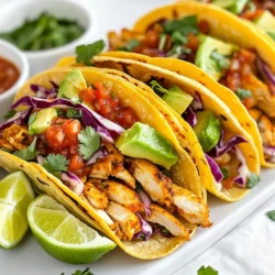 - 1 lb boneless, skinless chicken breasts - 2 tablespoons chipotle chili powder - 1 teaspoon cumin - 1 teaspoon garlic powder - 1 teaspoon onion powder - 1/2 teaspoon smoked paprika - 1/2 teaspoon salt - 1/4 teaspoon black pepper - Juice of 2 limes (about 3 tablespoons) - 2 tablespoons olive oil The key to these tacos is the chicken. I love using boneless, skinless chicken breasts for their tenderness. The chipotle chili powder gives the chicken a smoky kick. I also mix in cumin, garlic powder, onion powder, smoked paprika, salt, and black pepper for a deep flavor. The lime juice adds a fresh zing that ties it all together. - 8 small corn tortillas - 1 cup shredded cabbage - 1/4 cup fresh cilantro, chopped - 1 avocado, sliced Corn tortillas bring a great texture to the tacos. They are soft and easy to work with. I like to warm them up for a few seconds in a skillet. Toppings like shredded cabbage add crunch. Fresh cilantro brings brightness. Sliced avocado adds creaminess to balance the flavors. - Salsa or pico de gallo, for topping - Lime wedges, for serving Salsa or pico de gallo adds a juicy, tangy layer to the tacos. I always serve lime wedges on the side. A squeeze of lime juice enhances the taste and freshness of each bite. {{ingredient_image_1}} Making the spice rub Start by mixing these spices in a bowl: - 2 tablespoons chipotle chili powder - 1 teaspoon cumin - 1 teaspoon garlic powder - 1 teaspoon onion powder - 1/2 teaspoon smoked paprika - 1/2 teaspoon salt - 1/4 teaspoon black pepper This blend gives the chicken its bold flavor. Coating the chicken Next, take 1 pound of boneless, skinless chicken breasts. Pat them dry with paper towels. Rub the spice mix evenly on both sides of each chicken breast. Make sure every piece is covered well. This step is key for flavor. Heating the skillet Heat a large skillet over medium-high heat. Add 2 tablespoons of olive oil. The oil should shimmer a bit. This tells you it’s ready for the chicken. Cooking time and internal temperature Place the chicken breasts in the hot skillet. Cook for about 5-7 minutes on each side. You want the chicken to reach an internal temperature of 165°F. This ensures it's safe to eat. Once done, remove the chicken and let it rest for a few minutes before slicing it into thin strips. Warming the tortillas While the chicken rests, warm 8 small corn tortillas. Use the same skillet over medium heat. Heat each tortilla for about 30 seconds on each side. They should be soft and pliable. Layering ingredients Now, it’s time to build your tacos. On each warmed tortilla, place a few strips of chicken. Top them with shredded cabbage, chopped fresh cilantro, and sliced avocado. Don’t forget to add a spoonful of salsa or pico de gallo. Finally, squeeze fresh lime juice over the top for that extra zing. Enjoy your flavorful tacos! Achieving the right internal temperature Cook chicken until it reaches 165°F. This ensures it is safe to eat. Use a meat thermometer for accuracy. This tool helps you avoid undercooked or dry chicken. Best cooking oil to use I recommend using olive oil. It has a nice flavor and a high smoke point. This makes it perfect for cooking chicken. You can also try avocado oil for a richer taste. Adding more spice or acidity Want more heat? Add extra chipotle chili powder. For a zesty kick, squeeze in more lime juice. This brightens the dish and balances the spice. Recommended toppings for depth of flavor Don’t skip the toppings! Shredded cabbage adds crunch. Fresh cilantro gives a burst of flavor. Sliced avocado adds creaminess. A spoonful of salsa or pico de gallo ties it all together. Pairing drinks and sides Serve your tacos with a light drink. I suggest a refreshing limeade or a cold beer. For sides, try black beans or a corn salad. These complement the tacos nicely. Presentation ideas Make your tacos look great! Use colorful plates. Serve with lime wedges on the side. Arrange the toppings in small bowls for a fun build-your-own taco setup. Pro Tips Marinate for More Flavor: For an even deeper flavor, marinate the chicken in the spice mixture and lime juice for at least 30 minutes, or up to overnight, before cooking. Keep it Juicy: Let the chicken rest for a few minutes after cooking to allow the juices to redistribute, ensuring each bite is tender and juicy. Customize Your Toppings: Feel free to add other toppings like diced tomatoes, jalapeños, or cheese for extra flavor and texture in your tacos. Use Fresh Ingredients: Whenever possible, use fresh lime juice and fresh herbs like cilantro to enhance the vibrant flavors of the tacos. {{image_2}} You can switch up the protein in this recipe. Instead of chicken, try: - Shrimp - Pork - Tofu for a vegetarian option - Tempeh for a vegan choice Each option brings a different taste and texture. Adjust cooking times as needed. For example, shrimp cooks faster than chicken. Adding new spices can change the taco's taste. Here are some ideas: - Use taco seasoning for a classic flavor. - Try smoked paprika for a deeper taste. - Add cayenne pepper for extra heat. For toppings, think outside the box! Consider: - Pickled red onions for tanginess. - Fresh radishes for crunch. - Mango salsa for a sweet twist. You can cook the chicken in different ways. Here are some options: - Grilling: This adds a nice char and smoky flavor. - Skillet: Quick and easy, as shown in the recipe. - Slow cooker: Great for tender chicken. Cook on low for about 6 hours. Each method has its own benefits. Choose what fits your time and taste best! To store leftover tacos, place them in an airtight container. This keeps the tacos fresh and tasty. You can also store the chicken separately to keep it moist. Make sure to cool the tacos to room temperature before sealing them in the container. For chicken storage, wrap the cooked chicken tightly in plastic wrap or foil. You can also place it in a sealed bag. This helps prevent drying out. Store both in the fridge for up to three days. To freeze cooked chicken, let it cool first. Then, cut it into strips and place it in freezer-safe bags. Remove as much air as possible to avoid freezer burn. You can freeze the chicken for up to three months. For reheating, simply thaw the chicken in the fridge overnight. Heat it in a skillet over medium heat for about 5 minutes, or until hot. You can also microwave it on medium for a quick fix. You can store tacos in the fridge for about three days. After that, they may lose taste and texture. Always check for signs of spoilage. If the chicken smells off or feels slimy, it's best to throw it away. Make sure to enjoy your tacos while they're still fresh for the best flavor! For Chipotle Lime Chicken Tacos, I recommend using corn tortillas. They have a great texture and flavor that complements the chicken. Corn tortillas hold the fillings well and add a nice chew. If you prefer flour tortillas, they work too, but they may not have the same taste. Both types are good, but corn is my top pick. Yes, you can make the spice rub ahead of time. Mix the spices in a small jar and store it in a cool, dry place. This way, you can save time when you're ready to cook. The flavors stay strong for about a month. Just make sure to seal the jar tightly to keep the spices fresh. I love serving these tacos with a few tasty sides. Here are some ideas: - Mexican rice: This adds a nice base to your meal. - Refried beans: They are hearty and delicious. - Grilled corn: Sweet corn on the cob is a great side. - Guacamole: A creamy dip that pairs well with tacos. - Fresh salsa: It adds a zesty kick. Feel free to mix and match these sides for a complete meal. Enjoy your tacos! In this article, I shared how to make tasty Chipotle Lime Chicken Tacos. You learned about the main ingredients, like boneless chicken and fresh toppings. I provided step-by-step instructions for preparing and cooking the chicken. I also included tips for enhancing flavors and serving ideas. Finally, we explored variations and storage tips. Remember, cooking can be fun and creative. Experiment with different flavors to find what you love! Enjoy your tacos!