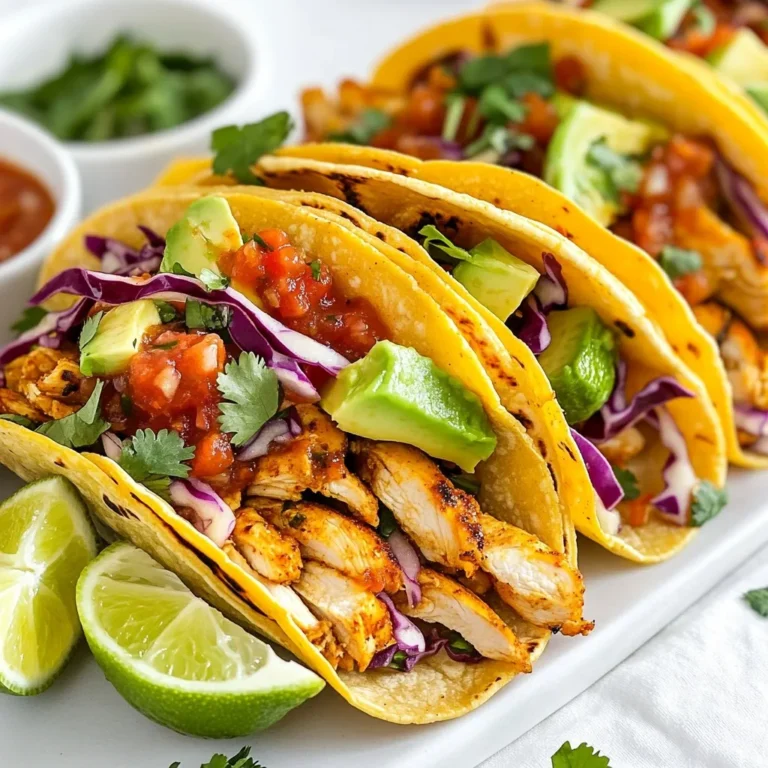 - 1 lb boneless, skinless chicken breasts - 2 tablespoons chipotle chili powder - 1 teaspoon cumin - 1 teaspoon garlic powder - 1 teaspoon onion powder - 1/2 teaspoon smoked paprika - 1/2 teaspoon salt - 1/4 teaspoon black pepper - Juice of 2 limes (about 3 tablespoons) - 2 tablespoons olive oil The key to these tacos is the chicken. I love using boneless, skinless chicken breasts for their tenderness. The chipotle chili powder gives the chicken a smoky kick. I also mix in cumin, garlic powder, onion powder, smoked paprika, salt, and black pepper for a deep flavor. The lime juice adds a fresh zing that ties it all together. - 8 small corn tortillas - 1 cup shredded cabbage - 1/4 cup fresh cilantro, chopped - 1 avocado, sliced Corn tortillas bring a great texture to the tacos. They are soft and easy to work with. I like to warm them up for a few seconds in a skillet. Toppings like shredded cabbage add crunch. Fresh cilantro brings brightness. Sliced avocado adds creaminess to balance the flavors. - Salsa or pico de gallo, for topping - Lime wedges, for serving Salsa or pico de gallo adds a juicy, tangy layer to the tacos. I always serve lime wedges on the side. A squeeze of lime juice enhances the taste and freshness of each bite. {{ingredient_image_1}} Making the spice rub Start by mixing these spices in a bowl: - 2 tablespoons chipotle chili powder - 1 teaspoon cumin - 1 teaspoon garlic powder - 1 teaspoon onion powder - 1/2 teaspoon smoked paprika - 1/2 teaspoon salt - 1/4 teaspoon black pepper This blend gives the chicken its bold flavor. Coating the chicken Next, take 1 pound of boneless, skinless chicken breasts. Pat them dry with paper towels. Rub the spice mix evenly on both sides of each chicken breast. Make sure every piece is covered well. This step is key for flavor. Heating the skillet Heat a large skillet over medium-high heat. Add 2 tablespoons of olive oil. The oil should shimmer a bit. This tells you it’s ready for the chicken. Cooking time and internal temperature Place the chicken breasts in the hot skillet. Cook for about 5-7 minutes on each side. You want the chicken to reach an internal temperature of 165°F. This ensures it's safe to eat. Once done, remove the chicken and let it rest for a few minutes before slicing it into thin strips. Warming the tortillas While the chicken rests, warm 8 small corn tortillas. Use the same skillet over medium heat. Heat each tortilla for about 30 seconds on each side. They should be soft and pliable. Layering ingredients Now, it’s time to build your tacos. On each warmed tortilla, place a few strips of chicken. Top them with shredded cabbage, chopped fresh cilantro, and sliced avocado. Don’t forget to add a spoonful of salsa or pico de gallo. Finally, squeeze fresh lime juice over the top for that extra zing. Enjoy your flavorful tacos! Achieving the right internal temperature Cook chicken until it reaches 165°F. This ensures it is safe to eat. Use a meat thermometer for accuracy. This tool helps you avoid undercooked or dry chicken. Best cooking oil to use I recommend using olive oil. It has a nice flavor and a high smoke point. This makes it perfect for cooking chicken. You can also try avocado oil for a richer taste. Adding more spice or acidity Want more heat? Add extra chipotle chili powder. For a zesty kick, squeeze in more lime juice. This brightens the dish and balances the spice. Recommended toppings for depth of flavor Don’t skip the toppings! Shredded cabbage adds crunch. Fresh cilantro gives a burst of flavor. Sliced avocado adds creaminess. A spoonful of salsa or pico de gallo ties it all together. Pairing drinks and sides Serve your tacos with a light drink. I suggest a refreshing limeade or a cold beer. For sides, try black beans or a corn salad. These complement the tacos nicely. Presentation ideas Make your tacos look great! Use colorful plates. Serve with lime wedges on the side. Arrange the toppings in small bowls for a fun build-your-own taco setup. Pro Tips Marinate for More Flavor: For an even deeper flavor, marinate the chicken in the spice mixture and lime juice for at least 30 minutes, or up to overnight, before cooking. Keep it Juicy: Let the chicken rest for a few minutes after cooking to allow the juices to redistribute, ensuring each bite is tender and juicy. Customize Your Toppings: Feel free to add other toppings like diced tomatoes, jalapeños, or cheese for extra flavor and texture in your tacos. Use Fresh Ingredients: Whenever possible, use fresh lime juice and fresh herbs like cilantro to enhance the vibrant flavors of the tacos. {{image_2}} You can switch up the protein in this recipe. Instead of chicken, try: - Shrimp - Pork - Tofu for a vegetarian option - Tempeh for a vegan choice Each option brings a different taste and texture. Adjust cooking times as needed. For example, shrimp cooks faster than chicken. Adding new spices can change the taco's taste. Here are some ideas: - Use taco seasoning for a classic flavor. - Try smoked paprika for a deeper taste. - Add cayenne pepper for extra heat. For toppings, think outside the box! Consider: - Pickled red onions for tanginess. - Fresh radishes for crunch. - Mango salsa for a sweet twist. You can cook the chicken in different ways. Here are some options: - Grilling: This adds a nice char and smoky flavor. - Skillet: Quick and easy, as shown in the recipe. - Slow cooker: Great for tender chicken. Cook on low for about 6 hours. Each method has its own benefits. Choose what fits your time and taste best! To store leftover tacos, place them in an airtight container. This keeps the tacos fresh and tasty. You can also store the chicken separately to keep it moist. Make sure to cool the tacos to room temperature before sealing them in the container. For chicken storage, wrap the cooked chicken tightly in plastic wrap or foil. You can also place it in a sealed bag. This helps prevent drying out. Store both in the fridge for up to three days. To freeze cooked chicken, let it cool first. Then, cut it into strips and place it in freezer-safe bags. Remove as much air as possible to avoid freezer burn. You can freeze the chicken for up to three months. For reheating, simply thaw the chicken in the fridge overnight. Heat it in a skillet over medium heat for about 5 minutes, or until hot. You can also microwave it on medium for a quick fix. You can store tacos in the fridge for about three days. After that, they may lose taste and texture. Always check for signs of spoilage. If the chicken smells off or feels slimy, it's best to throw it away. Make sure to enjoy your tacos while they're still fresh for the best flavor! For Chipotle Lime Chicken Tacos, I recommend using corn tortillas. They have a great texture and flavor that complements the chicken. Corn tortillas hold the fillings well and add a nice chew. If you prefer flour tortillas, they work too, but they may not have the same taste. Both types are good, but corn is my top pick. Yes, you can make the spice rub ahead of time. Mix the spices in a small jar and store it in a cool, dry place. This way, you can save time when you're ready to cook. The flavors stay strong for about a month. Just make sure to seal the jar tightly to keep the spices fresh. I love serving these tacos with a few tasty sides. Here are some ideas: - Mexican rice: This adds a nice base to your meal. - Refried beans: They are hearty and delicious. - Grilled corn: Sweet corn on the cob is a great side. - Guacamole: A creamy dip that pairs well with tacos. - Fresh salsa: It adds a zesty kick. Feel free to mix and match these sides for a complete meal. Enjoy your tacos! In this article, I shared how to make tasty Chipotle Lime Chicken Tacos. You learned about the main ingredients, like boneless chicken and fresh toppings. I provided step-by-step instructions for preparing and cooking the chicken. I also included tips for enhancing flavors and serving ideas. Finally, we explored variations and storage tips. Remember, cooking can be fun and creative. Experiment with different flavors to find what you love! Enjoy your tacos!