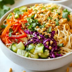 Here’s what you need for a tasty Spicy Peanut Noodle Salad: - 8 oz rice noodles - 1 red bell pepper, thinly sliced - 1 cucumber, julienned - 2 carrots, shredded - 1 cup red cabbage, shredded - 2 green onions, chopped - ¼ cup fresh cilantro, chopped - ½ cup unsalted peanut butter - 2 tablespoons soy sauce - 1 tablespoon sesame oil - 2 tablespoons lime juice - 1 tablespoon honey or maple syrup - 1-2 teaspoons chili paste (adjust for spice preference) - Salt and pepper to taste - Crushed peanuts for garnish Gather these ingredients before you start. Fresh veggies add crunch and color. Peanut butter and other dressing ingredients bring rich flavors and creaminess. You can adjust the chili paste to fit your spice level. This mix of flavors and textures makes for a fun dish. Enjoy making it! {{ingredient_image_1}} First, boil a large pot of water. Add the rice noodles and cook them for about 3-5 minutes. Check the package for exact times. Once done, drain the noodles and rinse them under cold water. This step helps prevent sticking. Set the noodles aside for later. In a mixing bowl, add peanut butter, soy sauce, sesame oil, lime juice, honey or maple syrup, and chili paste. Whisk these ingredients together until the mixture is smooth and creamy. If you find the dressing too thick, simply add a tablespoon of water. This will help reach your desired consistency. In a large bowl, mix the cooked noodles with the sliced red bell pepper, julienned cucumber, shredded carrots, shredded red cabbage, and chopped green onions. Gently toss these ingredients to combine them well. This creates a colorful and inviting salad base. Now, pour the peanut dressing over the salad. Toss everything together until the noodles and veggies are well coated. Taste your salad and add salt and pepper as needed. This is where you can adjust the flavor to your liking. For added flavor and crunch, sprinkle crushed peanuts and fresh cilantro on top of the salad. This not only enhances the taste but also makes the dish look appealing. You can serve this salad right away for a fresh bite. If you like, chill it in the fridge for about 30 minutes. This allows the flavors to meld together, giving you a more delicious experience. To keep your noodles from becoming mushy, cook them just right. Follow the package instructions closely. Generally, rice noodles need about 3 to 5 minutes. After cooking, rinse them with cold water. This step stops the cooking process and keeps them firm. Chilling the salad can enhance flavors. After mixing everything, let it sit in the fridge for about 30 minutes. This waiting time helps the dressing soak into the noodles and veggies. You’ll enjoy a more flavorful dish this way. You can adjust the spice in your dressing using chili paste. Start with one teaspoon and taste. If you want more heat, add more chili paste little by little. This way, you can make the salad just right for your taste. If you like to change things up, try different sweeteners. Honey works great, but maple syrup is a tasty choice, too. You can even use agave syrup if you prefer. Each option gives a unique flavor twist! Pairing your salad with proteins can make it more filling. Chicken, tofu, or shrimp all work well. Grill or sauté them for added flavor. Just mix the cooked protein with the salad right before serving. This salad is perfect for many occasions! Serve it at picnics, potlucks, or casual dinners. It’s also great for meal prep. Enjoy this tasty salad any time you want a fresh, vibrant meal! Pro Tips Adjust the Spice Level: If you're sensitive to heat, start with 1 teaspoon of chili paste and gradually add more until you reach your desired spice level. Use Fresh Ingredients: For the best flavor, opt for fresh vegetables and herbs. They enhance the salad's taste and add vibrant colors. Chill Before Serving: Allow the salad to chill in the refrigerator for at least 30 minutes. This helps the flavors meld together beautifully. Perfect Pasta Texture: Be careful not to overcook the rice noodles. They should be slightly firm to the bite, as they will soften further when mixed with the dressing. {{image_2}} To make this salad vegan, use maple syrup instead of honey. For gluten-free, choose a gluten-free soy sauce. You can also swap the rice noodles for zucchini noodles or quinoa for a different base. These changes keep the flavors intact while catering to dietary needs. For extra nutrition, add proteins like grilled chicken, shrimp, or tofu. Cooked chicken gives a nice flavor. Shrimp adds a sweet touch, while tofu makes it filling and vegan. You can marinate your protein in soy sauce and sesame oil for added flavor before cooking. Use fresh, seasonal veggies for the best taste. In spring, try snap peas or radishes. In summer, add cherry tomatoes or bell peppers. In fall, consider roasted sweet potatoes or butternut squash. This keeps your salad fresh and exciting, based on what's local and in season. To keep your Spicy Peanut Noodle Salad fresh, store leftovers in the fridge. Use airtight containers. Glass containers work well, as they do not hold odors. Plastic containers are also fine, but ensure they are BPA-free. This keeps your salad tasting great for longer. Your salad can last up to three days in the fridge. After three days, check for signs of spoilage. If the noodles look slimy or smell sour, it's time to toss them. Fresh ingredients can wilt, affecting taste and texture. If you want to reheat the noodles, do it gently. The microwave works but use low power. Heat for short bursts, stirring often. This helps keep the noodles from becoming mushy. If you prefer, you can enjoy the salad chilled. It tastes great cold and is very refreshing! To tone down the heat, reduce the chili paste. Start with just 1 teaspoon. You can also swap chili paste for sweet chili sauce. This keeps flavor while lowering spice. Another option is to use fresh lime juice for a zesty kick without heat. If you're unsure, taste as you mix. Adjust until you reach your perfect level of spice. Yes, you can make this salad ahead! It tastes even better after resting. Prepare the salad and the dressing separately. Combine them just before serving. If you mix them too early, the noodles may absorb the dressing. Store the salad in the fridge for up to two days. This way, you can enjoy a quick and tasty meal. If you have a nut allergy, try sunflower seed butter. It has a similar texture and taste. You can also use tahini, made from sesame seeds. It adds a unique flavor. For a creamier option, try plain yogurt. It won’t taste the same, but it can give moisture and richness. This blog post covered how to make a delicious peanut noodle salad. You learned about the key ingredients, like rice noodles and fresh vegetables, and how to prepare the dish in easy steps. I shared tips for perfecting the noodle texture and customizing your dressing to suit your taste. Remember, you can make this salad your own by swapping ingredients or adding proteins. Enjoy creating this tasty meal at home, and don’t forget to share it with friends!