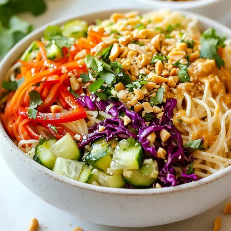 Here’s what you need for a tasty Spicy Peanut Noodle Salad: - 8 oz rice noodles - 1 red bell pepper, thinly sliced - 1 cucumber, julienned - 2 carrots, shredded - 1 cup red cabbage, shredded - 2 green onions, chopped - ¼ cup fresh cilantro, chopped - ½ cup unsalted peanut butter - 2 tablespoons soy sauce - 1 tablespoon sesame oil - 2 tablespoons lime juice - 1 tablespoon honey or maple syrup - 1-2 teaspoons chili paste (adjust for spice preference) - Salt and pepper to taste - Crushed peanuts for garnish Gather these ingredients before you start. Fresh veggies add crunch and color. Peanut butter and other dressing ingredients bring rich flavors and creaminess. You can adjust the chili paste to fit your spice level. This mix of flavors and textures makes for a fun dish. Enjoy making it! {{ingredient_image_1}} First, boil a large pot of water. Add the rice noodles and cook them for about 3-5 minutes. Check the package for exact times. Once done, drain the noodles and rinse them under cold water. This step helps prevent sticking. Set the noodles aside for later. In a mixing bowl, add peanut butter, soy sauce, sesame oil, lime juice, honey or maple syrup, and chili paste. Whisk these ingredients together until the mixture is smooth and creamy. If you find the dressing too thick, simply add a tablespoon of water. This will help reach your desired consistency. In a large bowl, mix the cooked noodles with the sliced red bell pepper, julienned cucumber, shredded carrots, shredded red cabbage, and chopped green onions. Gently toss these ingredients to combine them well. This creates a colorful and inviting salad base. Now, pour the peanut dressing over the salad. Toss everything together until the noodles and veggies are well coated. Taste your salad and add salt and pepper as needed. This is where you can adjust the flavor to your liking. For added flavor and crunch, sprinkle crushed peanuts and fresh cilantro on top of the salad. This not only enhances the taste but also makes the dish look appealing. You can serve this salad right away for a fresh bite. If you like, chill it in the fridge for about 30 minutes. This allows the flavors to meld together, giving you a more delicious experience. To keep your noodles from becoming mushy, cook them just right. Follow the package instructions closely. Generally, rice noodles need about 3 to 5 minutes. After cooking, rinse them with cold water. This step stops the cooking process and keeps them firm. Chilling the salad can enhance flavors. After mixing everything, let it sit in the fridge for about 30 minutes. This waiting time helps the dressing soak into the noodles and veggies. You’ll enjoy a more flavorful dish this way. You can adjust the spice in your dressing using chili paste. Start with one teaspoon and taste. If you want more heat, add more chili paste little by little. This way, you can make the salad just right for your taste. If you like to change things up, try different sweeteners. Honey works great, but maple syrup is a tasty choice, too. You can even use agave syrup if you prefer. Each option gives a unique flavor twist! Pairing your salad with proteins can make it more filling. Chicken, tofu, or shrimp all work well. Grill or sauté them for added flavor. Just mix the cooked protein with the salad right before serving. This salad is perfect for many occasions! Serve it at picnics, potlucks, or casual dinners. It’s also great for meal prep. Enjoy this tasty salad any time you want a fresh, vibrant meal! Pro Tips Adjust the Spice Level: If you're sensitive to heat, start with 1 teaspoon of chili paste and gradually add more until you reach your desired spice level. Use Fresh Ingredients: For the best flavor, opt for fresh vegetables and herbs. They enhance the salad's taste and add vibrant colors. Chill Before Serving: Allow the salad to chill in the refrigerator for at least 30 minutes. This helps the flavors meld together beautifully. Perfect Pasta Texture: Be careful not to overcook the rice noodles. They should be slightly firm to the bite, as they will soften further when mixed with the dressing. {{image_2}} To make this salad vegan, use maple syrup instead of honey. For gluten-free, choose a gluten-free soy sauce. You can also swap the rice noodles for zucchini noodles or quinoa for a different base. These changes keep the flavors intact while catering to dietary needs. For extra nutrition, add proteins like grilled chicken, shrimp, or tofu. Cooked chicken gives a nice flavor. Shrimp adds a sweet touch, while tofu makes it filling and vegan. You can marinate your protein in soy sauce and sesame oil for added flavor before cooking. Use fresh, seasonal veggies for the best taste. In spring, try snap peas or radishes. In summer, add cherry tomatoes or bell peppers. In fall, consider roasted sweet potatoes or butternut squash. This keeps your salad fresh and exciting, based on what's local and in season. To keep your Spicy Peanut Noodle Salad fresh, store leftovers in the fridge. Use airtight containers. Glass containers work well, as they do not hold odors. Plastic containers are also fine, but ensure they are BPA-free. This keeps your salad tasting great for longer. Your salad can last up to three days in the fridge. After three days, check for signs of spoilage. If the noodles look slimy or smell sour, it's time to toss them. Fresh ingredients can wilt, affecting taste and texture. If you want to reheat the noodles, do it gently. The microwave works but use low power. Heat for short bursts, stirring often. This helps keep the noodles from becoming mushy. If you prefer, you can enjoy the salad chilled. It tastes great cold and is very refreshing! To tone down the heat, reduce the chili paste. Start with just 1 teaspoon. You can also swap chili paste for sweet chili sauce. This keeps flavor while lowering spice. Another option is to use fresh lime juice for a zesty kick without heat. If you're unsure, taste as you mix. Adjust until you reach your perfect level of spice. Yes, you can make this salad ahead! It tastes even better after resting. Prepare the salad and the dressing separately. Combine them just before serving. If you mix them too early, the noodles may absorb the dressing. Store the salad in the fridge for up to two days. This way, you can enjoy a quick and tasty meal. If you have a nut allergy, try sunflower seed butter. It has a similar texture and taste. You can also use tahini, made from sesame seeds. It adds a unique flavor. For a creamier option, try plain yogurt. It won’t taste the same, but it can give moisture and richness. This blog post covered how to make a delicious peanut noodle salad. You learned about the key ingredients, like rice noodles and fresh vegetables, and how to prepare the dish in easy steps. I shared tips for perfecting the noodle texture and customizing your dressing to suit your taste. Remember, you can make this salad your own by swapping ingredients or adding proteins. Enjoy creating this tasty meal at home, and don’t forget to share it with friends!