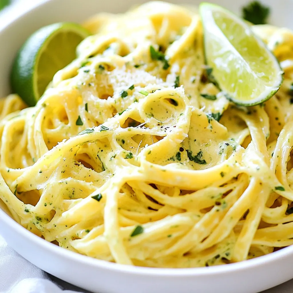 To make Creamy Cilantro Lime Pasta, you need some fresh ingredients and pantry staples. - Fresh ingredients needed: - 8 ounces fettuccine or spaghetti - 1 tablespoon olive oil - 3 cloves garlic, minced - 1 cup heavy cream - 1/2 cup grated Parmesan cheese - 1/4 cup fresh cilantro, chopped (plus more for garnish) - Zest and juice of 2 limes These fresh items add great taste and texture to the dish. The lime gives a bright, zesty flavor, while the cream makes it rich. The cilantro adds a fresh note that ties everything together. - Pantry staples required: - Salt and pepper to taste - Red pepper flakes (optional, for a kick) Salt and pepper boost all the flavors in your dish. Red pepper flakes add a nice bit of heat, but you can skip them if you prefer something milder. - Optional add-ins for extra flavor: - Grilled chicken or shrimp - Extra veggies like cherry tomatoes or spinach These add-ins can make your pasta heartier. They also introduce new flavors and textures. Try them for a fun twist! {{ingredient_image_1}} To start, bring a large pot of salted water to a boil. This step is key for flavor. Add 8 ounces of fettuccine or spaghetti to the pot. Cook it until it's al dente, which means it should still have a slight bite. Follow the package instructions for precise timing. Remember to reserve 1/2 cup of pasta water before draining. This starchy water helps in making the sauce creamy later. When draining, do it carefully to avoid losing any pasta. A colander works well for this task. Next, let's prepare the garlic. I recommend using fresh garlic for the best flavor. You will need 3 cloves, minced. Heat a tablespoon of olive oil in a large skillet over medium heat. Add the minced garlic, but watch it closely. Sauté it for about one minute until it's fragrant. Be careful not to burn it, as burnt garlic can ruin the dish. Garlic adds depth to our dish. Its rich flavor pairs well with lime and cilantro. Now, let's make the creamy sauce. Pour in 1 cup of heavy cream into the skillet and bring it to a gentle simmer. Whisk in 1/2 cup of grated Parmesan cheese. Adding the cheese slowly helps it melt evenly. This keeps the sauce smooth and creamy. If the sauce feels too thick, use some reserved pasta water. This will adjust the consistency to your liking. Stir in 1/4 cup of chopped cilantro, the zest, and juice of 2 limes. Season it with salt, pepper, and red pepper flakes if you want some heat. Finally, combine the drained pasta with the sauce. Toss it well to coat every strand. Let it cook for another 2-3 minutes to absorb those delicious flavors. To get the best taste, balance lime and cilantro. The lime gives a bright zing, while cilantro adds freshness. Start with the juice of one lime and add more if you want it tangy. You can use zest for extra flavor. For seasonings, salt and pepper are key. They enhance the pasta's taste. Red pepper flakes can add heat. Use them if you like a kick. Adjusting spice levels is easy. Start with a small amount of red pepper flakes. Taste as you go. This way, you can find your perfect heat level. If you need substitutes for heavy cream, try coconut milk or cashew cream. Both give a rich texture without dairy. To get a velvety sauce, whisk well. This helps mix the cream and cheese evenly. If the sauce feels too thick, add reserved pasta water. It will help loosen it up. Prevent clumping of cheese by adding it slowly. Stir constantly as you add it. This keeps the sauce smooth and creamy. If you see lumps, keep whisking. They will break down with a bit of effort. Pro Tips Perfect Pasta: Always cook your pasta until al dente for the best texture, as it will continue to cook slightly when mixed with the sauce. Flavor Boost: For an extra flavor kick, consider adding a splash of white wine to the sauce after sautéing the garlic, letting it reduce for a minute before adding the cream. Texture Matters: To achieve a creamier sauce, ensure the cream is at room temperature before adding it to the skillet, preventing it from curdling. Fresh is Best: Use freshly grated Parmesan cheese instead of pre-grated for a richer flavor and smoother sauce consistency. {{image_2}} You can add protein to make this dish heartier. Chicken, shrimp, or tofu work well. For chicken, use cooked, diced pieces. Shrimp should be sautéed until pink and firm. Tofu should be cubed and cooked until golden. Adjust cooking times based on what you choose. Chicken and shrimp can cook quickly in the sauce. Tofu may take longer to heat through. Ensure your protein is fully cooked before adding it to the pasta. To make this dish plant-based, swap heavy cream for coconut cream or cashew cream. Both give a rich taste. For cheese, use nutritional yeast or a vegan cheese substitute. These options will keep your creamy texture while being plant-friendly. If you want to add depth, include some fresh herbs. Basil or parsley can enhance the flavors. You can boost flavor with herbs and spices. Try adding basil or parsley for a fresh twist. A pinch of cumin or smoked paprika can add warmth. Adding vegetables is another great option. Spinach, bell peppers, or cherry tomatoes can add nutrition and color. Cook them briefly before adding the pasta. This way, they stay vibrant and crisp. To keep your creamy cilantro lime pasta fresh, store it properly. Start by letting it cool at room temperature for about 30 minutes. Then, place the pasta in an airtight container. This helps prevent the pasta from drying out. Use glass or plastic containers with tight lids. These containers keep the flavors intact and minimize odors from other foods. - Best practices for storing leftovers: - Allow the pasta to cool before storing. - Use airtight containers to keep moisture in. - Separate sauce and pasta if possible for best taste. Reheating your creamy cilantro lime pasta can be simple. You want to keep it creamy and tasty. The best way is to use a skillet over low heat. Add a splash of water or cream to help it regain moisture. Stir gently to keep the texture smooth. - How to reheat without sacrificing texture: - Use a skillet on low heat. - Add a splash of water or cream. - Stir often to avoid sticking. - Tips for adding moisture back into the dish: - Use reserved pasta water if you have any. - Add a little extra cream for richness. - Stir in a few drops of lime juice for freshness. You can store Creamy Cilantro Lime Pasta in the fridge for 3 to 5 days. Keep it in an airtight container to retain its freshness. The flavors will meld together, making it even tastier the next day. Yes, you can make this dish ahead of time. Cook the pasta and sauce separately. Store the pasta and sauce in different containers. When ready to serve, just combine them and heat gently. This keeps the pasta from getting mushy. This pasta pairs well with many dishes. You can serve it with grilled chicken or shrimp for protein. A fresh salad or roasted vegetables make great sides too. For a light touch, offer lime wedges and extra cilantro for garnish. Yes, you can freeze leftovers, but the texture may change. Store it in a freezer-safe container. It’s best to eat it within 1 to 2 months. To reheat, thaw overnight in the fridge and warm gently on the stove. Adding a splash of cream can help restore some creaminess. In this article, we explored how to make Creamy Cilantro Lime Pasta. We covered ingredients, cooking techniques, and tips for flavor. You learned the importance of using fresh ingredients and how to achieve the best texture. Remember, adjusting flavors and adding proteins or veggies can really enhance your dish. Proper storage and reheating methods keep leftovers tasty. Enjoy making this dish your own. Happy cooking!