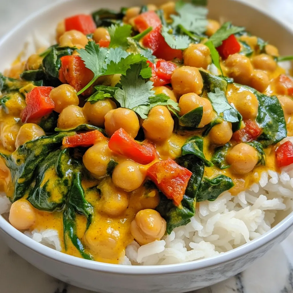 - 1 can (15 oz) chickpeas, drained and rinsed - 1 can (14 oz) coconut milk - 1 tablespoon olive oil - 1 medium onion, diced - 3 cloves garlic, minced - 1 tablespoon ginger, grated - 2 tablespoons red curry paste - 1 tablespoon soy sauce (or tamari for gluten-free) - 1 tablespoon maple syrup - 1 red bell pepper, diced - 2 cups spinach (fresh or frozen) - Salt and pepper to taste - Fresh cilantro for garnish - Cooked rice or quinoa for serving Gathering the right ingredients is key to making easy coconut curry chickpeas. Each item plays a role in creating the flavor and texture you’ll love. Chickpeas are the star of this dish. They add protein and texture. Using canned chickpeas saves time. Simply drain and rinse them before adding. Coconut milk brings a creamy richness. It balances the spiciness of the curry paste. Choose full-fat coconut milk for the best flavor. Vegetables and aromatics include onion, garlic, ginger, and red bell pepper. These ingredients create a flavorful base. The onion adds sweetness, while garlic and ginger provide depth. Bell pepper adds color and crunch. Seasonings and sauces are crucial for building flavor. Red curry paste adds warmth and spice. Soy sauce (or tamari) gives umami. Maple syrup adds a hint of sweetness to balance everything. With these ingredients, you can easily whip up a warm, tasty meal. Cooking becomes simple and fun with this vibrant mix. Enjoy the process! {{ingredient_image_1}} Sautéing Onion Start by heating the olive oil in a large skillet over medium heat. Once hot, add the diced onion. Sauté for about 5 minutes until the onion is soft and translucent. This step builds a great base for your curry. Adding Garlic and Ginger Next, add the minced garlic and grated ginger to the skillet. Stir these in for about 1-2 minutes. You want to cook them just until they smell amazing. This will add depth to your dish. Incorporating Curry Paste Now, stir in the red curry paste. Cook it for another minute to let the flavors bloom. This step is key to making your curry rich and vibrant. Adding Coconut Milk and Seasonings Pour in the coconut milk, soy sauce, and maple syrup. Mix everything well to combine. Bring the mixture to a gentle simmer. This will create a creamy sauce for your curry. Mixing in Chickpeas and Red Bell Pepper Now, add the drained chickpeas and diced red bell pepper to the skillet. Stir until all the ingredients are coated in the sauce. Let this cook for 10-15 minutes. This helps the chickpeas soak up all the tasty flavors. Cooking and Thickening As it simmers, the sauce will thicken a bit. Keep an eye on it and stir occasionally. This is when the magic happens; the curry becomes a cozy meal. Adding Spinach After simmering, it’s time to add the spinach. Stir it in and cook for another 2-3 minutes. If you use fresh spinach, it will wilt nicely. If frozen, just heat it through. Seasoning to Taste Finally, taste your curry and add salt and pepper as needed. Adjust the seasoning until it is just right. This step is important to perfect your dish before serving. Using Fresh Ingredients Using fresh ingredients makes a big difference. Fresh garlic, ginger, and vegetables boost the taste. Always choose ripe bell peppers and bright spinach. Fresh herbs, like cilantro, add a pop of flavor. Fresh coconut milk adds creaminess and richness. Adjusting Spice Level You can control the heat of your curry. If you want it mild, cut the red curry paste in half. For more spice, add more paste or fresh chili. Taste as you go to find your perfect level. Serving Ideas Serve the curry over hot rice or quinoa. A fluffy base soaks up the sauce well. You can also use cauliflower rice for a low-carb option. This dish looks great on colorful plates. Garnishing Options Garnish with fresh cilantro for a beautiful finish. A lime wedge adds a tangy kick. You can also sprinkle sesame seeds for crunch. A drizzle of coconut milk on top looks pretty too! Pro Tips Use Fresh Spices: Fresh spices can significantly enhance the flavor of your curry. Consider using freshly ground spices instead of pre-ground ones for a more vibrant taste. Adjust the Heat: If you prefer a spicier curry, add a pinch of cayenne pepper or a chopped chili pepper when cooking the onion. Adjust according to your heat tolerance. Let it Simmer: Allow the curry to simmer longer if you have the time. This helps the flavors meld together and results in a richer taste. Customize Your Veggies: Feel free to mix in other vegetables such as zucchini, carrots, or peas for added nutrition and flavor. Just adjust the cooking time accordingly. {{image_2}} You can switch up the protein in your coconut curry chickpeas. Here’s how: - Different Legumes: Try using black beans or lentils. They cook well and add nice flavor. Just adjust the cooking time based on what you choose. - Adding Tofu or Chicken: Tofu works great for plant-based protein. Use firm tofu and cut it into cubes. Sauté it until golden before adding it to the curry. If you prefer chicken, use diced breast or thighs. Cook the chicken until it's no longer pink before adding the sauce. Changing spices can make your dish unique. Here are some ideas: - Changing Curry Pastes: You can use green or yellow curry paste instead of red. This gives a different taste. Each paste has its own flavor profile, so pick one you love. - Adding Extra Vegetables: Toss in more veggies like carrots, zucchini, or peas. They add color and nutrients. Just make sure to cook them until tender before adding the chickpeas. How to Store Leftovers After you enjoy your coconut curry chickpeas, let the dish cool. Then, place it in an airtight container. This helps keep the flavors fresh. Make sure to store it in the fridge. Use it within a few days for the best taste. Shelf Life When stored properly, your coconut curry will last about 3 to 4 days in the fridge. You may notice the flavors deepen as it sits. However, be sure to check for any signs of spoilage before enjoying leftovers. Freezing Tips for Curry To freeze your coconut curry chickpeas, let them cool completely first. Then, transfer the curry to a freezer-safe container. You can also use freezer bags for easier storage. Make sure to label the bags with the date. This way, you won’t forget when you made it. When frozen, the curry will last for up to 3 months. To reheat, simply thaw it in the fridge overnight. Then, heat it gently on the stove or in the microwave. Stir well to ensure even heating. Enjoy your meal anytime with this easy storage method! Yes, you can use dried chickpeas. First, soak them overnight. Then, cook them until tender before adding them to the curry. This step takes time, but the flavor is worth it. Dried chickpeas can add a fresh taste to your dish. To make this coconut curry chickpeas gluten-free, simply replace soy sauce with tamari. Tamari is a gluten-free soy sauce that tastes similar. Always check labels to ensure other ingredients are gluten-free as well. I love serving coconut curry chickpeas over rice or quinoa. Both add a nice base for the curry. You can also serve it with naan or a fresh salad. Garnish with cilantro and a lime wedge for extra flavor. This blog post covered making a tasty coconut curry with chickpeas. We explored the main ingredients, from chickpeas to fresh veggies. You learned how to sauté and simmer for the best flavor. I shared tips for adding more taste and smart ways to present your dish. There are fun variations, too, for different proteins and spice levels. Finally, I gave storage tips for leftovers. Enjoy this easy and healthy dish that satisfies your taste buds!
