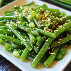 - 1 pound fresh green beans, trimmed - 2 tablespoons sesame oil - 4 cloves garlic, minced - 1 tablespoon soy sauce - 1 teaspoon rice vinegar - 1 tablespoon sesame seeds - 1 teaspoon chili flakes (optional for heat) - Salt and pepper to taste - Scallions, sliced for garnish The first step to making sesame garlic green beans is gathering the right ingredients. Fresh green beans are the star of this dish. They add a crisp texture and bright flavor. I love using sesame oil, as it gives a wonderful nutty taste. Minced garlic adds depth and aroma. Soy sauce and rice vinegar bring a perfect balance of salty and tangy. Sesame seeds add a delightful crunch. If you like some heat, chili flakes can spice things up. You can adjust the salt and pepper to your liking. Finally, don’t forget to garnish with sliced scallions. Having fresh, quality ingredients makes a big difference. You can find these items at your local grocery store or farmer’s market. Enjoy the process of gathering your ingredients, as it sets the stage for a great cooking experience! {{ingredient_image_1}} 1. Blanching the green beans: Start by boiling a pot of water. Once it’s boiling, add the trimmed green beans. Cook them for 3-4 minutes. They should look bright green and feel tender-crisp. 2. Cooling in ice water: Quickly move the beans to a bowl filled with ice water. This stops the cooking and keeps them bright. Let them cool for a few minutes. After that, drain the beans and pat them dry. 1. Sautéing garlic and green beans: In a large skillet or wok, heat 2 tablespoons of sesame oil over medium heat. When the oil is hot, add 4 cloves of minced garlic. Cook for 1 minute. The garlic should smell nice but not burn. 2. Adding soy sauce and seasoning: Next, toss in the blanched green beans. Stir them in the garlic oil for about 2-3 minutes. They need to heat through. Drizzle in 1 tablespoon of soy sauce and 1 teaspoon of rice vinegar. If you like heat, add 1 teaspoon of chili flakes. Season with salt and pepper to taste. Cook for another 1-2 minutes to blend the flavors. 1. Garnishing with sesame seeds and scallions: Remove the skillet from the heat. Sprinkle 1 tablespoon of sesame seeds over the green beans and gently toss to coat them. For a fresh look, add sliced scallions on top. Serve warm and enjoy this tasty side dish! To get the perfect blanching, bring a pot of water to a rolling boil. Add the green beans and let them cook for 3-4 minutes. They should be bright green and tender-crisp. This step helps keep the beans vibrant and firm. After blanching, quickly move the beans to a bowl of ice water. This cools them fast and stops the cooking. Drain and pat them dry before cooking. Balancing flavors is key. Use fresh garlic for a strong taste. Sesame oil adds a rich, nutty flavor. Soy sauce brings saltiness, while rice vinegar adds brightness. Adjust these to suit your taste. If you like heat, add chili flakes, but use sparingly to avoid overpowering the dish. Sesame garlic green beans pair well with many main dishes. They work great with grilled chicken or fish. You can also serve them with rice or noodles for a complete meal. For presentation, arrange the green beans in a nice dish. Sprinkle sesame seeds on top for crunch. Add scallions for a fresh touch. A colorful plate makes the dish even more inviting. One common mistake is overcooking green beans. They should stay crisp, not mushy. Keep an eye on the time while blanching. Another mistake is burning garlic. Garlic cooks quickly. If it turns brown, it tastes bitter. Cook it just until fragrant, then add the beans. This keeps the garlic's flavor bright and fresh. Pro Tips Blanching Technique: Make sure to plunge the green beans into ice water immediately after blanching to preserve their vibrant color and crunch. Garlic Timing: Avoid overcooking the garlic; it should be just fragrant and not browned for the best flavor. Seasoning Balance: Taste as you go! Adjust the soy sauce and vinegar to achieve the flavor balance you prefer. Garnish for Freshness: Fresh scallions not only add color but also a fresh crunch that elevates the dish. {{image_2}} You can mix things up by using different types of beans. Try snap peas or asparagus for a fresh twist. Edamame beans work well too. They add a unique flavor and fun texture. If you want to change the oil, try olive oil or avocado oil. Both oils add a nice taste. You can also swap soy sauce for tamari for a gluten-free option. Experiment with different seasonings, like ginger or lemon zest, to give your dish a new flavor. Adding protein makes this dish heartier and more filling. You can toss in cooked chicken for a savory touch. Use grilled or shredded chicken for the best results. If you prefer plant-based options, try adding tofu. Firm tofu works best. Cube it and sauté it until golden before adding the green beans. Shrimp is another tasty choice. Just sauté it with the garlic for a quick flavor boost. You can cook these green beans in different ways. Oven-roasting gives them a nice crisp texture. Toss the green beans with oil, garlic, and seasonings. Spread them on a baking sheet and roast at 425°F for about 15 minutes. Stovetop sautéing is faster and keeps them bright green. Just follow the steps in the recipe. Both methods taste great, so choose the one you like best! To keep your sesame garlic green beans fresh, place them in an airtight container. Refrigerate them as soon as they cool down. This helps keep their crispness and taste. When stored properly, they can last up to three days in the fridge. If you want to save them for later, you can freeze the green beans. First, blanch them as per the recipe, then cool and drain. Spread them on a baking sheet and freeze until solid. Once frozen, transfer them to a freezer bag. This method helps prevent clumping and keeps them fresh for about three months. When it’s time to eat your leftovers, you’ll want to reheat them without losing flavor. The best way is to use a skillet. Heat a little sesame oil over medium heat. Add the green beans and toss them gently. This way, they warm up nicely while retaining their taste. You can also add a splash of soy sauce for extra flavor. You can microwave them too. Place the green beans in a microwave-safe bowl, cover, and heat in short bursts. Stir every 30 seconds until they are warm. How long do sesame garlic green beans last in the fridge? If stored correctly, they can last for about three days. After that, they may lose their texture and flavor. Always check for any off smells or signs of spoilage before eating them. Yes, you can make sesame garlic green beans ahead of time. Cook them as usual, and let them cool down. Store in an airtight container in the fridge for up to three days. When you are ready to eat, just reheat in a pan or microwave. This method keeps the flavor intact. If you don’t have sesame oil, you can use olive oil or avocado oil. They both add a nice flavor. However, sesame oil has a unique taste. Try to find toasted sesame oil for a richer flavor, if possible. Yes, sesame garlic green beans are great for meal prep. They hold up well and taste good even after a few days. You can pair them with rice or noodles for a full meal. Just remember to store them in a sealed container to keep them fresh. This dish is already vegetarian and can be easily made vegan. Just use soy sauce that is labeled vegan. This way, you can enjoy the same great flavors without any animal products. Feel free to add extra veggies for more color and nutrients. You now have a complete guide to sesame garlic green beans. We've covered ingredients, step-by-step cooking, and helpful tips. You learned how to enhance flavor and avoid mistakes. Remember, perfect blanching is key, and garnishing makes your dish shine. Explore variations and try adding protein for a full meal. Proper storage keeps leftovers fresh for later enjoyment. Enjoy every bite of this vibrant dish. It's easy, tasty, and sure to impress!