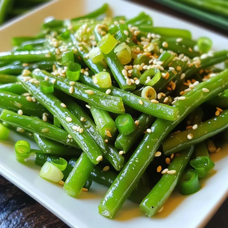 - 1 pound fresh green beans, trimmed - 2 tablespoons sesame oil - 4 cloves garlic, minced - 1 tablespoon soy sauce - 1 teaspoon rice vinegar - 1 tablespoon sesame seeds - 1 teaspoon chili flakes (optional for heat) - Salt and pepper to taste - Scallions, sliced for garnish The first step to making sesame garlic green beans is gathering the right ingredients. Fresh green beans are the star of this dish. They add a crisp texture and bright flavor. I love using sesame oil, as it gives a wonderful nutty taste. Minced garlic adds depth and aroma. Soy sauce and rice vinegar bring a perfect balance of salty and tangy. Sesame seeds add a delightful crunch. If you like some heat, chili flakes can spice things up. You can adjust the salt and pepper to your liking. Finally, don’t forget to garnish with sliced scallions. Having fresh, quality ingredients makes a big difference. You can find these items at your local grocery store or farmer’s market. Enjoy the process of gathering your ingredients, as it sets the stage for a great cooking experience! {{ingredient_image_1}} 1. Blanching the green beans: Start by boiling a pot of water. Once it’s boiling, add the trimmed green beans. Cook them for 3-4 minutes. They should look bright green and feel tender-crisp. 2. Cooling in ice water: Quickly move the beans to a bowl filled with ice water. This stops the cooking and keeps them bright. Let them cool for a few minutes. After that, drain the beans and pat them dry. 1. Sautéing garlic and green beans: In a large skillet or wok, heat 2 tablespoons of sesame oil over medium heat. When the oil is hot, add 4 cloves of minced garlic. Cook for 1 minute. The garlic should smell nice but not burn. 2. Adding soy sauce and seasoning: Next, toss in the blanched green beans. Stir them in the garlic oil for about 2-3 minutes. They need to heat through. Drizzle in 1 tablespoon of soy sauce and 1 teaspoon of rice vinegar. If you like heat, add 1 teaspoon of chili flakes. Season with salt and pepper to taste. Cook for another 1-2 minutes to blend the flavors. 1. Garnishing with sesame seeds and scallions: Remove the skillet from the heat. Sprinkle 1 tablespoon of sesame seeds over the green beans and gently toss to coat them. For a fresh look, add sliced scallions on top. Serve warm and enjoy this tasty side dish! To get the perfect blanching, bring a pot of water to a rolling boil. Add the green beans and let them cook for 3-4 minutes. They should be bright green and tender-crisp. This step helps keep the beans vibrant and firm. After blanching, quickly move the beans to a bowl of ice water. This cools them fast and stops the cooking. Drain and pat them dry before cooking. Balancing flavors is key. Use fresh garlic for a strong taste. Sesame oil adds a rich, nutty flavor. Soy sauce brings saltiness, while rice vinegar adds brightness. Adjust these to suit your taste. If you like heat, add chili flakes, but use sparingly to avoid overpowering the dish. Sesame garlic green beans pair well with many main dishes. They work great with grilled chicken or fish. You can also serve them with rice or noodles for a complete meal. For presentation, arrange the green beans in a nice dish. Sprinkle sesame seeds on top for crunch. Add scallions for a fresh touch. A colorful plate makes the dish even more inviting. One common mistake is overcooking green beans. They should stay crisp, not mushy. Keep an eye on the time while blanching. Another mistake is burning garlic. Garlic cooks quickly. If it turns brown, it tastes bitter. Cook it just until fragrant, then add the beans. This keeps the garlic's flavor bright and fresh. Pro Tips Blanching Technique: Make sure to plunge the green beans into ice water immediately after blanching to preserve their vibrant color and crunch. Garlic Timing: Avoid overcooking the garlic; it should be just fragrant and not browned for the best flavor. Seasoning Balance: Taste as you go! Adjust the soy sauce and vinegar to achieve the flavor balance you prefer. Garnish for Freshness: Fresh scallions not only add color but also a fresh crunch that elevates the dish. {{image_2}} You can mix things up by using different types of beans. Try snap peas or asparagus for a fresh twist. Edamame beans work well too. They add a unique flavor and fun texture. If you want to change the oil, try olive oil or avocado oil. Both oils add a nice taste. You can also swap soy sauce for tamari for a gluten-free option. Experiment with different seasonings, like ginger or lemon zest, to give your dish a new flavor. Adding protein makes this dish heartier and more filling. You can toss in cooked chicken for a savory touch. Use grilled or shredded chicken for the best results. If you prefer plant-based options, try adding tofu. Firm tofu works best. Cube it and sauté it until golden before adding the green beans. Shrimp is another tasty choice. Just sauté it with the garlic for a quick flavor boost. You can cook these green beans in different ways. Oven-roasting gives them a nice crisp texture. Toss the green beans with oil, garlic, and seasonings. Spread them on a baking sheet and roast at 425°F for about 15 minutes. Stovetop sautéing is faster and keeps them bright green. Just follow the steps in the recipe. Both methods taste great, so choose the one you like best! To keep your sesame garlic green beans fresh, place them in an airtight container. Refrigerate them as soon as they cool down. This helps keep their crispness and taste. When stored properly, they can last up to three days in the fridge. If you want to save them for later, you can freeze the green beans. First, blanch them as per the recipe, then cool and drain. Spread them on a baking sheet and freeze until solid. Once frozen, transfer them to a freezer bag. This method helps prevent clumping and keeps them fresh for about three months. When it’s time to eat your leftovers, you’ll want to reheat them without losing flavor. The best way is to use a skillet. Heat a little sesame oil over medium heat. Add the green beans and toss them gently. This way, they warm up nicely while retaining their taste. You can also add a splash of soy sauce for extra flavor. You can microwave them too. Place the green beans in a microwave-safe bowl, cover, and heat in short bursts. Stir every 30 seconds until they are warm. How long do sesame garlic green beans last in the fridge? If stored correctly, they can last for about three days. After that, they may lose their texture and flavor. Always check for any off smells or signs of spoilage before eating them. Yes, you can make sesame garlic green beans ahead of time. Cook them as usual, and let them cool down. Store in an airtight container in the fridge for up to three days. When you are ready to eat, just reheat in a pan or microwave. This method keeps the flavor intact. If you don’t have sesame oil, you can use olive oil or avocado oil. They both add a nice flavor. However, sesame oil has a unique taste. Try to find toasted sesame oil for a richer flavor, if possible. Yes, sesame garlic green beans are great for meal prep. They hold up well and taste good even after a few days. You can pair them with rice or noodles for a full meal. Just remember to store them in a sealed container to keep them fresh. This dish is already vegetarian and can be easily made vegan. Just use soy sauce that is labeled vegan. This way, you can enjoy the same great flavors without any animal products. Feel free to add extra veggies for more color and nutrients. You now have a complete guide to sesame garlic green beans. We've covered ingredients, step-by-step cooking, and helpful tips. You learned how to enhance flavor and avoid mistakes. Remember, perfect blanching is key, and garnishing makes your dish shine. Explore variations and try adding protein for a full meal. Proper storage keeps leftovers fresh for later enjoyment. Enjoy every bite of this vibrant dish. It's easy, tasty, and sure to impress!