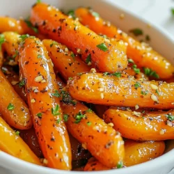 - 1 pound baby carrots (or regular carrots, peeled and cut into sticks) - 3 tablespoons honey - 2 tablespoons olive oil - 3 cloves garlic, minced - 1 teaspoon fresh thyme leaves (or ½ teaspoon dried thyme) - Salt and pepper to taste - 1 tablespoon balsamic vinegar (optional) - Fresh parsley for garnish The key to making honey garlic roasted carrots is in the ingredients. Start with one pound of baby carrots. You can also use regular carrots if you prefer. Just peel and cut them into sticks. Next, honey adds sweetness. Three tablespoons is the perfect amount. It helps the carrots caramelize nicely. Olive oil is next. Two tablespoons will give them a nice texture. Garlic brings a rich flavor. Use three cloves of minced garlic. Fresh thyme adds a touch of earthiness. One teaspoon of fresh thyme works best, but dried thyme is fine too. Don't forget salt and pepper. They enhance the taste. Use them to your liking. If you want a hint of acidity, add one tablespoon of balsamic vinegar. Finally, fresh parsley makes a great garnish. It adds color and freshness to the dish. These ingredients come together to create a tasty and flavorful side dish. {{ingredient_image_1}} - Preheat your oven to 425°F (220°C). - Grab a large mixing bowl. Add 3 tablespoons honey, 2 tablespoons olive oil, 3 minced garlic cloves, 1 teaspoon fresh thyme, salt, and pepper. Mix well to create a tasty marinade. - Add 1 pound of baby carrots to the bowl. Toss the carrots in the marinade until they are coated evenly. - Spread the carrots in a single layer on a lined baking sheet. - Roast in the oven for 25-30 minutes. Stir the carrots halfway through for even cooking. They should be tender and caramelized when done. - For extra flavor, drizzle with 1 tablespoon balsamic vinegar before roasting. - Once the carrots are done, let them cool slightly. Garnish with freshly chopped parsley. - Serve warm as a delicious side dish. These honey garlic roasted carrots pair well with chicken or fish. They can also brighten any veggie platter. To get the best taste from your honey garlic roasted carrots, follow these tips: - Ensuring even roasting: Cut your carrots into similar sizes. This helps them cook at the same rate. If you use baby carrots, they usually roast well without further cutting. Spread them out in one layer on your baking sheet. Leave space between each carrot for air to flow. - Adjusting seasoning for taste: Always taste your marinade before adding carrots. You can add a pinch of salt or a dash of pepper to enhance the flavor. If you want a sweeter taste, add a bit more honey. For a bit more zing, consider adding some balsamic vinegar. Serve your honey garlic roasted carrots with these ideas in mind: - Pairing recommendations: These carrots go great with grilled chicken or roasted pork. They also work well with a fresh green salad. Their sweet and savory flavor enhances many dishes. - Presentation ideas: When serving, place the carrots on a beautiful platter. Garnish them with fresh parsley for a pop of color. You can also drizzle a bit of balsamic glaze over the top for added flair. You can adjust the recipe based on what you have at home: - Alternatives for honey: If you don’t have honey, try using maple syrup or agave nectar. Both add sweetness with a unique flavor. - Options for herbs or oils: If you don’t have thyme, you can use rosemary or oregano. For oils, try avocado or coconut oil as tasty alternatives. Pro Tips Choose the Right Carrots: Opt for baby carrots for a sweeter flavor and more tender texture. If using regular carrots, cut them into uniform sticks for even cooking. Adjust the Sweetness: Feel free to modify the amount of honey based on your taste preference. You can also substitute maple syrup for a different flavor profile. Experiment with Herbs: Try adding different herbs like rosemary or oregano to the marinade for a unique twist on the flavor. Perfect Roasting: Stir the carrots halfway through roasting to ensure even caramelization and prevent burning. {{image_2}} You can change the taste of honey garlic roasted carrots easily. Adding spices can give them a nice kick. Try a dash of cayenne pepper or red pepper flakes for heat. You can also add smoked paprika for a warm, smoky flavor. If you want to switch the sweetener, you can use maple syrup or agave nectar. Both options add a unique taste. They work well with garlic and thyme, giving your dish a twist. While carrots are great, you can also use other veggies. Sweet potatoes and parsnips roast nicely with honey and garlic. They share flavors, making them perfect partners. Combining different root vegetables makes the dish fun and colorful. You can mix carrots, beets, and turnips for a vibrant look. Each veggie adds its own taste and texture. If you want to make this dish vegan, just swap out the honey. Use agave syrup or maple syrup instead. Both still provide that sweet flavor you love. For gluten-free options, this recipe is already safe! All the ingredients are gluten-free. Just make sure to check labels if using pre-packaged items. This way, everyone can enjoy these tasty roasted carrots. To keep your honey garlic roasted carrots fresh, follow these steps: - Let the carrots cool completely before storing. - Use an airtight container to prevent moisture loss. - Store in the fridge for up to four days for the best taste. When reheating, you want to keep the carrots tasty. Here are good methods: - Use the oven at 350°F (175°C) for about 10-15 minutes. - You can also use a microwave for quick reheating. - To keep the carrots crisp, cover them with a damp paper towel in the microwave. Yes, you can freeze honey garlic roasted carrots! Here’s how: - Place cooled carrots in a freezer-safe bag. - Remove as much air as possible before sealing. - Store in the freezer for up to three months. When you’re ready to eat, here’s what to do: - Thaw the carrots overnight in the fridge. - Reheat in the oven or microwave as mentioned above. How do I make honey garlic roasted carrots more flavorful? To boost flavor, add spices like cumin or paprika. You can also mix in lemon juice. Fresh herbs like rosemary or dill work well too. A sprinkle of chili flakes gives heat. Can I use frozen carrots for this recipe? Yes, you can use frozen carrots. Thaw them first and pat dry. This prevents excess water from steaming the carrots. They may be softer than fresh carrots, but they still taste great. Can I make this recipe ahead of time? You can prepare the carrots in advance. Toss them in the marinade and store in the fridge. Roast them right before serving for the best taste and texture. What are the health benefits of carrots? Carrots are rich in vitamins A and C. They support eye health and boost the immune system. They also provide fiber, which aids digestion and keeps you full. Caloric content per serving? Each serving of honey garlic roasted carrots has about 100 calories. This can vary based on added ingredients. The dish is low in calories and full of nutrients. What's the best oven temperature for roasting? The best temperature for roasting carrots is 425°F (220°C). This high heat helps caramelize the sugars in the carrots. It gives them a nice, sweet flavor. How long to roast carrots for different textures? For tender carrots, roast for 25-30 minutes. If you like them crisp-tender, check at 20 minutes. Stir halfway through for even cooking and golden edges. Honey garlic roasted carrots are simple and tasty. We covered the key ingredients and steps needed for great flavor. With tips on variations, storage, and serving, you can make this dish your own. Try different herbs or spices to suit your taste. These carrots can fit into many diets and are easy to save for later. Enjoy the sweet and savory taste of honey garlic roasted carrots in your meals. Your family will love them!