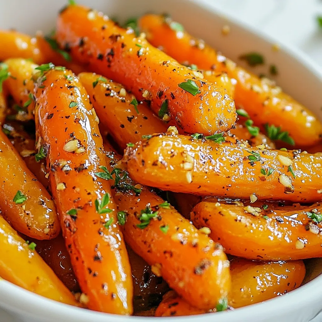 - 1 pound baby carrots (or regular carrots, peeled and cut into sticks) - 3 tablespoons honey - 2 tablespoons olive oil - 3 cloves garlic, minced - 1 teaspoon fresh thyme leaves (or ½ teaspoon dried thyme) - Salt and pepper to taste - 1 tablespoon balsamic vinegar (optional) - Fresh parsley for garnish The key to making honey garlic roasted carrots is in the ingredients. Start with one pound of baby carrots. You can also use regular carrots if you prefer. Just peel and cut them into sticks. Next, honey adds sweetness. Three tablespoons is the perfect amount. It helps the carrots caramelize nicely. Olive oil is next. Two tablespoons will give them a nice texture. Garlic brings a rich flavor. Use three cloves of minced garlic. Fresh thyme adds a touch of earthiness. One teaspoon of fresh thyme works best, but dried thyme is fine too. Don't forget salt and pepper. They enhance the taste. Use them to your liking. If you want a hint of acidity, add one tablespoon of balsamic vinegar. Finally, fresh parsley makes a great garnish. It adds color and freshness to the dish. These ingredients come together to create a tasty and flavorful side dish. {{ingredient_image_1}} - Preheat your oven to 425°F (220°C). - Grab a large mixing bowl. Add 3 tablespoons honey, 2 tablespoons olive oil, 3 minced garlic cloves, 1 teaspoon fresh thyme, salt, and pepper. Mix well to create a tasty marinade. - Add 1 pound of baby carrots to the bowl. Toss the carrots in the marinade until they are coated evenly. - Spread the carrots in a single layer on a lined baking sheet. - Roast in the oven for 25-30 minutes. Stir the carrots halfway through for even cooking. They should be tender and caramelized when done. - For extra flavor, drizzle with 1 tablespoon balsamic vinegar before roasting. - Once the carrots are done, let them cool slightly. Garnish with freshly chopped parsley. - Serve warm as a delicious side dish. These honey garlic roasted carrots pair well with chicken or fish. They can also brighten any veggie platter. To get the best taste from your honey garlic roasted carrots, follow these tips: - Ensuring even roasting: Cut your carrots into similar sizes. This helps them cook at the same rate. If you use baby carrots, they usually roast well without further cutting. Spread them out in one layer on your baking sheet. Leave space between each carrot for air to flow. - Adjusting seasoning for taste: Always taste your marinade before adding carrots. You can add a pinch of salt or a dash of pepper to enhance the flavor. If you want a sweeter taste, add a bit more honey. For a bit more zing, consider adding some balsamic vinegar. Serve your honey garlic roasted carrots with these ideas in mind: - Pairing recommendations: These carrots go great with grilled chicken or roasted pork. They also work well with a fresh green salad. Their sweet and savory flavor enhances many dishes. - Presentation ideas: When serving, place the carrots on a beautiful platter. Garnish them with fresh parsley for a pop of color. You can also drizzle a bit of balsamic glaze over the top for added flair. You can adjust the recipe based on what you have at home: - Alternatives for honey: If you don’t have honey, try using maple syrup or agave nectar. Both add sweetness with a unique flavor. - Options for herbs or oils: If you don’t have thyme, you can use rosemary or oregano. For oils, try avocado or coconut oil as tasty alternatives. Pro Tips Choose the Right Carrots: Opt for baby carrots for a sweeter flavor and more tender texture. If using regular carrots, cut them into uniform sticks for even cooking. Adjust the Sweetness: Feel free to modify the amount of honey based on your taste preference. You can also substitute maple syrup for a different flavor profile. Experiment with Herbs: Try adding different herbs like rosemary or oregano to the marinade for a unique twist on the flavor. Perfect Roasting: Stir the carrots halfway through roasting to ensure even caramelization and prevent burning. {{image_2}} You can change the taste of honey garlic roasted carrots easily. Adding spices can give them a nice kick. Try a dash of cayenne pepper or red pepper flakes for heat. You can also add smoked paprika for a warm, smoky flavor. If you want to switch the sweetener, you can use maple syrup or agave nectar. Both options add a unique taste. They work well with garlic and thyme, giving your dish a twist. While carrots are great, you can also use other veggies. Sweet potatoes and parsnips roast nicely with honey and garlic. They share flavors, making them perfect partners. Combining different root vegetables makes the dish fun and colorful. You can mix carrots, beets, and turnips for a vibrant look. Each veggie adds its own taste and texture. If you want to make this dish vegan, just swap out the honey. Use agave syrup or maple syrup instead. Both still provide that sweet flavor you love. For gluten-free options, this recipe is already safe! All the ingredients are gluten-free. Just make sure to check labels if using pre-packaged items. This way, everyone can enjoy these tasty roasted carrots. To keep your honey garlic roasted carrots fresh, follow these steps: - Let the carrots cool completely before storing. - Use an airtight container to prevent moisture loss. - Store in the fridge for up to four days for the best taste. When reheating, you want to keep the carrots tasty. Here are good methods: - Use the oven at 350°F (175°C) for about 10-15 minutes. - You can also use a microwave for quick reheating. - To keep the carrots crisp, cover them with a damp paper towel in the microwave. Yes, you can freeze honey garlic roasted carrots! Here’s how: - Place cooled carrots in a freezer-safe bag. - Remove as much air as possible before sealing. - Store in the freezer for up to three months. When you’re ready to eat, here’s what to do: - Thaw the carrots overnight in the fridge. - Reheat in the oven or microwave as mentioned above. How do I make honey garlic roasted carrots more flavorful? To boost flavor, add spices like cumin or paprika. You can also mix in lemon juice. Fresh herbs like rosemary or dill work well too. A sprinkle of chili flakes gives heat. Can I use frozen carrots for this recipe? Yes, you can use frozen carrots. Thaw them first and pat dry. This prevents excess water from steaming the carrots. They may be softer than fresh carrots, but they still taste great. Can I make this recipe ahead of time? You can prepare the carrots in advance. Toss them in the marinade and store in the fridge. Roast them right before serving for the best taste and texture. What are the health benefits of carrots? Carrots are rich in vitamins A and C. They support eye health and boost the immune system. They also provide fiber, which aids digestion and keeps you full. Caloric content per serving? Each serving of honey garlic roasted carrots has about 100 calories. This can vary based on added ingredients. The dish is low in calories and full of nutrients. What's the best oven temperature for roasting? The best temperature for roasting carrots is 425°F (220°C). This high heat helps caramelize the sugars in the carrots. It gives them a nice, sweet flavor. How long to roast carrots for different textures? For tender carrots, roast for 25-30 minutes. If you like them crisp-tender, check at 20 minutes. Stir halfway through for even cooking and golden edges. Honey garlic roasted carrots are simple and tasty. We covered the key ingredients and steps needed for great flavor. With tips on variations, storage, and serving, you can make this dish your own. Try different herbs or spices to suit your taste. These carrots can fit into many diets and are easy to save for later. Enjoy the sweet and savory taste of honey garlic roasted carrots in your meals. Your family will love them!