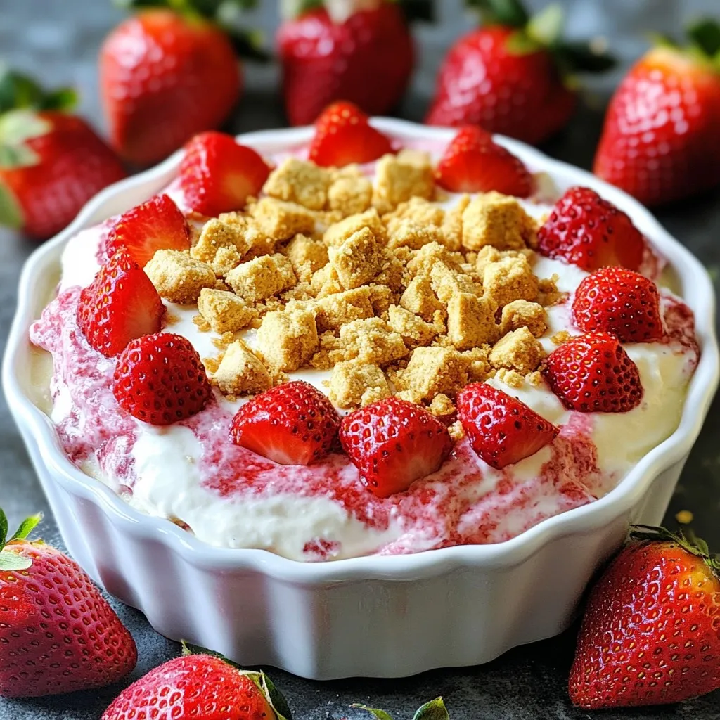 - 8 oz cream cheese, softened - 1/2 cup powdered sugar - 1 teaspoon vanilla extract - 1/2 cup sour cream - 3/4 cup fresh strawberries, diced - 1/4 cup crushed graham crackers - Optional: extra strawberries for garnish To create this tasty dip, you need some key ingredients. First, use 8 ounces of softened cream cheese. This gives the dip its rich texture. Then, add 1/2 cup of powdered sugar. It adds sweetness without being grainy. Next, mix in 1 teaspoon of vanilla extract for flavor. This brings warmth and depth to the dish. You will also need 1/2 cup of sour cream. This adds creaminess and tang. Fresh strawberries are key; use 3/4 cup of diced strawberries to create that classic cheesecake taste. Finally, sprinkle 1/4 cup of crushed graham crackers on top for that crunchy finish. If you like, add extra strawberries for a pretty garnish. - Graham crackers - Sliced fruits (apples, bananas) - Biscotti When it comes to dipping, I have some tasty options. Graham crackers are a classic choice. They pair well with the creamy dip. You can also use sliced fruits like apples or bananas. They add a fresh touch. Biscotti is another fun option. Its crunch goes great with the smooth dip. Try any of these for a delightful scoop! {{ingredient_image_1}} 1. Start by beating the cream cheese until it is smooth and creamy. This makes the base of your dip. 2. Next, mix in the powdered sugar and vanilla extract. Blend until the mixture is fluffy and well combined. 3. Now, stir in the sour cream. This adds a nice tang and creaminess to the dip. 1. Gently fold in the diced strawberries. Make sure they are evenly spread throughout the dip for great flavor. 2. Sprinkle the crushed graham crackers on top of the dip. Lightly swirl them in for added texture and taste. 1. Transfer the dip to a serving bowl. Choose a nice bowl to make it look extra special. 2. Chill the dip in the refrigerator for 30 minutes. This helps the flavors blend and makes it cool and refreshing. To make the best strawberry cheesecake dip, start with your cream cheese. You must ensure it is softened. Cold cream cheese will not mix well. Leave it out for about 30 minutes before you begin. Next, use a hand mixer to beat the cream cheese. This tool gives you a smooth and creamy texture. If you don’t have one, a whisk will work, but it will take longer. The right bowl makes your dip look great. Use a decorative serving bowl to catch the eye. This small touch makes a big difference at parties. Garnish your dip with extra strawberries. Place them around the edge of the bowl. This adds color and makes the dish look fresh and inviting. Pro Tips Use Room Temperature Cream Cheese: Ensuring the cream cheese is at room temperature helps achieve a smoother and creamier dip. Fresh Strawberries for Best Flavor: Opt for fresh, ripe strawberries as they bring out the best flavor in your dip. Chill Before Serving: Allowing the dip to chill for at least 30 minutes helps the flavors meld together and enhances its taste. Graham Cracker Variety: Experiment with different types of graham crackers, like chocolate or honey, to add a unique twist to your dip. {{image_2}} You can make this dip even better with a few simple twists. - Add a swirl of strawberry jam: This gives the dip a sweet burst. Just drizzle some jam on top and use a knife to create swirls. The jam adds a nice fruity flavor. - Incorporate lemon zest for brightness: A little lemon zest makes the dip taste fresh. Just grate the outer peel of a lemon before mixing it in. It adds a zing that pairs well with strawberries. If you have dietary needs, you can still enjoy this dip. - Gluten-free options: Use gluten-free graham crackers or fresh fruit for dipping. This way, everyone can join the fun. - Vegan alternatives using dairy-free cream cheese: Swap regular cream cheese for a dairy-free version. You can also use coconut cream for a rich flavor. This makes the dip suitable for those who don’t eat dairy. These simple changes let you customize the dip to your taste and needs. Enjoy experimenting! To keep your strawberry cheesecake dip fresh, store it in an airtight container. This helps keep out air and moisture. You should try to eat it within 3-4 days for the best taste. After that, the dip may lose its creamy texture and flavor. Can you freeze strawberry cheesecake dip? Yes, but it may change in texture. If you choose to freeze it, place it in a freezer-safe container. When you want to enjoy it again, thaw it in the fridge overnight. Avoid thawing it in the microwave, as this can make it watery. Always mix it well after thawing to bring back some creaminess. To thicken your dip, adjust the cream cheese and sour cream ratio. Use more cream cheese and less sour cream. This change will give you a denser dip. You can also add more crushed graham crackers for extra body. Mixing in a bit of whipped cream can help too. Experiment until you find the perfect thickness you like. Yes, you can make this dip ahead of time! It stays fresh in the fridge for up to 3 days. Just prepare it and store it in an airtight container. Chill it for at least 30 minutes before serving. This allows the flavors to mix well and taste even better. If you don't have graham crackers, don’t worry! You can try sliced fruits like apples or bananas. They add a fresh touch and taste great with the dip. Biscotti or pretzel sticks also work well for dipping. Each option gives a unique flavor and crunch. This blog covered how to make a tasty Strawberry Cheesecake Dip. We talked about the ingredients, like cream cheese and fresh strawberries. I gave you step-by-step instructions for mixing and chilling the dip. You learned helpful tips for perfecting the dip and ideas for variations. Lastly, I shared storage guidelines to keep it fresh. Try this dip at your next gathering. It’s easy and fun to make! Enjoy creating your creamy, sweet snack.