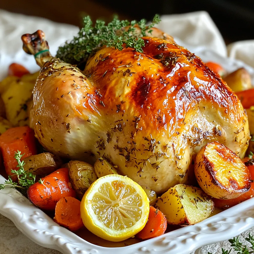 To make garlic herb roasted chicken, gather these simple ingredients: - 1 whole chicken (3-4 lbs) - 6 cloves garlic, minced - 2 tablespoons fresh rosemary, chopped - 2 tablespoons fresh thyme, chopped - 2 tablespoons fresh parsley, chopped - 1 lemon, zested and quartered - 1/4 cup olive oil - Salt and pepper to taste - 1 teaspoon paprika - 1 onion, quartered - 2 cups assorted root vegetables (carrots, potatoes, turnips), chopped Each ingredient plays a key role in making the chicken juicy and flavorful. Fresh herbs add bright tastes. Garlic gives a savory punch. Lemon zest brightens every bite. Olive oil keeps the chicken moist. Root vegetables soak up all the yummy flavors. Having these ready will make your cooking smooth and fun! {{ingredient_image_1}} 1. Preheat your oven to 425°F (220°C). This high heat helps create crispy skin. 2. In a mixing bowl, combine: - 6 cloves garlic, minced - 2 tablespoons fresh rosemary, chopped - 2 tablespoons fresh thyme, chopped - 2 tablespoons fresh parsley, chopped - Zest of 1 lemon - 1/4 cup olive oil - 1 teaspoon paprika - Salt and pepper to taste This mixture forms a fragrant herb paste. 3. Pat the chicken dry with paper towels. Removing moisture is key for crispiness. 1. Carefully separate the skin from the meat over the breast and thighs. This creates pockets for flavor. 2. Rub half of the herb paste under the skin. Then, spread the rest all over the chicken. 3. Stuff the cavity with: - Quartered lemon - Quartered onion This adds moisture and flavor from inside the bird. 4. Place the chicken in a large roasting pan. Surround it with: - 2 cups assorted root vegetables (carrots, potatoes, turnips), chopped Drizzle the veggies with olive oil and season with salt and pepper. 1. Roast the chicken in the oven for about 1 hour and 15 minutes. It’s done when the internal temperature hits 165°F (74°C). Look for a golden brown skin. 2. Every 30 minutes, baste the chicken with pan juices. This keeps the meat moist and adds flavor. Enjoy the aroma of your kitchen as the chicken roasts! - Drying the chicken: Start by patting the chicken dry with paper towels. This step helps the skin crisp up. Any moisture will steam the skin, making it soggy instead. - Basting frequency: Baste the chicken every 30 minutes. This keeps it juicy and adds flavor. Use the pan juices for the best results. - Marinating times: For the best flavor, marinate your chicken for at least an hour. If you have time, let it sit overnight in the fridge. This allows the herbs and garlic to soak in. - Alternative herb combinations: Feel free to mix herbs. Try tarragon or sage for a different taste. You can even use dried herbs if fresh ones are not available. - Resting the chicken: After roasting, let the chicken rest for 10-15 minutes. This helps the juices settle. Cutting too soon makes the meat dry. - Presentation ideas: Serve the chicken on a large platter. Arrange the roasted veggies around it. Add fresh herbs on top for a pop of color. This makes your meal look stunning! Pro Tips Pat the Chicken Dry: Ensure the chicken is thoroughly dried before applying the herb paste to achieve crispy skin when roasting. Use Fresh Herbs: Fresh herbs provide a more intense flavor compared to dried; if possible, always opt for fresh for the best taste. Baste for Moisture: Basting the chicken every 30 minutes with pan juices keeps the meat juicy and adds more flavor to the skin. Let it Rest: Allowing the chicken to rest for 10-15 minutes after roasting helps the juices redistribute, making for a more tender and flavorful meal. {{image_2}} You can change the flavor of your garlic herb roasted chicken easily. Try an Italian herb mix. Use basil, oregano, and a bit of sage. This mix gives a fresh taste. You can also explore Mediterranean flavors. Add dill, mint, and a touch of lemon zest. These herbs brighten the chicken while enhancing its taste. Switch up the veggies for a new twist. Use seasonal vegetables like squash or zucchini. These add color and nutrition. You can also add fruits. Apples and pears roast well, adding sweetness. They complement the savory chicken nicely. You have options with cooking methods too. Try grilling the chicken for a smoky flavor. Just marinate it in the herb paste first. Cook it on medium heat until it reaches the right temperature. Another option is the slow cooker. This method keeps the chicken super tender. Just follow the same prep and cook on low for about six hours. Store your leftover garlic herb roasted chicken in an airtight container. This keeps out air and moisture. Use a shallow dish to help it cool faster. The chicken stays fresh for up to four days in the fridge. If you notice any odd smells or changes, it’s best to toss it out. You can freeze garlic herb roasted chicken to enjoy later. First, let the chicken cool completely. Wrap it tightly in plastic wrap and then in foil. This helps avoid freezer burn. You can also slice the chicken before freezing. It will last for about four months in the freezer. To thaw, place the chicken in the fridge overnight. If you need it faster, put it in a sealed bag and submerge it in cold water. This method works well without cooking the chicken. When reheating, aim to keep the chicken moist. The best way is to use an oven set to 350°F (175°C). Place the chicken in a baking dish with a splash of broth or water. Cover it with foil to trap steam. This method helps keep the chicken juicy. If you're in a hurry, you can use a microwave. Heat it in short bursts, checking often. Be careful not to overcook it, as this can make it dry. Enjoy your delicious meal again, just like the first time! You should cook garlic herb roasted chicken for about 15 to 20 minutes per pound. For a chicken weighing 3-4 pounds, aim for 1 hour and 15 minutes. The key is to check often and make sure it cooks evenly. Yes, you can prepare the chicken ahead of time. You can make the herb paste and rub it on the chicken a day before. This helps the flavors soak in. Just keep it in the fridge until you are ready to cook. The safe internal temperature for cooked chicken is 165°F (74°C). Use a meat thermometer to check the thickest part of the thigh. This ensures your chicken is fully cooked and safe to eat. This recipe is already gluten-free! All the ingredients, like fresh herbs and vegetables, do not contain gluten. Just make sure any added ingredients, like broth, are gluten-free if you choose to use them. Great sides for garlic herb roasted chicken include: - Roasted root vegetables (carrots, potatoes, turnips) - Steamed green beans - A fresh green salad - Mashed potatoes - Quinoa or rice pilaf These add color and balance to your meal. This blog post covered all you need to know for a delicious garlic herb roasted chicken. We explored the key ingredients, preparation steps, and cooking methods. I shared tips for perfect crispiness and flavor enhancement. You saw variations to keep things interesting and learned about proper storage. Remember, great meals come from using fresh ingredients and cooking with care. Try this recipe, and I believe you will impress everyone at your table. Enjoy your cooking journey!