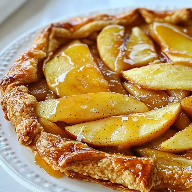- 1 ½ cups all-purpose flour - ½ cup unsalted butter, chilled and diced - 3 medium apples (Granny Smith or Honeycrisp), peeled and sliced - ¼ cup caramel sauce (store-bought or homemade) - 1 tablespoon sugar - ¼ cup brown sugar - 1 tablespoon lemon juice - 1 teaspoon cinnamon - ½ teaspoon sea salt - 1 beaten egg - Vanilla ice cream for serving {{ingredient_image_1}} - Mixing dry ingredients: Start by taking a mixing bowl. Add 1 ½ cups of all-purpose flour, ½ teaspoon of salt, and 1 tablespoon of sugar. Stir them together with a whisk. This mix creates the base of your dough. - Incorporating butter: Next, take ½ cup of chilled, diced unsalted butter. Add it to the dry mix. Use a pastry cutter or your fingers to mix until it looks like coarse crumbs. This step adds flavor and flakiness. - Forming the dough: Slowly add 4 to 5 tablespoons of ice water, one tablespoon at a time. Mix gently until the dough holds together. Shape the dough into a disk, wrap it in plastic wrap, and chill in the fridge for at least 30 minutes. - Slicing and seasoning apples: While your dough chills, take 3 medium apples. I prefer Granny Smith or Honeycrisp for their tartness. Peel them and slice them thinly. In a bowl, toss the slices with 1 tablespoon of lemon juice, 1 teaspoon of cinnamon, and ¼ cup of brown sugar. - Letting the mixture rest: Allow the apple mixture to sit for about 15 minutes. This time helps the flavors blend together. It also allows the apples to release some juice, which adds flavor. - Rolling out the dough: After chilling, sprinkle flour on your surface. Roll out the dough into a rough circle, about 12 inches in diameter. Make sure it’s not too thick. Transfer the dough to a lined baking sheet. - Arranging apple slices: Place the apple slices in the center of the dough, leaving about a 2-inch border. Drizzle ¼ cup of caramel sauce over the apples for that sweet touch. - Folding and finishing touches: Fold the edges of the dough over the apples. Pleat the dough as needed to create a rustic look. This step helps keep the apples snug and makes it pretty. - Preheating the oven: Preheat your oven to 400°F (200°C). This step ensures the galette cooks evenly. Line a baking sheet with parchment paper to avoid sticking. - Baking instructions: Bake the galette for 30 to 35 minutes. Look for tender apples and a golden-brown crust. The smell of cinnamon and caramel will fill your kitchen, making it hard to wait! - Cooling before serving: Once baked, let the galette cool slightly. This step helps set the filling. Serve it warm, and feel free to drizzle more caramel sauce on top for extra sweetness. Chilled ingredients are key for a flaky crust. Use cold butter and ice water. This keeps the fat from melting before baking, which helps create layers. Mix the dough lightly. Overworking it can make the crust tough. Use a pastry cutter or your fingers to blend. You want it to look like coarse crumbs before adding water. Be gentle and stop mixing when it just comes together. Then, shape it into a disk and chill. Choosing the right apples makes a big difference. I like using Granny Smith or Honeycrisp. These apples have the right mix of sweetness and tartness. This balance keeps the filling bright and fresh. To enhance flavor, toss the apples with lemon juice and cinnamon. The lemon juice adds a nice zing. Let the mixture sit for about 15 minutes to let the flavors blend. Serving your galette warm is a must. It pairs beautifully with vanilla ice cream. The cold ice cream contrasts with the warm galette. You can also drizzle extra caramel sauce on top. This boosts the sweet flavor and adds a lovely shine. A sprinkle of sea salt on the caramel can enhance the taste even more. Enjoy every bite! Pro Tips Chill Your Ingredients: Make sure your butter is very cold, and consider chilling the flour as well. This helps create a flakier crust. Apple Selection: Use a mix of sweet and tart apples for a more complex flavor profile. Granny Smith and Honeycrisp are perfect together! Prevent Soggy Crust: To avoid a soggy bottom, consider sprinkling a thin layer of cornstarch or flour on the dough before adding the apples. Rest the Dough: Allowing the dough to rest in the refrigerator not only makes it easier to roll out but also improves the texture of the finished crust. {{image_2}} You can add fun flavors to your galette. Adding nuts like walnuts or pecans gives a nice crunch. Chop them finely and sprinkle them over the apples before baking. This adds texture and taste. You can also use spices. Nutmeg and allspice enhance the apple flavor. Just a pinch of either spice can change the taste. Mix these spices with the apples for a new depth of flavor. When serving your galette, try different toppings. Whipped cream adds a light and fluffy touch. You can use store-bought or make your own. You can also switch up the sauces. Chocolate sauce drizzled over the galette adds richness. Berry sauce gives a tart contrast. Both options bring fresh excitement to each slice. If you need gluten-free options, swap the all-purpose flour for a gluten-free blend. Many blends work well in baking. Just check the package for the best results. For vegan options, replace the butter with coconut oil or vegan butter. Use a flax egg instead of the beaten egg for the crust. These changes keep the galette tasty while meeting your dietary needs. To keep your caramel apple galette fresh, place it in the fridge. Use an airtight container or wrap it tightly in plastic wrap. This helps prevent the galette from drying out. You can store it in the fridge for up to three days. If you want to keep it longer, freezing is a great option. When it's time to enjoy your galette again, reheating is key. Preheat your oven to 350°F (175°C). Place the galette on a baking sheet and cover it lightly with foil. This keeps the crust from burning. Heat for about 10-15 minutes, or until warm. The crust will stay crispy this way, which is what we all want! If you want to freeze your galette, freeze it unbaked. Wrap the assembled galette in plastic wrap and then foil. This protects it from freezer burn. You can freeze it for up to three months. To bake a frozen galette, remove it from the freezer. Thaw it in the fridge for a few hours. Then, bake it as directed in the recipe, adding a few extra minutes for baking time. Enjoy the warm, delicious flavors! A galette is a free-form pastry. It has roots in France, where it was made for many years. It is often round and rustic. Unlike pie, it does not need a pie pan. You roll out the dough, place the filling in the center, and fold the edges. This makes it easier and fun to prepare. Yes, you can use many fruits for galette. Some great options include: - Pears - Peaches - Berries (like blueberries or raspberries) - Plums These fruits add their own unique flavor and texture. You can mix fruits too for a fun twist. Just keep the same steps for the filling when preparing. The galette is done when the apples are tender and the crust is golden brown. Here are some key signs to check for: - The edges of the crust should look golden and crisp. - The apples inside should be soft enough to pierce with a fork. - You can also smell a sweet aroma as it bakes. These signs show that your galette is ready to enjoy! In this post, we explored how to make a caramel apple galette. You learned about the key ingredients, from flour to apples and caramel. The step-by-step guide made the process easy, from mixing dough to baking. I shared useful tips for a flaky crust and perfect apple filling. We discussed fun variations and how to store leftovers. This galette is tasty and simple, perfect for any dessert lover. Enjoy creating your own!