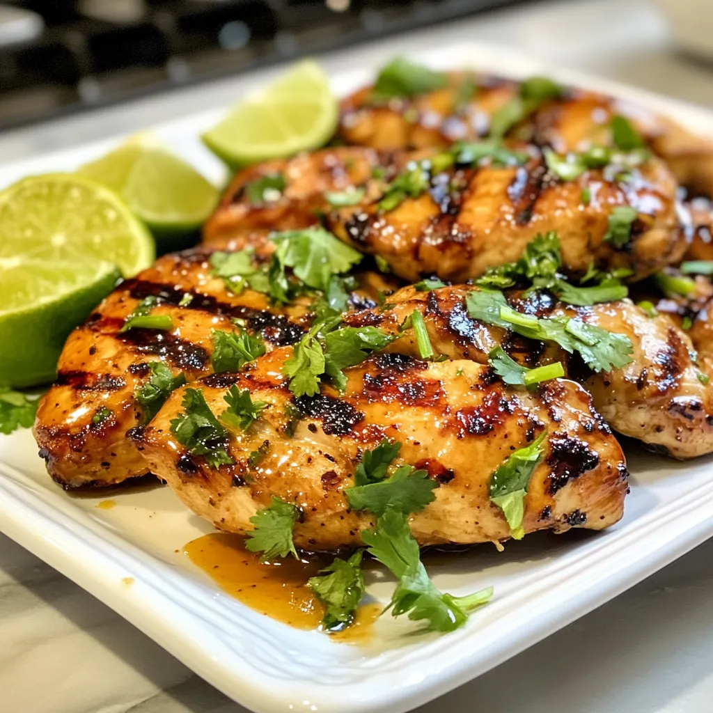- 4 boneless, skinless chicken breasts - 1/4 cup honey - 1/4 cup lime juice (freshly squeezed) - 2 tablespoons soy sauce - 2 tablespoons olive oil For this honey lime grilled chicken, you need fresh, quality ingredients. The chicken is the star. Boneless and skinless breasts work best. They cook evenly and stay juicy on the grill. The marinade is where the magic happens. Honey adds sweetness, while lime juice brings a bright tang. Soy sauce adds depth, and olive oil keeps the chicken moist. Mix these well for a smooth marinade. - 2 garlic cloves, minced - 1 teaspoon ground cumin - 1 teaspoon paprika - Salt and pepper to taste - Fresh cilantro, chopped (for garnish) For flavor, add minced garlic. It gives a nice kick. Ground cumin adds warmth and a hint of earthiness. Paprika brings color and a mild taste. Don’t forget salt and pepper to enhance all the flavors. After grilling, garnish with fresh cilantro. It adds a burst of color and a fresh taste. This step makes your dish pop and look gourmet! {{ingredient_image_1}} To make the marinade, grab a medium bowl. Add 1/4 cup honey, 1/4 cup lime juice, 2 tablespoons soy sauce, and 2 tablespoons olive oil. Then, toss in 2 minced garlic cloves, 1 teaspoon ground cumin, and 1 teaspoon paprika. Season with salt and pepper to taste. Whisk all the ingredients together until smooth. This marinade adds great flavor to the chicken. Marinating chicken is key. It helps the chicken soak up all the tasty flavors. I like to marinate for at least 1 hour. For even better taste, try to marinate for up to 4 hours. Just keep it in the fridge during this time. Next, preheat your grill to medium-high heat. This step is important for getting those delicious grill marks. Once your grill is hot, remove the chicken from the marinade. Let the excess marinade drip off and throw away what’s left. Now, grill the chicken for about 6-7 minutes on each side. You want the chicken to reach an internal temperature of 165°F. This ensures it’s fully cooked and safe to eat. Check for nice grill marks and a golden color. When the chicken is done, take it off the grill and let it rest for 5 minutes. Resting helps keep the juices inside. After resting, slice the chicken into strips. For a lovely touch, garnish it with fresh chopped cilantro. For presentation, serve the chicken on a platter. Add lime wedges around it and sprinkle cilantro on top. This makes your dish colorful and inviting for everyone at the table. For the best flavor, marinate your chicken for at least 1 hour. If you have more time, let it sit for up to 4 hours. This allows the flavors to soak in well. If you need to change things up, you can swap out honey for agave syrup. For a gluten-free option, use tamari instead of soy sauce. To get those perfect grill marks, preheat your grill on medium-high heat. Make sure the grill grates are clean and lightly oiled. Place the chicken on the grill and resist the urge to move it too much. Grill for 6-7 minutes on each side. Check the internal temperature to ensure it reaches 165°F. Common grilling mistakes include not preheating your grill or overcrowding it. Both can lead to uneven cooking. Always give each piece of chicken enough space to cook properly. Pro Tips Marinate Longer for More Flavor: For the best flavor, marinate the chicken for at least 4 hours. If you have the time, overnight marination is ideal! Use a Meat Thermometer: Ensure the chicken is fully cooked by checking its internal temperature. It should reach 165°F (75°C) for safe consumption. Let it Rest: After grilling, let the chicken rest for 5 minutes before slicing. This allows the juices to redistribute, making the chicken more tender. Garnish Creatively: Enhance the presentation by serving with lime wedges and a sprinkle of fresh cilantro, making the dish visually appealing. {{image_2}} You can change the taste of your honey lime grilled chicken in many ways. Start by adding spices or herbs. For a kick, try cayenne pepper or chili powder. If you want a fresh note, add cilantro or basil. Both herbs brighten the dish. You can also adjust the sweetness. If you want less honey, use maple syrup or agave. You can even play with fruit juices. Try orange or pineapple juice for a fruity twist. These changes make your chicken unique. Grilling is fun, but you can cook this chicken in other ways. Oven baking is a great option. To do this, preheat your oven to 375°F (190°C). Place the marinated chicken on a baking sheet. Bake for about 25-30 minutes. Check that the chicken reaches an internal temperature of 165°F (75°C). If you prefer indoor cooking, use a skillet. Heat the skillet over medium-high heat. Add a bit of olive oil, then cook the chicken for 6-7 minutes per side. This method gives you a nice sear and keeps the chicken juicy. Each method brings a different flavor, so try them all! After enjoying your honey lime grilled chicken, let it cool down. Place the chicken in an airtight container. Refrigerate it within two hours to keep it safe. The chicken will stay fresh for about three to four days in the fridge. When you reheat grilled chicken, do it slowly. You can use the oven or a skillet. Heat it to 165°F (75°C) to ensure it’s safe to eat. Adding a splash of water or broth can help keep it moist. Cover the chicken while reheating to avoid dryness. You can freeze both pre-marinated and cooked chicken. If you freeze the marinated chicken, place it in a freezer bag. Squeeze out the air before sealing. This way, it will stay fresh for up to three months. For cooked chicken, let it cool completely. Then, wrap it tightly in plastic wrap and foil. This will help prevent freezer burn. Cooked chicken can last in the freezer for about four months. Always label your bags with the date to keep track. Marinating honey lime chicken is key for flavor. I recommend marinating for at least 1 hour. This allows the chicken to soak up the honey and lime goodness. For even better taste, you can marinate it for up to 4 hours. The longer you marinate, the more flavor it gets. Yes, you can use chicken thighs! Thighs have more fat, making them juicier. They also absorb the marinade well. Just keep the cooking time similar. Ensure the internal temperature reaches 165°F or 75°C for safety. Honey lime grilled chicken pairs well with many sides. Here are some great options: - Rice: A simple white or cilantro-lime rice works well. - Salad: A fresh green salad with lime vinaigrette adds brightness. - Grilled veggies: Bell peppers, zucchini, or corn enhance the meal. - Potatoes: Try roasted or mashed potatoes for a hearty option. These sides will complement the chicken's sweet and tangy flavors. Enjoy your meal! In this blog post, I shared how to make honey lime grilled chicken. We covered the main ingredients, such as chicken, honey, and lime juice. I walked you through marinating, grilling, and serving tips to elevate your dish. Remember to experiment with flavors and techniques. Whether you grill or bake, you can enjoy this tasty recipe. Storing leftovers properly ensures you can savor your meal later. With these tips, you'll impress everyone with your chicken skills!