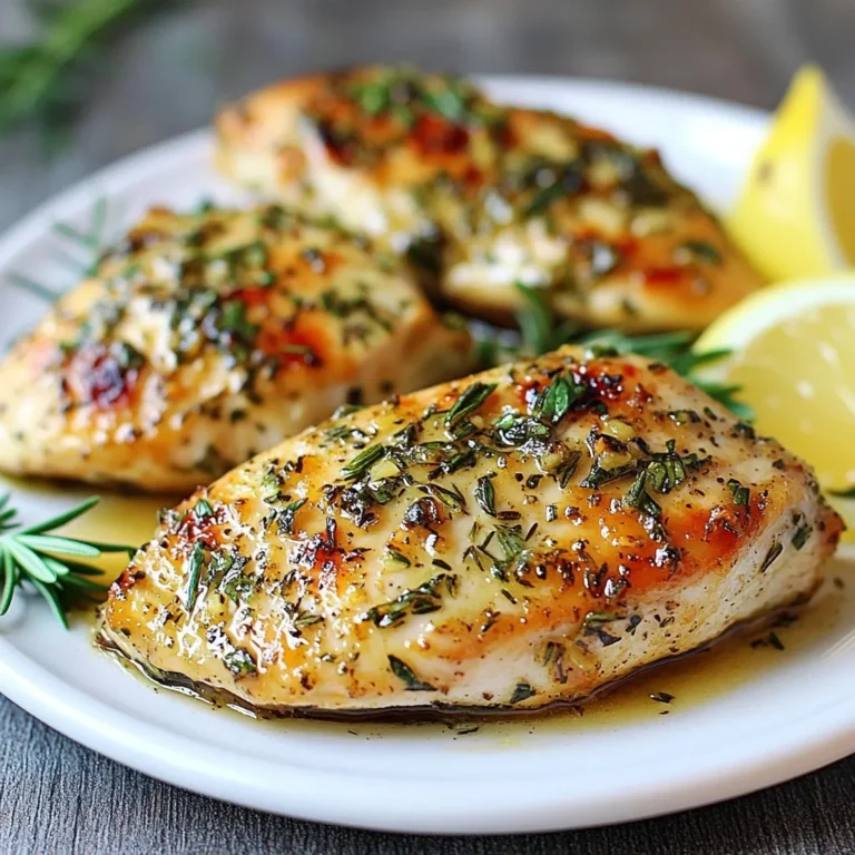 For this Garlic Herb Baked Chicken Breasts recipe, you need simple and fresh items. Here’s a full list of what to gather: - 4 boneless, skinless chicken breasts - 4 cloves of garlic, minced - 2 tablespoons fresh parsley, chopped - 1 tablespoon fresh thyme, chopped - 1 tablespoon fresh rosemary, chopped - 1/4 cup olive oil - 2 teaspoons lemon juice - Salt and pepper to taste - Zest of 1 lemon These ingredients bring bold flavor to the chicken. Fresh herbs like parsley, thyme, and rosemary add brightness. The minced garlic gives it a rich taste. Olive oil helps keep the chicken moist. Lemon juice and zest add a tangy kick. Salt and pepper enhance all the flavors. It's key to use fresh herbs for maximum flavor. You can find them at local markets or grocery stores. Fresh herbs make a noticeable difference compared to dried ones. This dish is not just easy to make; it also tastes amazing. Make sure your chicken is thawed and at room temperature before marinating. This helps the herbs stick and infuse well. Enjoy the process and savor the delightful aromas as you cook! {{ingredient_image_1}} 1. Preheating the oven: Start by setting your oven to 425°F (220°C). This high heat helps to lock in flavor and keeps the chicken juicy. 2. Making the herb marinade: In a bowl, mix 4 minced garlic cloves, 2 tablespoons of chopped parsley, 1 tablespoon each of thyme and rosemary, and 1/4 cup olive oil. Add 2 teaspoons of lemon juice, the zest of 1 lemon, and some salt and pepper. Stir until well combined. This marinade is the key to tasty chicken. - How to ensure proper coating: To coat the chicken well, place the 4 chicken breasts in a large resealable bag or shallow dish. Pour the marinade over them. Make sure each piece is covered with the marinade. This step helps the chicken absorb all those great flavors. - Recommended marinating time: Seal the bag or cover the dish and put it in the fridge. Let the chicken marinate for at least 30 minutes. For even better taste, try to marinate for up to 2 hours. 1. Preparing the baking dish: Line a baking dish with parchment paper or lightly grease it with olive oil. This makes cleanup easier and helps prevent sticking. 2. Cooking time and checking for doneness: After marinating, take the chicken out of the fridge. Place the chicken in the prepared baking dish and throw away any leftover marinade. Bake for 25-30 minutes. Use a meat thermometer to check if the chicken is done. It should reach 165°F (74°C). Once done, take it out and let it rest for 5 minutes before slicing. This resting period keeps the chicken juicy. To get the best flavor with herbs, use fresh ones. Fresh herbs add a bright taste that dried ones can't match. I love using parsley, thyme, and rosemary. Chop them finely and mix them into your marinade. This helps the flavors blend well with the chicken. Resting the chicken after baking is very important. Let it rest for about five minutes. This step allows the juices to settle. When you slice the chicken too soon, the juices run out. This can make your chicken dry. Resting keeps it juicy and tender. When serving garlic herb chicken, presentation matters. Place the chicken on a nice platter. You can add lemon wedges and extra herbs around the chicken. This adds color and makes it look fancy. Garnishes can boost visual appeal. Fresh herbs or lemon slices on top add a nice touch. You can also drizzle some pan juices on the chicken. This not only looks great but adds more flavor too. Pro Tips Marinate for Maximum Flavor: Allow the chicken to marinate for at least 1 hour, or up to 2 hours, for a more intense flavor that penetrates the meat. Use a Meat Thermometer: To ensure the chicken is perfectly cooked, use a meat thermometer to check that the internal temperature reaches 165°F (74°C). Let It Rest: After baking, let the chicken rest for 5 minutes before slicing to allow the juices to redistribute, keeping the meat moist and flavorful. Customize Your Herbs: Feel free to substitute or add other fresh herbs like basil or oregano according to your taste preferences for a unique twist. {{image_2}} You can change herbs to suit your taste. Try using basil or oregano instead of thyme or rosemary. These herbs still pack a flavorful punch. If you want a kick, add some hot sauce or a spoon of mustard to the marinade. This adds a nice zest without overpowering the chicken. Grilling is a great way to get smoky flavors. Just marinate the chicken as usual and grill it over medium heat. Cook for about 6-8 minutes per side, checking for doneness. You can also pan-sear the chicken for a crispy outside. Heat olive oil in a skillet, then cook the chicken for 5-7 minutes on each side. If you prefer a hands-off method, try a slow cooker. Place the marinated chicken breasts in the slow cooker. Cook on low for 4-6 hours or high for 2-3 hours. This method keeps the chicken juicy and tender. To keep your Garlic Herb Baked Chicken Breasts fresh, use the right storage methods. First, let the chicken cool down to room temperature. Then, place it in an airtight container. This method keeps the chicken moist and flavorful. Store the container in the fridge. You should eat the leftovers within three to four days. If the chicken smells bad or looks off, throw it away. Always trust your senses. If you want to save the chicken for later, freezing is the way to go. First, cut the chicken into smaller pieces if you like. Place them in a freezer-safe bag or container. Squeeze out as much air as possible to prevent freezer burn. Label the bag or container with the date. You can freeze the chicken for up to three months. When you are ready to eat, thaw it safely. The best way to thaw is in the fridge overnight. If you're in a hurry, you can use cold water. Just remember to cook it right away after thawing. How long to bake garlic herb chicken? Bake garlic herb chicken for 25 to 30 minutes. Check that the internal temperature is 165°F (74°C). This ensures the chicken is safe to eat and very juicy. Can I use frozen chicken breasts? You can use frozen chicken breasts, but thaw them first. Thawing helps the marinade soak in better. It also cooks more evenly. What to serve with garlic herb chicken? Serve garlic herb chicken with roasted veggies or a fresh salad. Rice or mashed potatoes also pair well. These sides soak up the tasty juices! In this blog post, we explored how to make tasty garlic herb chicken. We covered the key ingredients and detailed steps to marinate and bake the chicken. I shared cooking and serving tips to enhance flavor and presentation. We also discussed variations and storage methods for leftovers. Whether you choose to grill or bake, you can enjoy this dish anytime. Remember, simple changes can add great flavor. Try this recipe for a meal that is easy, delicious, and satisfying. Dive in and enjoy your cooking adventure!