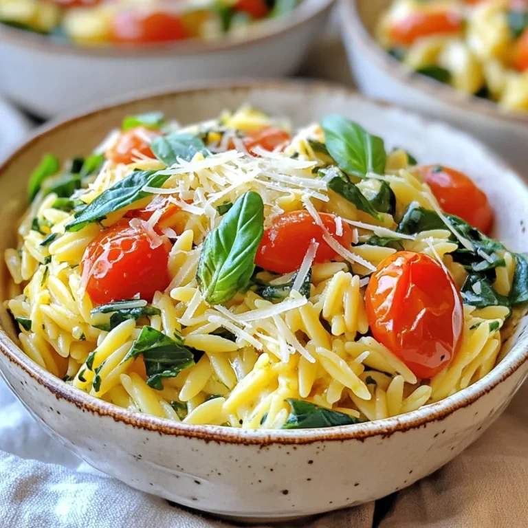 - 1 cup orzo pasta - 4 tablespoons unsalted butter - 4 cloves garlic, minced - 1 small onion, finely chopped - 3 cups vegetable broth - 1 cup cherry tomatoes, halved - 1 cup spinach, roughly chopped - 1 teaspoon dried oregano - 1/2 teaspoon red pepper flakes (optional) - Salt and pepper to taste - 1/4 cup grated Parmesan cheese (optional) - Fresh basil leaves for garnish You can add a pinch of red pepper flakes for heat. If you love cheese, mix in Parmesan for extra creaminess. Fresh basil adds a nice touch and bright flavor. If you don’t have orzo, try another small pasta like ditalini or couscous. Instead of butter, use olive oil for a lighter dish. Any broth works; chicken broth can add more flavor. If you want more greens, kale or arugula are good swaps for spinach. You can also leave out cheese for a vegan meal. {{ingredient_image_1}} To start, gather all your ingredients. You will need: - 1 cup orzo pasta - 4 tablespoons unsalted butter - 4 cloves garlic, minced - 1 small onion, finely chopped - 3 cups vegetable broth - 1 cup cherry tomatoes, halved - 1 cup spinach, roughly chopped - 1 teaspoon dried oregano - 1/2 teaspoon red pepper flakes (optional) - Salt and pepper to taste - 1/4 cup grated Parmesan cheese (optional) - Fresh basil leaves for garnish Make sure to have a large pot or deep skillet ready for cooking. First, melt the butter over medium heat in your pot. Once it melts, add the chopped onion and minced garlic. Sauté them for about 2-3 minutes. You want them to smell great and look soft. Next, add the orzo pasta to the pot. Toast it in the butter mixture for about 1-2 minutes. Stir constantly until the pasta turns a light golden color. This step adds a nice depth to the flavor. Now, pour in the vegetable broth along with the halved cherry tomatoes, dried oregano, and red pepper flakes if you like some heat. Season with salt and pepper. Bring the mixture to a boil. Then, reduce the heat to low, cover the pot, and let it simmer. Cook for about 10-12 minutes. The orzo should be tender and soak up most of the liquid. After that, stir in the chopped spinach. Cook for an additional 2-3 minutes until the spinach wilts. If you want a creamy touch, mix in the grated Parmesan cheese at this point. Once you remove the pot from heat, it’s time to make it pretty. Garnish your orzo with fresh basil leaves. If you like, add extra Parmesan cheese on top for a nice finish. For a beautiful display, serve the orzo in shallow bowls. A drizzle of olive oil adds a nice shine and extra flavor. Enjoy your tasty, one-pot meal! To make a great One Pot Garlic Butter Orzo, start by melting butter over medium heat. This helps release the garlic's flavor. Sauté the onion and garlic until they are soft and fragrant, about 2-3 minutes. Toast the orzo in this butter mix for 1-2 minutes. This adds a nice nutty flavor. When you add the broth, let it reach a boil before lowering the heat. Cover and simmer for 10-12 minutes. Stir in spinach last to keep its bright color. One common mistake is not toasting the orzo. This step adds depth to the dish. Avoid adding too much broth; it should be just enough for the orzo to absorb. If you skip seasoning, the dish may taste bland. Always taste and adjust salt and pepper. Lastly, don’t overcook the spinach. You want it wilted but still vibrant. To make your dish pop, consider adding lemon zest or juice. This brightens the flavors. Fresh herbs like parsley or dill also add freshness. If you like heat, increase the red pepper flakes. Mixing in roasted vegetables can add texture and taste. For a richer flavor, use chicken broth instead of vegetable broth. These small changes can elevate your One Pot Garlic Butter Orzo to new heights! Pro Tips Toasting the Orzo: Toasting the orzo in butter before adding the broth enhances its nutty flavor and gives it a delightful texture. Using Fresh Ingredients: For the best taste, use fresh garlic and seasonal cherry tomatoes. They will add a burst of flavor to the dish. Adjusting Creaminess: If you prefer a creamier orzo, feel free to add more Parmesan cheese or a splash of cream at the end of cooking. Storing Leftovers: Store any leftovers in an airtight container in the fridge for up to 3 days. Reheat with a splash of broth or water to keep it moist. {{image_2}} You can easily add protein to One Pot Garlic Butter Orzo. Try cooked chicken or shrimp. These options bring great flavor and texture. Simply sauté them after cooking the garlic and onion. For a quick meal, use rotisserie chicken. It saves time and adds a tasty touch. If you want a meatier dish, add diced sausage. Cook it until browned before adding the orzo. This way, the orzo absorbs the delicious juices. For a vegetarian version, skip the Parmesan cheese. Instead, use a plant-based cheese or nutritional yeast. This keeps the dish creamy while staying meat-free. If you want a vegan option, use olive oil instead of butter. It still adds richness and flavor. You can also include more veggies, like bell peppers or zucchini. This makes the dish colorful and nutritious. You can adjust ingredients based on the season. In spring, add asparagus or peas for a fresh twist. In summer, use corn or zucchini for a bright flavor. In fall, try butternut squash or kale for a cozy feel. Winter's best swaps are Brussels sprouts or hearty greens. These changes keep the dish exciting and in tune with the seasons. You can enjoy One Pot Garlic Butter Orzo all year round! You can store leftover One Pot Garlic Butter Orzo in the fridge. Use an airtight container. It stays fresh for up to three days. When ready to eat, check for any changes in smell or color. If you want to keep it longer, freeze the orzo. Place it in a freezer-safe container. It can last up to three months in the freezer. When you’re ready to eat it, thaw it in the fridge overnight. To reheat, use a pot on the stove over low heat. Add a splash of broth or water to keep it moist. Stir often until heated through. You can also use a microwave. Place it in a bowl, cover it, and heat in short bursts. Stir in between to heat evenly. You can make One Pot Garlic Butter Orzo ahead of time. Cook the dish as usual, then let it cool. Store it in an airtight container in the fridge for up to three days. When you’re ready to eat, reheat it on the stove. Add a splash of broth to help it warm evenly. Yes, you can use other types of pasta. Try small shapes like macaroni or ditalini. Just keep in mind that cooking times may vary. Check the pasta package for cooking times. Adjust the broth amount based on the pasta you choose. One Pot Garlic Butter Orzo pairs well with many sides. Serve it with a fresh salad for crunch. Grilled chicken or fish also makes a great match. You can even add crusty bread to soak up the flavors. For a light dessert, try a fruit salad. Each option will enhance your meal. This post covered the main ingredients and cooking steps for One Pot Garlic Butter Orzo. I shared tips to avoid mistakes and enhance flavors. You can try different proteins, vegetarian options, or seasonal ingredients for variety. Proper storage and reheating help keep your dish fresh. Remember, cooking is about fun and creativity. Feel free to adjust it to your taste!
