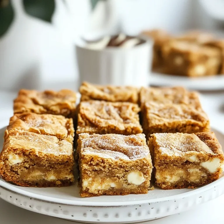 To make the best Snickerdoodle Blondies, you need a few key ingredients: - 1 cup unsalted butter, melted - 1 cup brown sugar, packed - 1/2 cup granulated sugar - 2 large eggs - 2 teaspoons vanilla extract - 2 cups all-purpose flour - 1 teaspoon baking powder - 1/2 teaspoon baking soda - 1/2 teaspoon salt - 1 tablespoon ground cinnamon - 1/4 cup granulated sugar (for topping) These ingredients create a sweet, buttery base. The brown sugar gives a rich flavor. The all-purpose flour adds structure. The eggs bind everything together. The baking powder and baking soda help the blondies rise. If you want to add more flavor, consider these optional ingredients: - 1/2 cup white chocolate chips White chocolate chips add a sweet twist. You can also try nuts or other chocolate types. These extras enhance the taste and texture. They make each bite even more delightful. Select fresh, high-quality ingredients for the best results: - Butter: Use unsalted butter for better control over salt. - Sugars: Choose brown sugar with rich molasses flavor. - Flour: Use all-purpose flour that's fresh and unbleached. - Eggs: Buy organic or free-range eggs for better flavor. These choices will elevate your Snickerdoodle Blondies. Fresh ingredients make a big difference in taste and texture. Always check the expiration dates when shopping. {{ingredient_image_1}} Start by preheating your oven to 350°F (175°C). Grease a 9x13 inch baking pan. You can also line it with parchment paper. This makes it easier to lift out the blondies later. In a large mixing bowl, combine 1 cup of melted butter, 1 cup of packed brown sugar, and 1/2 cup of granulated sugar. Whisk these together until smooth. Next, add 2 large eggs, mixing well after each one. Then, stir in 2 teaspoons of vanilla extract for flavor. In another bowl, whisk together 2 cups of all-purpose flour, 1 teaspoon of baking powder, 1/2 teaspoon of baking soda, 1/2 teaspoon of salt, and 1 tablespoon of ground cinnamon. Slowly add the dry mix to the wet mix. Stir until just combined. If you want, fold in 1/2 cup of white chocolate chips. Pour the batter into your prepared baking pan. Spread it evenly. In a small bowl, mix 1/4 cup of granulated sugar with some ground cinnamon. Sprinkle this mixture over the batter. Bake for 22-25 minutes. The edges should be golden. A toothpick inserted in the center should come out with a few moist crumbs. Let the blondies cool for 15 minutes in the pan. Then, transfer them to a wire rack to cool completely. Enjoy your sweet treat! To get that soft, chewy texture, don’t overmix your batter. Mix just until combined. Overmixing adds air and can make them cake-like. You want a dense and fudgy blondie. The edges should be golden, while the center stays soft. Measuring your ingredients correctly is key. Use dry measuring cups for flour and sugar. Spoon the flour into the cup, then level it off with a knife. Don’t pack it down; this keeps your blondies from being too dense. For brown sugar, pack it firmly into the cup. This gives your blondies that rich, caramel flavor. If your blondies come out too dry, you may have overbaked them. Keep an eye on the timer. Use a toothpick to check doneness. It should come out with a few moist crumbs. If they are too gooey, bake them a few more minutes. For blondies that spread too much, ensure your butter isn’t too warm when you mix it. Always cool it slightly before adding to the sugars. Pro Tips Use Room Temperature Eggs: Allow your eggs to come to room temperature before adding them to the batter for a smoother mixture and better incorporation. Don’t Overmix the Batter: Mix until just combined to keep your blondies soft and chewy. Overmixing can lead to a dense texture. Check for Doneness Early: Start checking your blondies a few minutes before the suggested baking time to prevent overbaking; they should be slightly underbaked for a fudgy texture. Add Flavor Variations: Experiment with different mix-ins like nuts, caramel bits, or even spices like nutmeg for a unique twist on your blondies. {{image_2}} You can switch up the flavor of your snickerdoodle blondies by adding chocolate chips. Try using dark chocolate for a rich twist. Milk chocolate gives a sweet touch. You can even mix both types for a fun blend. If you like some extra sweetness, white chocolate chips work great too. Just remember to fold them in gently so they spread evenly. Nuts can add crunch and depth to your blondies. Pecans or walnuts mix well with the cinnamon flavor. Chop them up and add about half a cup to the batter. If you want a fruity touch, dried cranberries or chopped apples are nice options too. They add a chewy texture that pairs well with the soft blondies. Get creative and choose your favorite mix-ins! You can make these blondies gluten-free by swapping regular flour for a gluten-free blend. Many brands offer great all-purpose mixes. Make sure it contains xanthan gum for the right texture. You might need to check the baking powder too, as some might contain gluten. Follow the same steps in the recipe, and you’ll have delicious gluten-free snickerdoodle blondies! Enjoy the same great taste without the gluten. To keep your snickerdoodle blondies fresh, store them in an airtight container. Place a layer of parchment paper between layers to avoid sticking. Keep them at room temperature for up to five days. If you want them to last longer, refrigerate them. Just remember, cold blondies may lose some of their soft texture. Freezing blondies is easy and perfect for future cravings. First, let the blondies cool completely. Cut them into squares. Wrap each piece tightly in plastic wrap, then place them in a freezer bag. This will help keep them fresh. You can freeze them for up to three months. When you're ready to enjoy, just thaw them in the fridge overnight. To bring back the fresh, warm taste of your blondies, reheat them in the oven. Preheat your oven to 350°F (175°C). Place the blondies on a baking sheet and cover them with foil. Heat for about 10 minutes. This helps keep them soft and gooey. You can also microwave them for 10-15 seconds if you're in a hurry. Just be careful not to overheat them, or they may dry out. Snickerdoodle blondies stand out because of their cinnamon flavor. Regular blondies are sweet and buttery. Snickerdoodle blondies add a delightful twist with cinnamon. This spice gives them warmth and a unique taste. Plus, the cinnamon sugar topping adds a crunchy sweetness. This combination makes them truly special. Yes, you can use different sugars! Brown sugar gives the blondies a rich flavor. If you want a lighter taste, substitute with white sugar. Coconut sugar is another great option for a unique flavor. Just keep in mind that sugar affects the texture. Experiment to find what you like best! These delicious blondies last about a week at room temperature. Store them in an airtight container to keep them fresh. If you want them to last longer, you can refrigerate them. They can stay fresh for up to two weeks in the fridge. Just make sure to let them come to room temp before enjoying! You can replace eggs with several options! Use 1/4 cup of unsweetened applesauce as a great choice. Mashed banana works too, but it will add some flavor. Flaxseed meal is another option; mix 1 tablespoon with 2.5 tablespoons of water. Let it sit for a few minutes to thicken before adding it to the mix. These substitutes keep the blondies moist and tasty! We explored snickerdoodle blondies, covering key ingredients, step-by-step instructions, and valuable tips. You learned how to enhance flavor and texture with add-ins and variations. Storing leftovers properly will keep them fresh longer. Remember, small changes can make a big difference in your baking. Happy baking, and enjoy your delicious creations!