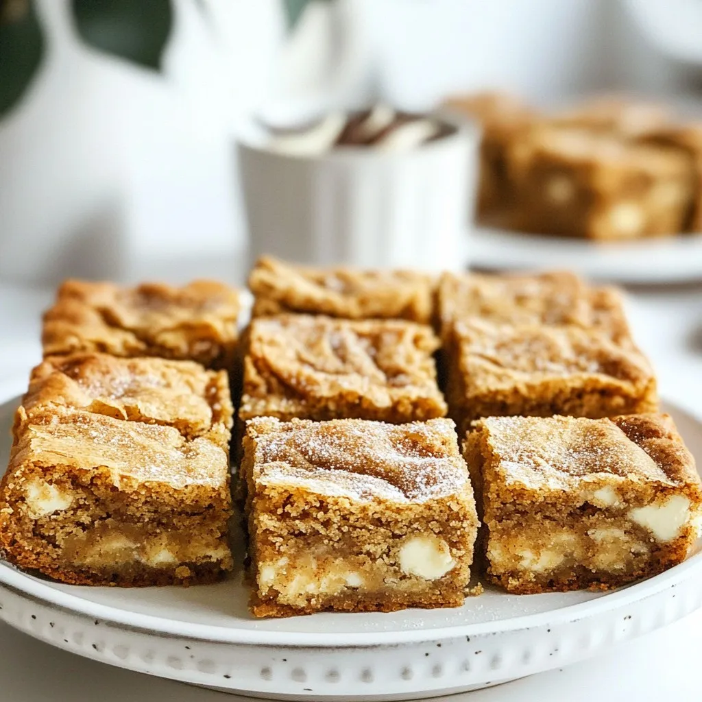 To make the best Snickerdoodle Blondies, you need a few key ingredients: - 1 cup unsalted butter, melted - 1 cup brown sugar, packed - 1/2 cup granulated sugar - 2 large eggs - 2 teaspoons vanilla extract - 2 cups all-purpose flour - 1 teaspoon baking powder - 1/2 teaspoon baking soda - 1/2 teaspoon salt - 1 tablespoon ground cinnamon - 1/4 cup granulated sugar (for topping) These ingredients create a sweet, buttery base. The brown sugar gives a rich flavor. The all-purpose flour adds structure. The eggs bind everything together. The baking powder and baking soda help the blondies rise. If you want to add more flavor, consider these optional ingredients: - 1/2 cup white chocolate chips White chocolate chips add a sweet twist. You can also try nuts or other chocolate types. These extras enhance the taste and texture. They make each bite even more delightful. Select fresh, high-quality ingredients for the best results: - Butter: Use unsalted butter for better control over salt. - Sugars: Choose brown sugar with rich molasses flavor. - Flour: Use all-purpose flour that's fresh and unbleached. - Eggs: Buy organic or free-range eggs for better flavor. These choices will elevate your Snickerdoodle Blondies. Fresh ingredients make a big difference in taste and texture. Always check the expiration dates when shopping. {{ingredient_image_1}} Start by preheating your oven to 350°F (175°C). Grease a 9x13 inch baking pan. You can also line it with parchment paper. This makes it easier to lift out the blondies later. In a large mixing bowl, combine 1 cup of melted butter, 1 cup of packed brown sugar, and 1/2 cup of granulated sugar. Whisk these together until smooth. Next, add 2 large eggs, mixing well after each one. Then, stir in 2 teaspoons of vanilla extract for flavor. In another bowl, whisk together 2 cups of all-purpose flour, 1 teaspoon of baking powder, 1/2 teaspoon of baking soda, 1/2 teaspoon of salt, and 1 tablespoon of ground cinnamon. Slowly add the dry mix to the wet mix. Stir until just combined. If you want, fold in 1/2 cup of white chocolate chips. Pour the batter into your prepared baking pan. Spread it evenly. In a small bowl, mix 1/4 cup of granulated sugar with some ground cinnamon. Sprinkle this mixture over the batter. Bake for 22-25 minutes. The edges should be golden. A toothpick inserted in the center should come out with a few moist crumbs. Let the blondies cool for 15 minutes in the pan. Then, transfer them to a wire rack to cool completely. Enjoy your sweet treat! To get that soft, chewy texture, don’t overmix your batter. Mix just until combined. Overmixing adds air and can make them cake-like. You want a dense and fudgy blondie. The edges should be golden, while the center stays soft. Measuring your ingredients correctly is key. Use dry measuring cups for flour and sugar. Spoon the flour into the cup, then level it off with a knife. Don’t pack it down; this keeps your blondies from being too dense. For brown sugar, pack it firmly into the cup. This gives your blondies that rich, caramel flavor. If your blondies come out too dry, you may have overbaked them. Keep an eye on the timer. Use a toothpick to check doneness. It should come out with a few moist crumbs. If they are too gooey, bake them a few more minutes. For blondies that spread too much, ensure your butter isn’t too warm when you mix it. Always cool it slightly before adding to the sugars. Pro Tips Use Room Temperature Eggs: Allow your eggs to come to room temperature before adding them to the batter for a smoother mixture and better incorporation. Don’t Overmix the Batter: Mix until just combined to keep your blondies soft and chewy. Overmixing can lead to a dense texture. Check for Doneness Early: Start checking your blondies a few minutes before the suggested baking time to prevent overbaking; they should be slightly underbaked for a fudgy texture. Add Flavor Variations: Experiment with different mix-ins like nuts, caramel bits, or even spices like nutmeg for a unique twist on your blondies. {{image_2}} You can switch up the flavor of your snickerdoodle blondies by adding chocolate chips. Try using dark chocolate for a rich twist. Milk chocolate gives a sweet touch. You can even mix both types for a fun blend. If you like some extra sweetness, white chocolate chips work great too. Just remember to fold them in gently so they spread evenly. Nuts can add crunch and depth to your blondies. Pecans or walnuts mix well with the cinnamon flavor. Chop them up and add about half a cup to the batter. If you want a fruity touch, dried cranberries or chopped apples are nice options too. They add a chewy texture that pairs well with the soft blondies. Get creative and choose your favorite mix-ins! You can make these blondies gluten-free by swapping regular flour for a gluten-free blend. Many brands offer great all-purpose mixes. Make sure it contains xanthan gum for the right texture. You might need to check the baking powder too, as some might contain gluten. Follow the same steps in the recipe, and you’ll have delicious gluten-free snickerdoodle blondies! Enjoy the same great taste without the gluten. To keep your snickerdoodle blondies fresh, store them in an airtight container. Place a layer of parchment paper between layers to avoid sticking. Keep them at room temperature for up to five days. If you want them to last longer, refrigerate them. Just remember, cold blondies may lose some of their soft texture. Freezing blondies is easy and perfect for future cravings. First, let the blondies cool completely. Cut them into squares. Wrap each piece tightly in plastic wrap, then place them in a freezer bag. This will help keep them fresh. You can freeze them for up to three months. When you're ready to enjoy, just thaw them in the fridge overnight. To bring back the fresh, warm taste of your blondies, reheat them in the oven. Preheat your oven to 350°F (175°C). Place the blondies on a baking sheet and cover them with foil. Heat for about 10 minutes. This helps keep them soft and gooey. You can also microwave them for 10-15 seconds if you're in a hurry. Just be careful not to overheat them, or they may dry out. Snickerdoodle blondies stand out because of their cinnamon flavor. Regular blondies are sweet and buttery. Snickerdoodle blondies add a delightful twist with cinnamon. This spice gives them warmth and a unique taste. Plus, the cinnamon sugar topping adds a crunchy sweetness. This combination makes them truly special. Yes, you can use different sugars! Brown sugar gives the blondies a rich flavor. If you want a lighter taste, substitute with white sugar. Coconut sugar is another great option for a unique flavor. Just keep in mind that sugar affects the texture. Experiment to find what you like best! These delicious blondies last about a week at room temperature. Store them in an airtight container to keep them fresh. If you want them to last longer, you can refrigerate them. They can stay fresh for up to two weeks in the fridge. Just make sure to let them come to room temp before enjoying! You can replace eggs with several options! Use 1/4 cup of unsweetened applesauce as a great choice. Mashed banana works too, but it will add some flavor. Flaxseed meal is another option; mix 1 tablespoon with 2.5 tablespoons of water. Let it sit for a few minutes to thicken before adding it to the mix. These substitutes keep the blondies moist and tasty! We explored snickerdoodle blondies, covering key ingredients, step-by-step instructions, and valuable tips. You learned how to enhance flavor and texture with add-ins and variations. Storing leftovers properly will keep them fresh longer. Remember, small changes can make a big difference in your baking. Happy baking, and enjoy your delicious creations!