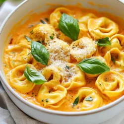 - 2 cups cheese tortellini (fresh or frozen) - 1 can (14 oz) crushed tomatoes - 1 cup heavy cream - 1 medium onion, diced - 3 cloves garlic, minced - 1 tablespoon olive oil - 1 teaspoon dried basil - 1 teaspoon dried oregano - 1/2 teaspoon red pepper flakes (optional) - Salt and pepper to taste - Fresh basil leaves for garnish - Grated parmesan cheese for serving You can use either fresh or frozen tortellini. Fresh tortellini cooks faster. It usually needs about 2-3 minutes. Frozen tortellini takes longer, about 5-7 minutes. Both options taste great in this dish. If you choose frozen, make sure to cook it until tender. Feel free to mix up the cheeses. Try ricotta or mozzarella for a twist. You can also add herbs like thyme or parsley. These will add more flavor. Fresh basil is perfect for garnish. It brightens the dish and adds color. Grated parmesan on top enhances the taste too! {{ingredient_image_1}} Start by heating olive oil in a large skillet over medium heat. Add the diced onion. Sauté the onion until it becomes soft and clear, about 5 minutes. Next, add the minced garlic. Cook it for 1-2 minutes until it smells great. Now, pour in the crushed tomatoes along with their juices. Stir in dried basil and oregano. For a little heat, add red pepper flakes if you like. Let the sauce simmer gently for about 5-7 minutes. While the sauce simmers, cook the tortellini as directed on the package. Fresh or frozen tortellini works well here. Once cooked, drain the tortellini and set it aside. This step is crucial, as it ensures the pasta is ready to mix with the sauce. Once the tomato sauce has simmered, lower the heat. Gradually stir in the heavy cream. Let it cook for another 3-4 minutes while stirring. This makes the sauce nice and creamy. Now, add the cooked tortellini to your skillet. Gently toss the tortellini until they are well coated in the sauce. Season with salt and pepper to taste. Cook everything together for an additional 2-3 minutes until it is warm. Now, your creamy tomato tortellini skillet is ready to serve! To make your sauce extra creamy, use heavy cream. This cream gives a rich taste. You can also mix in some cream cheese. Just add a few spoonfuls when you stir in the cream. This adds even more creaminess and flavor. If you want more heat, add more red pepper flakes. Start with a pinch, then taste. You can also try fresh herbs. Fresh basil can enhance the dish. Just tear the leaves and stir them in at the end. This adds freshness and a nice pop of color. To make your meal look great, use a large bowl. Serve the tortellini hot, and add fresh basil on top. A sprinkle of grated parmesan cheese adds elegance. You can also drizzle a little olive oil for shine. This makes the dish more appealing for you and your guests. Pro Tips Use Fresh Ingredients: Whenever possible, opt for fresh tortellini and herbs to enhance the overall flavor of the dish. Customize the Spice Level: Adjust the amount of red pepper flakes to your preference; omit them entirely for a milder dish. Make it Ahead: This dish can be made ahead of time and reheated; just add a splash of cream to revive the sauce's creaminess. Garnish for Presentation: A sprinkle of freshly grated parmesan and torn basil leaves not only adds flavor but also makes the dish visually appealing. {{image_2}} You can boost the nutrition by adding vegetables. Spinach, zucchini, or bell peppers work great. Just chop them small and add them after the onion. Sauté them for a few minutes until they soften. This adds color and fiber to your dish. For a heartier meal, add protein like chicken or sausage. Cook the chicken in the skillet before the onion. Cut it into bite-sized pieces. If you prefer sausage, slice it and cook it until brown. Then, add the onion and garlic as normal. This adds flavor and makes the meal more filling. Switching up the sauce can make the dish exciting. Try adding pesto for a fresh twist. You can also use Alfredo sauce for a creamier texture. Mix in a bit of balsamic glaze for a sweet and tangy kick. These changes give the dish new life and keep it fun. To store your creamy tomato tortellini skillet, let it cool first. Use an airtight container. This keeps it fresh and tasty. You can store it in the fridge for up to three days. Make sure to label it with the date. This way, you will know when to eat it. When you want to enjoy it again, take it out of the fridge. You can reheat it on the stove or in the microwave. If using the stove, place it in a pan over low heat. Stir it often until it's hot. If using the microwave, cover it and heat in short bursts. Stir after each burst. Be careful not to overheat, as it can dry out. You can freeze the creamy tomato tortellini skillet too. To freeze, let it cool and then transfer to a freezer-safe container. It will stay good for up to three months. When you want to eat it, thaw it in the fridge overnight. Then, reheat it on the stove or microwave as mentioned above. This will help retain the flavor and creaminess. Yes, you can use non-dairy cream. Coconut cream or cashew cream works well. These options add a nice flavor. They also keep your dish creamy. Just use the same amount as heavy cream. Cooking frozen tortellini takes about 5-7 minutes. Boil water and add the tortellini. Stir them gently to avoid sticking. They are cooked when they float to the top. Always check the package for exact cooking times. You can serve this dish with garlic bread or a fresh salad. Both complement the creamy sauce. A side of steamed vegetables adds more nutrition. For a fun twist, try serving it with a light pesto drizzle. This blog post explored the world of creamy tomato tortellini. We covered key ingredients, from fresh to frozen tortellini, and cheese options. I shared step-by-step instructions for easy preparation and tips for a creamy sauce. You learned about variations to add nutrition and flavor and storage tips for leftovers. In conclusion, making this dish is simple and fun. Experiment with flavors and enjoy your tasty results. With the right ingredients and tips, you can create a meal everyone will love.