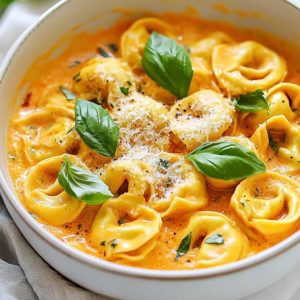 - 2 cups cheese tortellini (fresh or frozen) - 1 can (14 oz) crushed tomatoes - 1 cup heavy cream - 1 medium onion, diced - 3 cloves garlic, minced - 1 tablespoon olive oil - 1 teaspoon dried basil - 1 teaspoon dried oregano - 1/2 teaspoon red pepper flakes (optional) - Salt and pepper to taste - Fresh basil leaves for garnish - Grated parmesan cheese for serving You can use either fresh or frozen tortellini. Fresh tortellini cooks faster. It usually needs about 2-3 minutes. Frozen tortellini takes longer, about 5-7 minutes. Both options taste great in this dish. If you choose frozen, make sure to cook it until tender. Feel free to mix up the cheeses. Try ricotta or mozzarella for a twist. You can also add herbs like thyme or parsley. These will add more flavor. Fresh basil is perfect for garnish. It brightens the dish and adds color. Grated parmesan on top enhances the taste too! {{ingredient_image_1}} Start by heating olive oil in a large skillet over medium heat. Add the diced onion. Sauté the onion until it becomes soft and clear, about 5 minutes. Next, add the minced garlic. Cook it for 1-2 minutes until it smells great. Now, pour in the crushed tomatoes along with their juices. Stir in dried basil and oregano. For a little heat, add red pepper flakes if you like. Let the sauce simmer gently for about 5-7 minutes. While the sauce simmers, cook the tortellini as directed on the package. Fresh or frozen tortellini works well here. Once cooked, drain the tortellini and set it aside. This step is crucial, as it ensures the pasta is ready to mix with the sauce. Once the tomato sauce has simmered, lower the heat. Gradually stir in the heavy cream. Let it cook for another 3-4 minutes while stirring. This makes the sauce nice and creamy. Now, add the cooked tortellini to your skillet. Gently toss the tortellini until they are well coated in the sauce. Season with salt and pepper to taste. Cook everything together for an additional 2-3 minutes until it is warm. Now, your creamy tomato tortellini skillet is ready to serve! To make your sauce extra creamy, use heavy cream. This cream gives a rich taste. You can also mix in some cream cheese. Just add a few spoonfuls when you stir in the cream. This adds even more creaminess and flavor. If you want more heat, add more red pepper flakes. Start with a pinch, then taste. You can also try fresh herbs. Fresh basil can enhance the dish. Just tear the leaves and stir them in at the end. This adds freshness and a nice pop of color. To make your meal look great, use a large bowl. Serve the tortellini hot, and add fresh basil on top. A sprinkle of grated parmesan cheese adds elegance. You can also drizzle a little olive oil for shine. This makes the dish more appealing for you and your guests. Pro Tips Use Fresh Ingredients: Whenever possible, opt for fresh tortellini and herbs to enhance the overall flavor of the dish. Customize the Spice Level: Adjust the amount of red pepper flakes to your preference; omit them entirely for a milder dish. Make it Ahead: This dish can be made ahead of time and reheated; just add a splash of cream to revive the sauce's creaminess. Garnish for Presentation: A sprinkle of freshly grated parmesan and torn basil leaves not only adds flavor but also makes the dish visually appealing. {{image_2}} You can boost the nutrition by adding vegetables. Spinach, zucchini, or bell peppers work great. Just chop them small and add them after the onion. Sauté them for a few minutes until they soften. This adds color and fiber to your dish. For a heartier meal, add protein like chicken or sausage. Cook the chicken in the skillet before the onion. Cut it into bite-sized pieces. If you prefer sausage, slice it and cook it until brown. Then, add the onion and garlic as normal. This adds flavor and makes the meal more filling. Switching up the sauce can make the dish exciting. Try adding pesto for a fresh twist. You can also use Alfredo sauce for a creamier texture. Mix in a bit of balsamic glaze for a sweet and tangy kick. These changes give the dish new life and keep it fun. To store your creamy tomato tortellini skillet, let it cool first. Use an airtight container. This keeps it fresh and tasty. You can store it in the fridge for up to three days. Make sure to label it with the date. This way, you will know when to eat it. When you want to enjoy it again, take it out of the fridge. You can reheat it on the stove or in the microwave. If using the stove, place it in a pan over low heat. Stir it often until it's hot. If using the microwave, cover it and heat in short bursts. Stir after each burst. Be careful not to overheat, as it can dry out. You can freeze the creamy tomato tortellini skillet too. To freeze, let it cool and then transfer to a freezer-safe container. It will stay good for up to three months. When you want to eat it, thaw it in the fridge overnight. Then, reheat it on the stove or microwave as mentioned above. This will help retain the flavor and creaminess. Yes, you can use non-dairy cream. Coconut cream or cashew cream works well. These options add a nice flavor. They also keep your dish creamy. Just use the same amount as heavy cream. Cooking frozen tortellini takes about 5-7 minutes. Boil water and add the tortellini. Stir them gently to avoid sticking. They are cooked when they float to the top. Always check the package for exact cooking times. You can serve this dish with garlic bread or a fresh salad. Both complement the creamy sauce. A side of steamed vegetables adds more nutrition. For a fun twist, try serving it with a light pesto drizzle. This blog post explored the world of creamy tomato tortellini. We covered key ingredients, from fresh to frozen tortellini, and cheese options. I shared step-by-step instructions for easy preparation and tips for a creamy sauce. You learned about variations to add nutrition and flavor and storage tips for leftovers. In conclusion, making this dish is simple and fun. Experiment with flavors and enjoy your tasty results. With the right ingredients and tips, you can create a meal everyone will love.