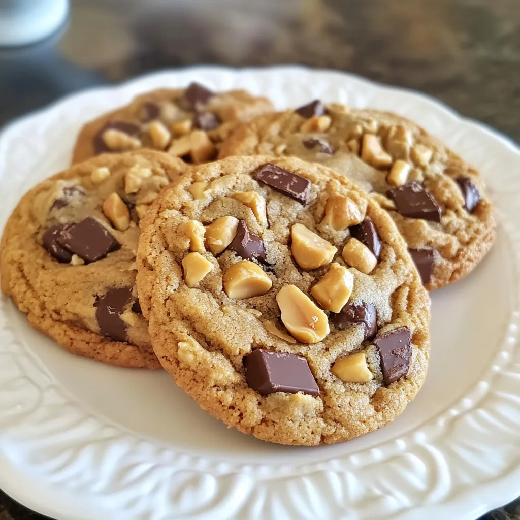 For my peanut butter chocolate chunk cookies, gather these items: - 1 cup creamy peanut butter - 1/2 cup brown sugar - 1/2 cup granulated sugar - 1 large egg - 1 teaspoon vanilla extract - 1/2 teaspoon baking soda - A pinch of salt - 1 cup dark chocolate chunks - 1/2 cup chopped roasted peanuts (optional) Each ingredient plays a key role in the taste and texture. - Creamy peanut butter gives a rich flavor. - Brown sugar adds moisture and depth. - Granulated sugar balances sweetness. - Large egg binds everything together. - Vanilla extract enhances the overall taste. - Baking soda helps the cookies rise. - Salt brightens the flavors. - Dark chocolate chunks create melty pockets of goodness. - Chopped roasted peanuts add extra crunch. You can make these cookies your own! - Use crunchy peanut butter for added texture. - Replace brown sugar with coconut sugar for a different flavor. - Swap granulated sugar with honey or maple syrup, but adjust the liquid. - If you want nuts, try walnuts or pecans instead of peanuts. - Add coconut flakes or dried fruit for a unique twist. {{ingredient_image_1}} To make these cookies, you need about 15 minutes for prep. Gather all your ingredients first. Preheat your oven to 350°F (175°C). Line a baking sheet with parchment paper. This helps to prevent sticking. 1. In a large bowl, mix 1 cup of creamy peanut butter with 1/2 cup of brown sugar and 1/2 cup of granulated sugar. Stir until it becomes smooth and creamy. 2. Now, add 1 large egg and 1 teaspoon of vanilla extract. Mix well until everything is blended. 3. Next, sprinkle in 1/2 teaspoon of baking soda and a small pinch of salt. Stir until the baking soda is mixed evenly. 4. Gently fold in 1 cup of dark chocolate chunks. If you want, you can add 1/2 cup of chopped roasted peanuts. Use a spatula for this step. 5. Use a cookie scoop or a tablespoon to drop rounded balls of dough onto the baking sheet. Space them about 2 inches apart. 6. Slightly press each cookie ball to flatten it. This helps them bake evenly. 7. Bake the cookies in the oven for 10 to 12 minutes. The edges should be golden brown. The centers might look a bit undercooked. 8. After baking, take them out and let them cool on the baking sheet for 5 minutes. Then, move them to a wire rack to cool fully. Cookies are done when the edges turn golden brown. The centers might look soft, and that is okay. They will firm up as they cool. Keep an eye on them to avoid overbaking. Enjoy your fresh cookies! To bake perfect peanut butter chocolate chunk cookies, start with room temperature ingredients. This helps them mix better. Use a cookie scoop for even-sized balls. This ensures they bake evenly. Press each ball slightly for a flat shape. This helps them cook through. Keep an eye on the edges; you want them golden. The centers may look soft, but they will firm up as they cool. Keep your cookies fresh by storing them in an airtight container. This keeps them soft and chewy. If you want them to last longer, freeze them. Place them in a freezer-safe bag. They can stay fresh for up to three months. When you’re ready to eat, let them thaw at room temperature. Reheat them for a few seconds in the microwave for that fresh-baked taste. Avoid overmixing your dough. Too much mixing can make the cookies tough. Don’t skip the baking soda; it helps them rise. If you want a rich flavor, use high-quality chocolate chunks. Make sure not to crowd the baking sheet. Leave enough space between each cookie for even baking. Lastly, always check your oven temperature with an oven thermometer. Ovens can be off, which affects baking time. Pro Tips Use Room Temperature Ingredients: Make sure your peanut butter and egg are at room temperature for better incorporation and a smoother cookie dough. Don’t Overbake: To achieve that soft and chewy texture, take the cookies out of the oven when the edges are golden, even if the centers appear slightly undercooked. Customize Your Mix-ins: Feel free to experiment with different types of chocolate, such as milk or white chocolate, or add in dried fruits like cranberries for an added twist. Storage Tips: Store your cookies in an airtight container at room temperature for up to a week or freeze for longer shelf life, ensuring they stay fresh and delicious. {{image_2}} You can make these cookies gluten-free with a simple swap. Use gluten-free flour instead of regular flour. Almond flour or oat flour works well. This change keeps the cookies soft and chewy. They still taste great without the gluten! To make these cookies vegan, swap the egg for a flax egg. Mix one tablespoon of ground flaxseed with three tablespoons of water. Let it sit until it thickens. You can also use maple syrup in place of granulated sugar. This gives a nice, rich flavor while keeping the recipe plant-based. Add your twist to these cookies! Try mixing in a teaspoon of cinnamon for warmth. You can also use different chocolates, like white or milk chocolate. For a nutty crunch, throw in some chopped walnuts or almonds. Dried fruits, like cranberries or raisins, can add a fruity touch. The choices are endless! To keep your cookies fresh, store them in an airtight container. Place parchment paper between layers to avoid sticking. This method helps maintain the soft texture. You can also add a slice of bread to keep them moist. The bread will absorb excess air and keep the cookies chewy. You can freeze the cookie dough before baking. Scoop the dough into balls and place them on a baking sheet. Freeze until solid, then transfer them to a freezer bag. When ready to bake, no need to thaw! Just bake them for an extra minute or two. If you freeze baked cookies, let them cool first. Wrap them in plastic wrap and place them in a freezer bag. To reheat, microwave for a few seconds or warm in the oven. These cookies last about one week at room temperature. If stored properly, they can last up to three months in the freezer. Always check for signs of spoilage like dryness or a change in smell. Enjoy your treats while they are fresh for the best taste! Yes, you can use crunchy peanut butter. It will add a nice texture. The cookies will have little bits of peanuts, making each bite fun. If you love that crunch, go for it! You can make these cookies healthier by using natural peanut butter. Look for one with no added sugar or oils. You can also substitute some sugar with mashed bananas or unsweetened applesauce. This keeps the cookies moist and adds flavor. If you need a substitute for baking soda, use baking powder. Use three times the amount. If the recipe calls for 1/2 teaspoon of baking soda, use 1 1/2 teaspoons of baking powder. Just remember, your cookies may not rise as much. Absolutely! You can mix in milk chocolate or white chocolate chunks. You can even use chocolate chips. You can also add mini chocolate chips for a fun twist. Mix and match to find your favorite combo! Peanut butter chocolate chunk cookies are easy to make at home. We covered ingredients, baking steps, and storage tips to help you succeed. Remember to avoid common mistakes to get the best results. Feel free to explore variations like gluten-free or vegan options. With these tips, you can enjoy perfect cookies anytime. Happy baking!
