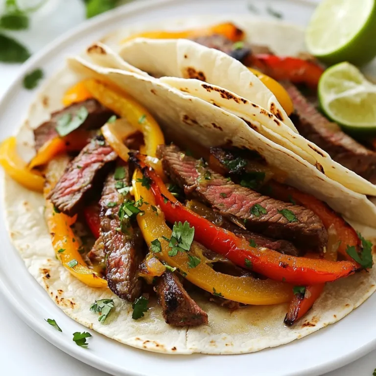 - 1 pound flank steak, sliced against the grain - 4 tablespoons unsalted butter, divided - 3 cloves garlic, minced - 1 bell pepper (any color), sliced - 1 red onion, sliced - 2 teaspoons fajita seasoning (store-bought or homemade) - Salt and pepper to taste - Fresh cilantro, for garnish - Lime wedges, for serving - 8 small flour tortillas In my kitchen, each ingredient plays a key role. The flank steak is tender and flavorful. I slice it against the grain for the best texture. Unsalted butter adds richness and helps blend all the flavors. Garlic brings a wonderful aroma and taste. I love using bell peppers, as they add crunch and color. Red onion gives a sweet note when cooked. For seasoning, fajita seasoning is a must. It has a mix of spices that lifts the dish. Salt and pepper enhance all the flavors. Fresh cilantro adds a burst of freshness as a garnish. Lime wedges are perfect for squeezing over the finished dish. They bring brightness and a zesty kick. Finally, I choose small flour tortillas. They wrap around the filling nicely and hold all those tasty juices. Each bite should be a savory delight! {{ingredient_image_1}} To start, slice your flank steak against the grain. In a bowl, mix the steak with one tablespoon of melted butter, the minced garlic, fajita seasoning, salt, and pepper. This mix adds great flavor. Let it marinate for at least 15 minutes. This time helps the steak soak up all those yummy spices. Next, grab a large skillet or frying pan. Melt one tablespoon of butter over medium heat. Add the sliced bell pepper and red onion. Cook them for about 5-7 minutes. You want them tender and a bit caramelized. Then, take them out and set them aside. Now, use the same skillet for the steak. Add the marinated steak to the hot pan. Cook for about 5-6 minutes. Stir occasionally to cook evenly. If you like medium-rare, aim for about 135°F. This way, your steak stays juicy. Once the steak is done, it’s time to mix! Return the sautéed vegetables to the skillet. Stir everything together for 1-2 minutes. This helps all the flavors blend nicely. Now comes the best part! Add the remaining two tablespoons of butter to the skillet. Stir until it melts and mixes in well. This garlic butter makes the fajitas rich and tasty. In a separate pan, warm the flour tortillas on low heat. Do this for about 30 seconds on each side. You want them soft and pliable, perfect for wrapping. To serve, spoon a generous amount of the steak and vegetable mix onto the warm tortillas. Garnish with fresh cilantro. Don’t forget lime wedges on the side! A squeeze of lime adds a bright touch to your fajitas. Enjoy! For fajitas, flank steak is my go-to cut. It is tender and flavorful. You can also use skirt steak, which has a similar taste and texture. Both cuts work well when sliced against the grain. This method helps keep the meat tender. If you want to try something different, top sirloin is another good option. It offers a nice balance of flavor and tenderness. You have two great options for cooking your fajitas: skillet or grill. - Skillet: Cooking in a skillet gives you control. You can easily sauté the veggies and steak together. It’s a quick method and perfect for any kitchen. - Grill: Grilling adds a smoky flavor. Preheat the grill and cook the steak for a few minutes on each side. You can also grill your veggies for an extra char. Whichever method you choose, make sure your pan or grill is hot before you start to get a nice sear. To boost the flavor of your fajitas, consider these tips: - Add other spices like cumin or smoked paprika. These spices add depth to your dish. - Fresh lime juice brightens the flavors. Squeeze it over the finished fajitas. - You can include other ingredients like jalapeños for heat or corn for sweetness. - For a creamy touch, add avocado or sour cream when serving. These small tweaks make a big difference! Pro Tips Marinate for Maximum Flavor: Allowing the steak to marinate for at least 30 minutes, or longer if possible, will enhance the flavors significantly. High Heat for Searing: Ensure your skillet is hot enough before adding the steak. This will give it a nice sear and lock in the juices. Rest the Meat: After cooking, let the steak rest for a few minutes before slicing. This helps retain its juices for a more tender bite. Cilantro Alternatives: If you're not a fan of cilantro, consider using fresh parsley or green onions for a different flavor profile. {{image_2}} You can switch up the meat in this recipe. Chicken is a great choice for fajitas. Use boneless, skinless chicken breasts or thighs. Shrimp also works well. Just make sure to cook it quickly to keep it tender. If you prefer plant-based options, try using tofu or tempeh. Marinating them in the same garlic butter mix adds great flavor. Feel free to add or swap out vegetables to your taste. Zucchini, mushrooms, or corn can make tasty additions. You can use sliced jalapeños for a kick. If you want a sweeter taste, try using sweet corn. The key is to pick veggies that cook well with steak and still hold their shape. While flour tortillas are classic, you have other options. Whole wheat tortillas add fiber and a nutty flavor. Corn tortillas are gluten-free and have a nice texture. If you are watching carbs, low-carb tortillas are available. These variations can change the taste and feel of your fajitas. Choose what you enjoy most! To keep your garlic butter steak fajitas fresh, store them in an airtight container. Place them in the fridge within two hours of cooking. This helps prevent bacteria. Use them within three days for the best taste. To reheat without losing texture, use a skillet. Heat it on low, add a splash of water or broth, then cover. Stir occasionally until warm. This keeps the steak juicy and the veggies tender. Yes, you can freeze leftovers. Place the fajitas in a freezer-safe bag. Squeeze out all the air before sealing. They will last up to three months in the freezer. To eat, thaw in the fridge overnight and reheat as mentioned above. The best steak for fajitas is flank steak. Flank steak is thin and tender. It has a great flavor that fits well with spices. Other good options include skirt steak or sirloin. These cuts also work well for fajitas. You should marinate the steak for at least 15 minutes. This time helps the meat soak in the flavors. For even more taste, you can marinate it for up to 2 hours. Just remember to keep it in the fridge while marinating. Yes, you can make fajitas without a skillet. You can use a grill or an oven. A grill gives a nice smoky flavor. If you use an oven, cook the steak on a baking sheet. Just make sure to watch the cooking time. You can serve garlic butter steak fajitas with many sides. Here are some great options: - Rice - Black beans - Guacamole - Salsa - Corn on the cob - A fresh salad These sides add flavor and color to your meal. To check if your steak is done, use a meat thermometer. For medium-rare, the steak should be 135°F. If you like it more done, aim for 145°F for medium. Another way is to press the steak. If it feels firm but still has some give, it's likely done. In this blog post, we covered how to make tasty garlic butter steak fajitas. You learned about the key ingredients, from flank steak to fresh vegetables. The step-by-step guide detailed marinating, cooking, and serving instructions. We also shared tips for choosing steak and other protein options. Finally, we explored storage and reheating for leftovers. Enjoy your fajitas and don’t forget to experiment with flavors!