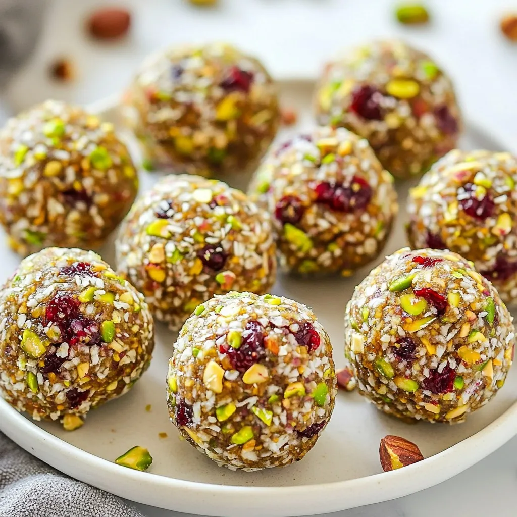 To make these tasty energy balls, you need: - 1 cup rolled oats - 1/2 cup almond butter - 1/3 cup honey or maple syrup - 1 cup dried cranberries, chopped - 1/2 cup unsalted pistachios, chopped - 1/4 cup chia seeds - 1 teaspoon vanilla extract - Pinch of salt Each ingredient plays a key role in the flavor and texture of these energy balls. If you don’t have almond butter, you can use peanut butter or sunflower seed butter. Maple syrup can be swapped for honey if you prefer. For a nut-free option, choose sunflower seeds instead of pistachios. If you need gluten-free oats, make sure to check the label. You can also use dried cherries instead of cranberries for a twist. These energy balls pack a nutritional punch. - Rolled oats provide fiber for good digestion. - Almond butter offers healthy fats and protein. - Honey or maple syrup gives natural sweetness along with antioxidants. - Dried cranberries add vitamins and minerals. - Pistachios are rich in protein and healthy fats. - Chia seeds are loaded with omega-3s and fiber. - Vanilla extract not only adds flavor but also may help reduce stress. Together, these ingredients create a balanced snack that fuels your body and keeps you energized. {{ingredient_image_1}} To start, grab a large mixing bowl. Add 1 cup of rolled oats, 1/2 cup of almond butter, and 1/3 cup of honey or maple syrup. Stir everything together. You want it to be sticky and mixed well. Next, add 1 cup of chopped dried cranberries and 1/2 cup of chopped unsalted pistachios. Then mix in 1/4 cup of chia seeds. Don’t forget to add 1 teaspoon of vanilla extract and a pinch of salt. Mix until all ingredients are blended together. When mixing, use a sturdy spatula or a wooden spoon. This helps in combining the thick almond butter with the oats. If the mixture feels too dry, add a little more almond butter or syrup. If it's too wet, add a few more oats. You want a texture that holds together when you roll it into a ball. Make sure every bite has a bit of each ingredient for the best flavor. After mixing, place the bowl in the fridge for 15-30 minutes. This makes the mixture easier to handle. Once chilled, take a tablespoon-sized portion and roll it into a ball with your hands. You can roll the balls in extra chopped pistachios or shredded coconut for a crunchy touch. Line a baking sheet with parchment paper and place the rolled balls on it. Freeze for about 30 minutes to set. Store them in an airtight container. Enjoy your tasty, healthy snacks! To keep your energy balls fresh, store them in an airtight container. You can use a glass jar or a plastic container. Place a layer of parchment paper between the layers if you stack them. This prevents sticking and helps keep them intact. Store them in the fridge for up to a week. If you need more time, freeze them for later use. They can last up to three months in the freezer. Want to boost the flavor? Try adding a pinch of cinnamon or nutmeg. These spices pair well with cranberries and give a warm taste. For a crunchier texture, roll the balls in extra chopped pistachios or shredded coconut. This adds a fun look and makes them more exciting to eat. You can also mix in a handful of dark chocolate chips for a sweet twist. One mistake is not chilling the mixture long enough. If it’s too soft, rolling the balls can be tricky. Make sure to chill for at least 15 minutes. Another mistake is skipping the salt. A pinch of salt enhances the flavors and balances the sweetness. Lastly, don’t rush the mixing. Take your time to ensure all ingredients blend well. This makes for a tasty treat that holds together nicely. Pro Tips Use Fresh Ingredients: For the best flavor and nutrition, choose high-quality, fresh dried cranberries and pistachios. Customize Your Sweetness: Adjust the sweetness level by using more or less honey or maple syrup according to your taste preference. Experiment with Add-ins: Feel free to mix in other nuts, seeds, or superfoods like flaxseeds or hemp hearts for added nutrition. Storage Tips: Keep your energy balls in the freezer for longer shelf life; they can last up to three months when stored properly. {{image_2}} You can swap pistachios for other nuts. Try almonds, walnuts, or cashews. Each nut adds a unique taste. Seeds also work well. Use sunflower seeds or pumpkin seeds for a crunchy twist. Just chop them up like the pistachios. This keeps the texture nice. If you want less sugar, use different sweeteners. Maple syrup is great, but try agave nectar too. For a sugar-free option, use stevia or monk fruit. These sweeteners give a nice flavor without the extra sugar. Mix them in just like honey or maple syrup. Want to get creative? Add chocolate chips or shredded coconut. Dark chocolate chips add sweetness and richness. Coconut gives a tropical feel. You can even toss in some dried fruits like apricots or figs. Just remember to keep the total mix balanced. Enjoy playing with flavors! To keep your Cranberry Pistachio Energy Balls fresh, store them in an airtight container. This prevents air from drying them out. You can place parchment paper between layers to avoid sticking. Keep them in the fridge for best results. The cool temperature helps maintain their taste and texture. Want to save some for later? Freezing is a great option! After rolling the energy balls, place them on a baking sheet. Freeze them for about 30 minutes until firm. After that, transfer them to a freezer-safe bag or container. This way, you can enjoy them anytime. If stored correctly, these energy balls last a week in the fridge. In the freezer, they can last up to three months. Just remember to label the container with the date. This helps you keep track of how long they’ve been stored. Enjoy these tasty treats whenever you need a quick energy boost! To make these energy balls vegan, swap honey for maple syrup. Use almond butter that has no added ingredients. Ensure the dried cranberries are not sweetened with honey. This simple change keeps the recipe plant-based. You can use fresh cranberries, but they are tart. Fresh cranberries have more moisture. You may need to adjust the amount of sweetener to balance the taste. If you do use fresh, chop them finely and mix them well into the mixture. These energy balls offer great nutrition. Each ball has about 100 calories. They are rich in fiber, protein, and healthy fats. Key nutrients include: - Rolled oats: Good for energy and digestion. - Almond butter: Provides protein and healthy fats. - Dried cranberries: Offer antioxidants and vitamins. - Pistachios: Add protein, fiber, and healthy fats. - Chia seeds: Are packed with omega-3s and fiber. These tasty bites can keep you full and satisfied! Cranberry Pistachio Energy Balls are simple to make and fun to enjoy. We covered the key ingredients, their health perks, and how to mix and chill them just right. I shared handy tips for storing, flavoring, and avoiding common mistakes. You can also explore tasty variations with nuts, sweeteners, and mix-ins. Remember, proper storage keeps them fresh longer. With these insights, you can make your energy balls healthy and delicious. Enjoy creating your own tasty snacks!