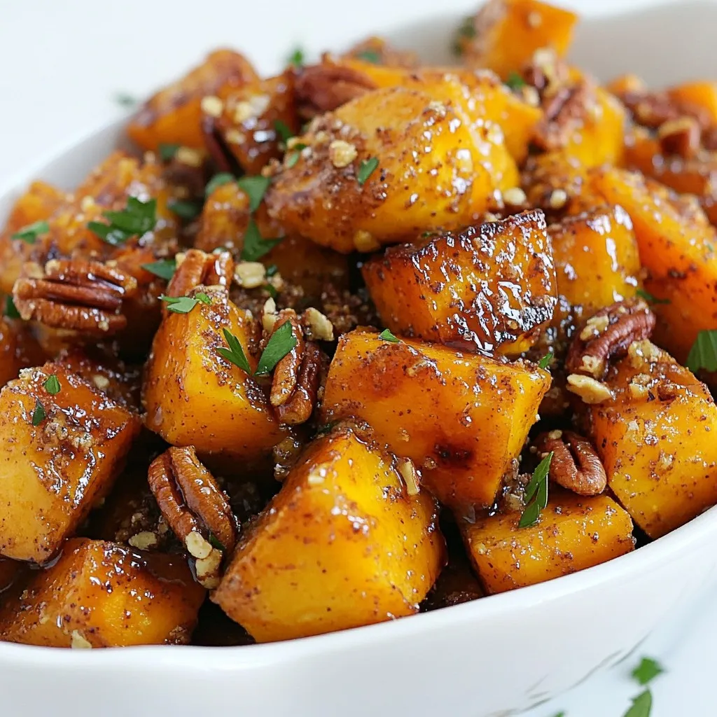 - 4 medium sweet potatoes, peeled and cubed - 3 tablespoons maple syrup - 2 tablespoons olive oil - 1 teaspoon ground cinnamon - 1/2 teaspoon nutmeg - Salt and pepper to taste - 1/4 cup chopped pecans (optional) - Fresh parsley for garnish (optional) You can add chopped pecans for a nutty crunch. Fresh parsley can brighten the dish. Both are not needed but enhance the meal. If you don’t have sweet potatoes, try butternut squash. It has a similar taste and texture. Honey can replace maple syrup if you want a different sweet flavor. Use coconut oil instead of olive oil for a unique twist. If you lack nutmeg, just increase the cinnamon. {{ingredient_image_1}} Start by peeling the sweet potatoes. Then, cut them into cubes. Aim for even pieces for even cooking. In a large bowl, mix the cubed sweet potatoes with maple syrup and olive oil. Add ground cinnamon, nutmeg, salt, and pepper. Toss well until every piece is coated. This step is key to getting that sweet flavor in each bite. Preheat your oven to 425°F (220°C). Line a baking sheet with parchment paper for easy cleanup. Spread the sweet potatoes on the sheet in a single layer. Make sure they have some space. If they are too close, they won’t roast well. Roast them for 25 to 30 minutes. Stir halfway through to help them cook evenly. They should be tender and caramelized when done. If you want a crunchy texture, add chopped pecans during the last 5 minutes of roasting. Let the sweet potatoes cool for a few minutes after roasting. You can sprinkle fresh parsley on top for a pop of color. Serve them warm as a side dish or a tasty snack. They pair well with roasted meats or can be enjoyed on their own. The maple and cinnamon flavors make them a hit at any meal. When picking sweet potatoes, look for firm ones with smooth skin. Avoid any with soft spots or blemishes. Medium-sized sweet potatoes work best for this recipe. They cook evenly and give you a great texture. To roast sweet potatoes evenly, cut them into uniform cubes. Aim for about 1-inch pieces. This size helps them cook at the same rate. Spread the cubes in a single layer on your baking sheet. If they are too close, they will steam instead of roast. Stir halfway through to ensure they brown nicely. Spices can take your sweet potatoes to the next level. Start with ground cinnamon and nutmeg, as they pair well with maple syrup. Add a pinch of salt to balance the sweetness. For a kick, try a dash of cayenne pepper. If you love nuts, sprinkle chopped pecans on top before the last few minutes of roasting. They add a nice crunch and extra flavor. Pro Tips Choose the Right Sweet Potatoes: Look for firm, smooth sweet potatoes without blemishes for the best texture and flavor. Don’t Skip the Parchment: Lining your baking sheet with parchment paper not only helps with cleanup but also prevents sticking. Experiment with Spices: Feel free to add other spices like ginger or cloves to enhance the flavor profile of your roasted sweet potatoes. Serve Immediately: For the best taste and texture, serve your roasted sweet potatoes right after they come out of the oven while they’re still warm. {{image_2}} You can easily make this dish vegan and gluten-free. The base ingredients are already vegan. Just use pure maple syrup and check your olive oil. Both options are gluten-free. If you want a nut-free option, skip the pecans. The sweet potatoes shine on their own or with herbs. Add fun toppings to change the flavor. Try adding apple slices or dried cranberries for a sweet twist. You can mix in chopped apples before roasting for added sweetness. For a savory kick, sprinkle some feta cheese once they are done. Fresh herbs like thyme or rosemary work great too. Want to switch up the flavors? You can use different syrups to change the taste. Try using honey instead of maple syrup. This will give a nice floral note. For a spicy kick, add a pinch of cayenne pepper. You can also swap cinnamon for pumpkin spice for a fall vibe. After making maple cinnamon roasted sweet potatoes, let them cool. Store them in an airtight container. They stay fresh in the fridge for up to four days. To keep them tasty, avoid adding toppings until ready to eat. You can freeze roasted sweet potatoes for later. Cool them completely, then spread them on a baking sheet. Freeze for about an hour until firm. Transfer the sweet potatoes to a freezer-safe bag. They last for up to three months in the freezer. When you're ready to enjoy your sweet potatoes, reheating is easy. For the best results, use the oven. Preheat it to 350°F (175°C). Spread the sweet potatoes on a baking sheet. Heat for about 10-15 minutes until warm. You can also use a microwave. Just heat them in short bursts, stirring in between. Enjoy them hot! Yes, you can make these sweet potatoes ahead of time. Cook them fully and let them cool. Store them in an airtight container in the fridge. To reheat, place them on a baking sheet and warm in the oven at 350°F until heated through. This keeps the flavors rich and the texture nice. Roasted sweet potatoes pair well with many dishes. You can serve them with grilled chicken or fish for a balanced meal. They also work great as a side for a hearty salad or a warm grain bowl. Try adding them to tacos or wraps for a fun twist. To change the sweetness, simply add more or less maple syrup. If you want a less sweet dish, cut the syrup by half. For a sweeter flavor, add a bit more syrup. You can also balance sweetness with a touch of salt or spices like cayenne. You now have a complete guide to making delicious maple cinnamon roasted sweet potatoes. We covered all the key ingredients, step-by-step instructions, and helpful tips. You learned about variations and storage options too. Use this knowledge to create your own tasty dishes. Don’t forget to explore ingredient substitutions and different serving styles. Enjoy cooking, and feel free to get creative with flavors. Happy roasting!