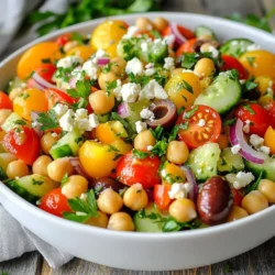 To make a vibrant Greek Chickpea Salad, you will need fresh and simple ingredients. Here’s the list: - 1 can chickpeas (15 oz), drained and rinsed - 1 medium cucumber, diced - 1 cup cherry tomatoes, halved - 1/2 red onion, finely chopped - 1 bell pepper, diced - 1/2 cup Kalamata olives, pitted and sliced - 1/4 cup feta cheese, crumbled - 3 tablespoons olive oil - 2 tablespoons red wine vinegar or lemon juice - Juice of 1 lemon - 1 teaspoon dried oregano - Salt and pepper to taste - Fresh parsley, for garnish Each ingredient adds a unique flavor and texture. The chickpeas bring protein and heartiness. The cucumber adds crunch, while the tomatoes offer sweetness. The red onion gives a sharp bite, and the bell pepper adds color. Kalamata olives provide a briny touch, and feta cheese brings creaminess. Using good quality olive oil and fresh lemon juice enhances the taste. Dried oregano brings a hint of the Mediterranean. Always taste and adjust the salt and pepper to your liking. When selecting your ingredients, go for fresh and ripe produce. This will make your salad taste even better. A little attention to detail here goes a long way. Enjoy the process of gathering these ingredients; it sets the stage for a delicious meal. {{ingredient_image_1}} 1. First, grab a large bowl. Combine the chickpeas, cucumber, tomatoes, red onion, and bell pepper. This mix gives the salad a fresh crunch. 2. Next, add the sliced Kalamata olives and crumbled feta cheese. Stir gently so everything mixes well, but be careful not to break the feta. 3. In a small bowl, whisk the olive oil, red wine vinegar (or lemon juice), fresh lemon juice, dried oregano, salt, and pepper. This dressing brings all the flavors together. 4. Now, drizzle the dressing over the salad mixture. Toss everything gently to coat the ingredients evenly. 5. Taste the salad and adjust the seasoning if you want. Add more lemon juice, salt, or pepper based on your preference. 6. Finally, let the salad sit for about 10-15 minutes. This helps the flavors blend beautifully before you serve it. To make your Greek Chickpea Salad even better, let it sit for 10-15 minutes. This time helps the flavors mix well. After it rests, taste the salad. You might want to add more lemon juice or salt. Adjust it to your liking. Serve your salad in a shallow bowl. This way, it looks nice and colorful. Add some chopped parsley on top. A sprinkle of feta cheese also adds a lovely touch. It makes the dish pop and look fresh. If you have leftovers, store them in an airtight container. Keep it in the fridge for up to three days. The salad will stay fresh and tasty. When you’re ready to eat it, give it a quick stir. You may need to add a bit more lemon juice to brighten the flavors. This keeps your salad delicious! Pro Tips Use Fresh Ingredients: Opt for fresh veggies and herbs to enhance the vibrant flavors of your salad. Chill Before Serving: For the best taste, refrigerate the salad for at least 30 minutes before serving to allow the flavors to fully develop. Customize Your Olives: Feel free to experiment with different types of olives, like green or stuffed olives, for a unique twist. Meal Prep Friendly: This salad keeps well in the refrigerator, making it a great option for meal prep. Just store the dressing separately until serving. {{image_2}} You can easily make a vegan Greek chickpea salad. Just omit the feta cheese. This keeps all the great flavors while making it dairy-free. You can also have gluten-free options. Chickpeas, veggies, and olive oil are naturally gluten-free. Just check any additional ingredients you may add. If you want an alternative for Kalamata olives, try green olives or capers. They both add a nice briny flavor. For cheese, you can use vegan options like cashew cheese or tofu feta. These alternatives keep the salad tasty and fresh. Chickpeas pack a punch with their health benefits. They are high in protein and fiber. This makes them great for keeping you full and satisfied. Eating chickpeas can help with digestion and heart health. They also provide iron, magnesium, and folate, which are vital for our bodies. This salad includes fresh veggies that add more nutrients: - Cucumber: Low in calories and hydrating. - Cherry tomatoes: High in vitamins A and C, plus antioxidants. - Red onion: Good for heart health and adds flavor. - Bell pepper: Rich in vitamins A and C, which boost immunity. - Kalamata olives: Full of healthy fats that can help heart health. - Feta cheese: Offers calcium and protein. Together, these ingredients create a colorful salad full of taste and health benefits. Each serving of Greek Chickpea Salad contains about 250 calories. This count can vary based on the amount of dressing used. This makes it a nutritious choice for lunch or a light dinner. You get vitamins, minerals, and healthy fats without consuming too many calories. Enjoy this salad guilt-free! You can prepare this salad a day ahead. Just follow the recipe steps, but hold off on adding the dressing. Store the salad in the fridge. When ready to serve, add the dressing and toss. This keeps the veggies crisp and fresh. Yes, canned chickpeas work great! They save time and are easy to use. Just drain and rinse them before adding to your salad. This helps remove excess salt and gives a clean taste. You can add many tasty ingredients! Try adding diced avocados for creaminess or some cooked quinoa for extra protein. Fresh herbs, like mint or dill, can add a nice twist too. Feel free to mix and match based on what you like! Yes, Greek Chickpea Salad is gluten-free. All the ingredients, like chickpeas, veggies, and feta cheese, are safe for a gluten-free diet. Enjoy this salad without worry! You learned how to make a tasty Greek Chickpea Salad with fresh ingredients. We covered each step, from mixing chickpeas to adding the perfect dressing. Remember, letting the salad sit enhances its flavor. Feel free to adjust the ingredients to suit your tastes. In the end, this salad is not just easy to make. It is healthy and packed with flavor. Enjoy this dish as a main meal or as a side. You’ll boost your meals and impress your friends with this vibrant salad.