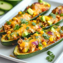 - 4 medium zucchinis - 2 cups cooked shredded chicken - 1 cup BBQ sauce (your favorite brand or homemade) - 1 cup corn kernels (fresh, frozen, or canned) - 1 bell pepper, diced (red or yellow for sweetness) - 1/2 cup red onion, finely chopped - 2 tablespoons olive oil - Salt and pepper, to taste - Fresh cilantro or green onions for garnish For this dish, I love using medium zucchinis. They are just the right size to hold a good amount of filling. You can find them at your local grocery store or farmer's market. When you cut them in half, it creates the perfect boat shape. The cooked shredded chicken is the star of the show. You can use leftover rotisserie chicken or cook your own. It adds great flavor and protein to your meal. Next, the BBQ sauce brings all the flavors together. You can use your favorite brand or make your own if you like. For more texture and flavor, I add corn kernels, diced bell pepper, and chopped red onion. They brighten up the dish and offer a nice crunch. Don't forget the seasoning! Olive oil helps to keep everything moist, while salt and pepper enhance the taste. Fresh cilantro or green onions on top adds a pop of color and a fresh flavor. This mix of ingredients makes BBQ Chicken Zucchini Boats a tasty and satisfying meal. {{ingredient_image_1}} 1. Preheat your oven to 375°F (190°C). This helps cook the zucchinis evenly. 2. Take the zucchinis and slice them in half lengthwise. Use a spoon to scoop out the center, making a boat. Brush the insides lightly with olive oil. Add a sprinkle of salt and pepper for flavor. 1. Heat a skillet over medium heat. Add the diced red onion and bell pepper. Sauté them for about 3-4 minutes. They should start to soften and smell great. 2. In a mixing bowl, combine the cooked shredded chicken, BBQ sauce, corn, and the sautéed onion and pepper. Mix everything well until it's all coated with sauce. 1. Take the zucchini boats and stuff them with the BBQ chicken mixture. Press down slightly to fit as much as you can. You want a full boat! 2. Place the stuffed zucchini boats on a baking sheet. Use parchment paper or grease the sheet lightly to prevent sticking. 3. Sprinkle shredded cheese evenly over each stuffed zucchini. 4. Bake in your preheated oven for 25-30 minutes. They are done when the zucchinis are tender and the cheese is melted and bubbly. 5. Once baked, let them cool for a few minutes. Garnish with fresh cilantro or chopped green onions for a pop of color and flavor. How to choose zucchinis When picking zucchinis, look for ones that feel firm. They should be medium-sized, about 6 to 8 inches long. Avoid zucchinis with soft spots or wrinkles. Fresh zucchinis have a bright green color and a smooth skin. These will give you the best flavor and texture. Techniques for scooping To scoop zucchinis, use a spoon or a melon baller. Cut them in half lengthwise first. Gently scoop out the seeds and flesh. Leave about a quarter-inch of the flesh, so they stay sturdy. This creates a nice boat to hold your filling, so don’t scoop too deeply. BBQ sauce suggestions Choose your favorite BBQ sauce for this recipe. A smoky sauce adds depth to the dish. If you like heat, try a spicy BBQ sauce. For a sweeter taste, go for a honey BBQ. You can even make your own sauce using ketchup, vinegar, and spices for a personal touch. Cheese options For cheese, cheddar is a classic choice. It melts well and adds a nice flavor. Monterey Jack works too, as it is creamy and mild. You can mix cheeses for a more complex taste. Try adding a sprinkle of mozzarella for a gooey finish. Serving suggestions Serve your zucchini boats on a colorful plate. This makes the dish pop and look more appetizing. A wooden cutting board also adds a rustic touch. Drizzle a little extra BBQ sauce over the top for flair. Garnishing tips Fresh herbs make great garnishes. Use cilantro for a bright flavor. Chopped green onions add a nice crunch. You can also sprinkle some paprika for color. These small touches make a big difference in how your meal looks. Pro Tips Choose Firm Zucchini: Select zucchinis that are firm and have a smooth skin for the best texture and flavor in your boats. Customize Your Filling: Feel free to add extra ingredients like black beans or jalapeños to the filling for more texture and spice. Broil for Extra Crispiness: For a crispy topping, switch to broil for the last 2-3 minutes of cooking, keeping a close eye to prevent burning. Make Ahead: You can prepare the zucchini boats in advance and store them in the fridge. Just bake them when you're ready to serve! {{image_2}} You can switch up the meat in BBQ chicken zucchini boats. Ground turkey works great. It has a mild taste and is leaner. Ground beef also makes a tasty choice. It adds a rich flavor. For a vegetarian option, try black beans or lentils. They add protein and texture. You can mix them with your BBQ sauce for a delicious filling. Boost the flavor with spices and herbs. Try adding garlic powder for a savory kick. Paprika adds a nice smoky flavor. You can also use fresh herbs like basil or parsley. They bring a fresh taste. Don't forget about other veggies. Chopped mushrooms or spinach can add more nutrients. Mix and match to find your favorite flavor combinations. Pair your zucchini boats with side dishes. A fresh salad can balance the meal. Serve with rice or quinoa for a hearty option. To make it a full meal, add fruit. Grilled peaches or watermelon can add sweetness. You can also serve with a dipping sauce. Extra BBQ sauce or ranch dressing works well. To store leftovers, let the BBQ chicken zucchini boats cool first. Place them in an airtight container. This keeps them fresh and safe. Use containers made of glass or BPA-free plastic. These materials help avoid unwanted flavors. Yes, you can freeze stuffed zucchinis! Wrap each boat tightly in plastic wrap. Then, place them in a freezer bag. This keeps them from getting freezer burn. When you want to eat them, thaw in the fridge overnight. To reheat, place them in the oven at 350°F for about 20 minutes. This warms them through without making them soggy. The BBQ chicken zucchini boats last in the fridge for about 3-5 days. If you freeze them, they can last up to 2-3 months. Look for signs of spoilage like a bad smell or discoloration. If they feel slimy or mushy, it’s best to toss them. You can use homemade alternatives for BBQ sauce. A mix of ketchup, vinegar, and spices works well. Try adding honey or molasses for sweetness. You can also use mustard for a tangy twist. For low-sugar options, look for sugar-free BBQ sauce brands. You can also mix tomato sauce with spices to cut down on sugar. This gives you flavor without the extra calories. Yes, you can prepare these BBQ chicken zucchini boats ahead of time. Just make the filling and stuff the zucchinis, then cover them. Store them in the fridge for up to 24 hours. For best freezing practices, freeze the stuffed zucchinis before baking. Wrap each one tightly in plastic wrap. Place them in an airtight container or freezer bag. They can last up to three months in the freezer. You can tell zucchinis are done by checking for tenderness. Insert a fork into the flesh; it should slide in easily. To check cheese doneness, look for a golden brown color and bubbling. If the cheese is melted and slightly browned, your dish is ready! Stuffed zucchini boats are a fun and tasty dish. This blog covered key ingredients like chicken, BBQ sauce, and colorful veggies. We walked through easy steps to prepare, cook, and assemble your boats. You learned tips to enhance flavors and make the meal shine. I shared variations to suit different tastes and how to store leftovers. I hope you feel inspired to try this recipe. Enjoy making your easy, healthy, and delicious stuffed zucchini boats!