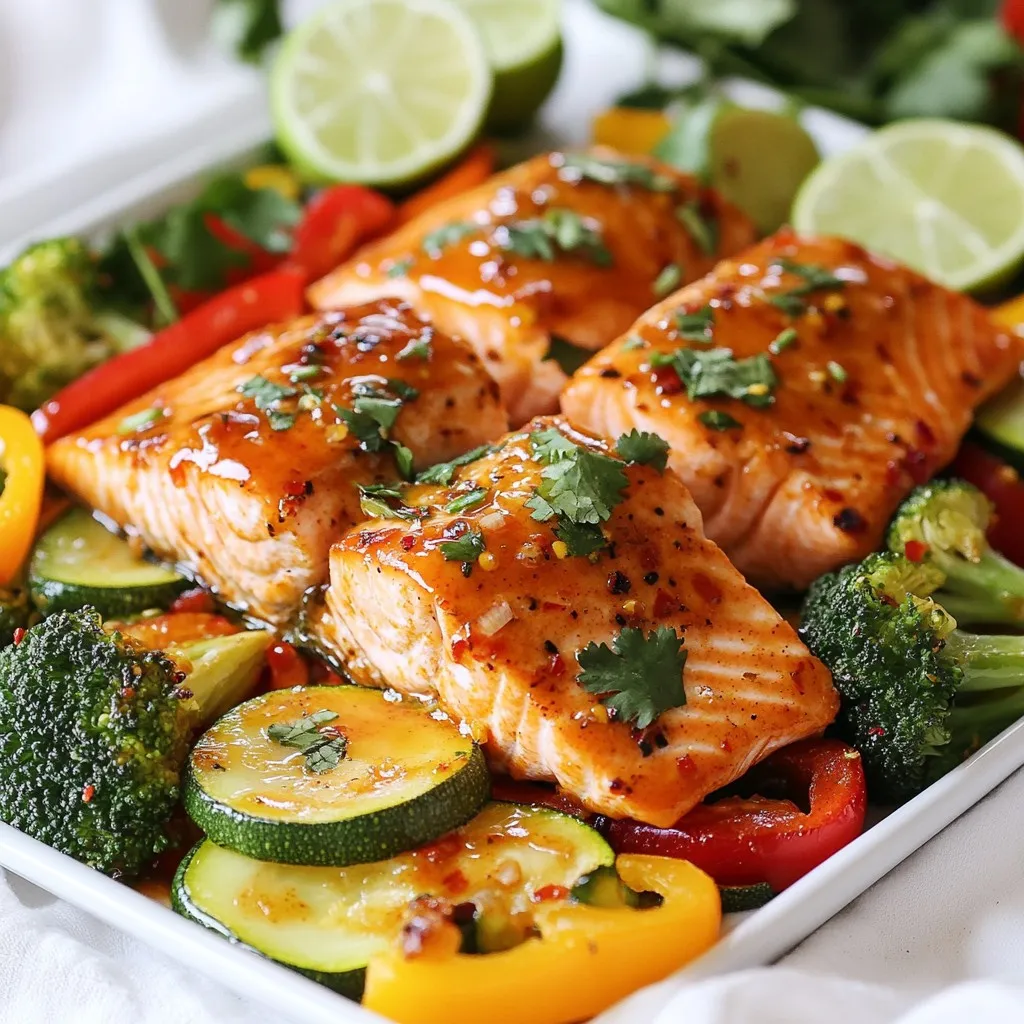 - 4 salmon fillets (6 oz each) - 1/4 cup sweet chili sauce - 2 tablespoons soy sauce (low sodium recommended) Salmon fillets are the star of this dish. They are rich in flavor and healthy. Sweet chili sauce adds a nice blend of sweetness and spice. It makes the salmon juicy and tasty. Soy sauce gives a salty depth that pairs well with the salmon. - 1 cup broccoli florets - 1 cup sliced bell peppers (mixed colors) - 1 zucchini, sliced The vegetables add color and nutrients. Broccoli florets are crisp and bright. Bell peppers bring sweetness and crunch. Zucchini is mild and soaks up flavor well. Together, they make the meal balanced and fun. - 1 tablespoon freshly grated ginger - 2 cloves garlic, minced - 1 tablespoon sesame oil - Salt and pepper to taste - Fresh cilantro for garnish Ginger gives a warm, spicy note. Garlic adds a punch of flavor. Sesame oil makes everything taste richer and nuttier. Salt and pepper enhance all the flavors. Fresh cilantro adds a fresh touch at the end, making the dish feel vibrant. {{ingredient_image_1}} - Preheat your oven to 400°F (200°C). - Cut four large sheets of aluminum foil, about 12x12 inches each. - In a small bowl, mix together the sweet chili sauce, soy sauce, grated ginger, and minced garlic. This is the tasty marinade for the salmon. - Place a salmon fillet in the center of each sheet of foil. - Drizzle the sweet chili marinade evenly over each fillet. - In a separate bowl, toss the broccoli, bell peppers, and zucchini with sesame oil, salt, and pepper. - Divide the mixed vegetables among the salmon fillets, placing them around and on top of the salmon. - Bring the sides of the foil up and fold them together tightly to create packets. - Place the foil packs on a baking sheet and bake for 15-20 minutes. - Check for doneness; the salmon should flake easily with a fork. - Remove the foil packs from the oven and carefully open them. Watch for steam! - Garnish with fresh cilantro before serving. This dish is simple and full of flavor. Enjoy your meal! For salmon fillets, the cooking time varies. A thicker fillet takes more time than a thinner one. Generally, cook 15-20 minutes at 400°F (200°C). To check for doneness, look for the salmon to flake easily with a fork. If it is still translucent in the center, give it a few more minutes. Cleanup is simple with foil packs. After cooking, let the packs cool slightly. Carefully fold the foil into a bundle. This keeps juices and mess contained. Dispose of the foil in the trash. It’s quick and easy! To present your dish, serve each foil pack on a plate. Gently open the pack and let the juices flow onto the plate. Add a wedge of lime or lemon for a bright touch. Fresh cilantro on top adds color and flavor. Enjoy the beauty of your meal! Pro Tips Marinate for Extra Flavor: Let the salmon sit in the marinade for at least 15-30 minutes before cooking to enhance the flavor. Use Fresh Vegetables: Fresh vegetables not only taste better but also provide more nutrients than frozen ones. Check for Doneness: Salmon is done when it flakes easily with a fork and the flesh is opaque. Use a meat thermometer for accuracy; it should read 145°F (63°C). Experiment with Vegetables: Feel free to mix in your favorite vegetables such as asparagus, carrots, or snap peas for a personalized touch. {{image_2}} You can easily swap out vegetables in this recipe. Try using asparagus, green beans, or snap peas. These add different flavors and textures. You can also use cherry tomatoes or corn for a sweet touch. If you want to change the sauce, try teriyaki or garlic butter. Both add a unique taste to the salmon. Grilling is a fun option for foil packs. Just preheat the grill to medium-high. Place the foil packs on the grill grates and cook for 10-15 minutes. You will get a nice smoky flavor. You can also use a slow cooker. Place the foil packs inside, and cook on low for 2-3 hours. This method keeps the salmon very moist. For gluten-free meals, use gluten-free soy sauce. This keeps your dish safe for those with allergies. If you want a low-carb version, skip the sweet chili sauce. Instead, use a mix of olive oil and lemon juice. You can add more veggies like spinach or kale for extra nutrients. To store cooked salmon foil packs, let them cool first. Place them in airtight containers. You can also use plastic wrap if you don’t have containers. Keep them in the fridge for up to three days. Make sure to separate the salmon from the veggies for best results. This will keep the flavors fresh. To reheat salmon foil packs, the oven is best. Preheat it to 350°F (175°C). Place the foil pack on a baking sheet. Heat for about 10 minutes. You can also use a microwave. Just cover the pack with a damp paper towel. This adds moisture and keeps the salmon from drying out. Heat for about 1-2 minutes, checking often. Yes, you can freeze the foil packs! First, cool them completely. Wrap each pack tightly in plastic wrap, then in aluminum foil. This helps prevent freezer burn. You can freeze them for up to three months. When ready to eat, thaw in the fridge overnight. Then reheat using the tips above. You should cook salmon foil packs for 15 to 20 minutes. This time ensures the salmon cooks through. Check if it flakes easily with a fork. Cooking time may vary with the thickness of the fillets. Sweet chili sauce has a mild heat. It is more sweet than spicy. This makes it perfect for everyone, including kids. The balance of flavors makes it a crowd favorite. Yes, you can use frozen salmon. Just make sure to thaw it first. Place it in the fridge overnight or use cold water. This will help it cook evenly when you bake it. Great sides include steamed rice or quinoa. You can also serve it with a fresh salad. Roasted sweet potatoes or asparagus go well too. These add color and flavor to your meal. This article covered creating delicious foil pack salmon. We looked at key ingredients like salmon, sweet chili sauce, and fresh veggies. I shared simple steps for preparation, assembly, and cooking. You learned tips for perfect cooking and serving suggestions. Remember to try different ingredients for fun variations. Store and reheat leftovers easily for future meals. Now you have everything needed to enjoy this tasty dish. Happy cooking!
