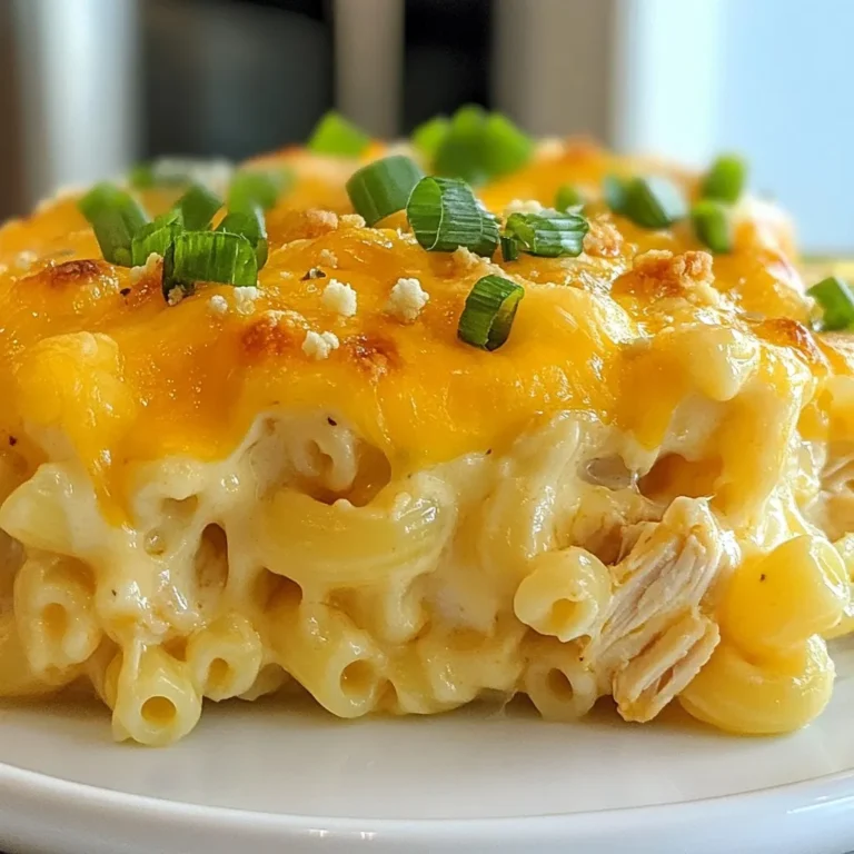To make Buffalo Chicken Mac and Cheese, you need these main ingredients: - 2 cups elbow macaroni - 1 pound boneless, skinless chicken breasts, cooked and shredded - 1 cup buffalo sauce (adjust to taste) - 4 tablespoons butter - 1/4 cup all-purpose flour - 3 cups milk - 3 cups shredded sharp cheddar cheese - 1 cup shredded mozzarella cheese - 1 teaspoon garlic powder - 1 teaspoon onion powder - Salt and pepper to taste These ingredients create a tasty blend of flavors. The elbow macaroni gives a nice base. The chicken adds protein, and the buffalo sauce brings in the heat. The butter and flour create a smooth cheese sauce that holds everything together. Garnishes can make your dish look great. Here are some options: - Chopped green onions - Blue cheese crumbles Adding green onions gives a fresh taste. Blue cheese adds a rich flavor that many love. Feel free to mix and match to find your favorite look and taste. Cheese is key to a great mac and cheese. I recommend these varieties: - Sharp cheddar cheese - Mozzarella cheese Sharp cheddar gives a strong flavor. Mozzarella makes the dish creamy and gooey. You can also try other cheeses like gouda or pepper jack for a twist on the classic taste. {{ingredient_image_1}} Start by boiling a large pot of salted water. Once it boils, add 2 cups of elbow macaroni. Cook the pasta until it is al dente, about 7-8 minutes. Drain the pasta in a colander and set it aside. This step is key for a perfect texture in your mac and cheese. Next, take 1 pound of cooked, shredded chicken breasts. In a bowl, mix the chicken with half of the buffalo sauce. This gives the chicken a nice, spicy kick. Set this bowl aside while you make the cheese sauce. In a large saucepan, melt 4 tablespoons of butter over medium heat. Once the butter melts, whisk in 1/4 cup of all-purpose flour. Stir this mixture for about 1-2 minutes until it turns lightly golden. Gradually add 3 cups of milk, whisking until smooth. Keep cooking and stirring for about 5-7 minutes until the sauce thickens. Now, reduce the heat to low and stir in 3 cups of sharp cheddar cheese and 1 cup of mozzarella cheese. Add 1 teaspoon of garlic powder, 1 teaspoon of onion powder, salt, and pepper to taste. Keep stirring until all the cheese melts and the sauce is smooth. Add the drained macaroni and the buffalo chicken mixture to the cheese sauce. Stir everything together until the pasta is coated evenly. This is where all the flavors come together, making your dish truly delicious. If you want a baked version, preheat your oven to 350°F (175°C). Transfer the mac and cheese to a greased baking dish. Sprinkle some extra cheese on top. Bake for about 20 minutes or until it is bubbly and golden. When you remove the mac and cheese from the oven, drizzle the remaining buffalo sauce on top. Garnish with chopped green onions and blue cheese crumbles if you like. Serve this dish hot for a comforting meal that is sure to please everyone. To cook pasta just right, use plenty of water. Add a good amount of salt. This helps flavor the pasta. Follow the package time for cooking. For elbow macaroni, aim for al dente. This means it should be firm but not hard. If you overcook it, the pasta will get mushy. Drain the pasta well and set it aside for later. To make a great cheese sauce, start with a roux. Melt butter in a large saucepan over medium heat. Add the flour and whisk for one to two minutes. This will help thicken your sauce. Slowly whisk in the milk after the roux is golden. Keep stirring until the sauce thickens, which takes about five to seven minutes. Once thick, add the cheddar and mozzarella cheeses. Stir until all the cheese melts smoothly. This will give you a rich, creamy sauce. Buffalo sauce can vary in heat. If you like it mild, use less sauce. You can always add more later. Mix half of the sauce with the shredded chicken first. Taste it before adding more. If you want more heat, drizzle extra sauce on top when serving. For a different kick, consider adding a pinch of cayenne pepper or smoked paprika to the cheese sauce. Adjust the spice to fit your taste! Pro Tips Adjust the Heat: Modify the amount of buffalo sauce based on your spice preference. Start with less and add more for a spicier kick. Use Fresh Cheese: For the best flavor and texture, opt for freshly grated cheese instead of pre-shredded. It melts better and enhances the creaminess. Mix It Up: Feel free to incorporate additional ingredients like cooked bacon or vegetables such as broccoli for added flavor and nutrition. Storing Leftovers: Store any leftovers in an airtight container in the fridge for up to 3 days. Reheat in the oven or microwave, adding a splash of milk for creaminess. {{image_2}} You can change the protein in Buffalo chicken mac and cheese easily. Try using shredded rotisserie chicken for a quick meal. You can also swap in turkey for a lighter option. If you like beef, shredded cooked brisket adds a bold taste. For a fun twist, use pulled pork. Each protein brings its flavor to this dish. Adjust your buffalo sauce to match the protein's taste. This way, you keep the dish exciting and new. For a vegetarian version, skip the chicken. You can add hearty veggies like broccoli or spinach. Roasted cauliflower is a great choice, too. These veggies blend well with the creamy cheese sauce. You might even want to add beans for extra protein. Keep the buffalo sauce to give it that kick. This version stays rich and comforting while being meat-free. It's a great way to enjoy the flavors without the chicken. To make a vegan version, you can use plant-based cheese. Many brands offer good options that melt well. Swap the milk for almond, soy, or oat milk to keep it creamy. Instead of butter, use vegan margarine or coconut oil. For protein, add chickpeas or lentils to the mix. You can still use buffalo sauce, but check it’s vegan-friendly. This way, you can enjoy this dish while keeping it plant-based and delicious. To store leftovers, cool the Buffalo Chicken Mac and Cheese first. Then, place it in an airtight container. This helps keep it fresh. You can store it in the fridge for up to three days. If you plan to eat it later, you can freeze it. Just make sure to add a layer of plastic wrap before sealing the container. When you want to reheat, you can use the microwave or the oven. For the microwave, place a portion in a bowl. Heat it on medium power for about two to three minutes. Stir halfway through to warm it evenly. If using the oven, preheat it to 350°F (175°C). Place the mac and cheese in an oven-safe dish. Cover it with foil and heat for about 20 minutes. Freezing is a great option if you want to save some for later. Make sure it cools completely before freezing. Portion it into smaller containers for easy meals. It can last up to three months in the freezer. When ready to eat, let it thaw in the fridge overnight. Then follow the reheating instructions to enjoy a warm meal. Yes, you can use store-bought buffalo sauce. It saves time and adds great flavor. Just mix it with the shredded chicken. If you like it spicy, feel free to add more sauce. This keeps the dish easy and tasty. Buffalo Chicken Mac and Cheese lasts about 3 to 5 days in the fridge. Store it in an airtight container. Make sure it cools down first before sealing. You can enjoy it as a quick meal later in the week. You can serve Buffalo Chicken Mac and Cheese with a fresh salad. A simple green salad balances the rich flavors. You can also add celery sticks or carrot sticks. They add crunch and pair well with the dish. If you want something heartier, try garlic bread. In this blog post, I shared how to make Buffalo Chicken Mac and Cheese. We covered essential ingredients, including cheeses and garnishes. I detailed step-by-step cooking methods, from pasta to baking. You learned useful tips for perfect pasta and creamy sauce. I also shared fun variations and key storage info. Buffalo Chicken Mac and Cheese is easy to make and full of flavor. With a few simple changes, you can make it your own. Enjoy this dish with friends or family for a perfect meal.