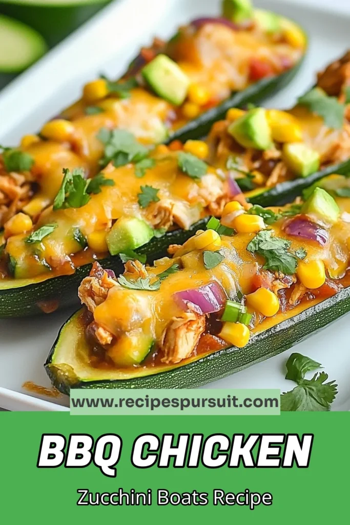 Savor the deliciousness of BBQ chicken zucchini boats, a healthy twist on classic comfort food! These stuffed zucchini with chicken are loaded with flavor and packed with ingredients like shredded chicken, BBQ sauce, corn, and cheese. Perfect for an easy chicken dinner recipe that everyone will love. Try this zucchini boat recipe and enjoy a nutritious meal. Pin it for later! #BBQChickenZucchiniBoats #HealthyBBQChicken #ZucchiniBoatRecipes #EasyChickenDinner