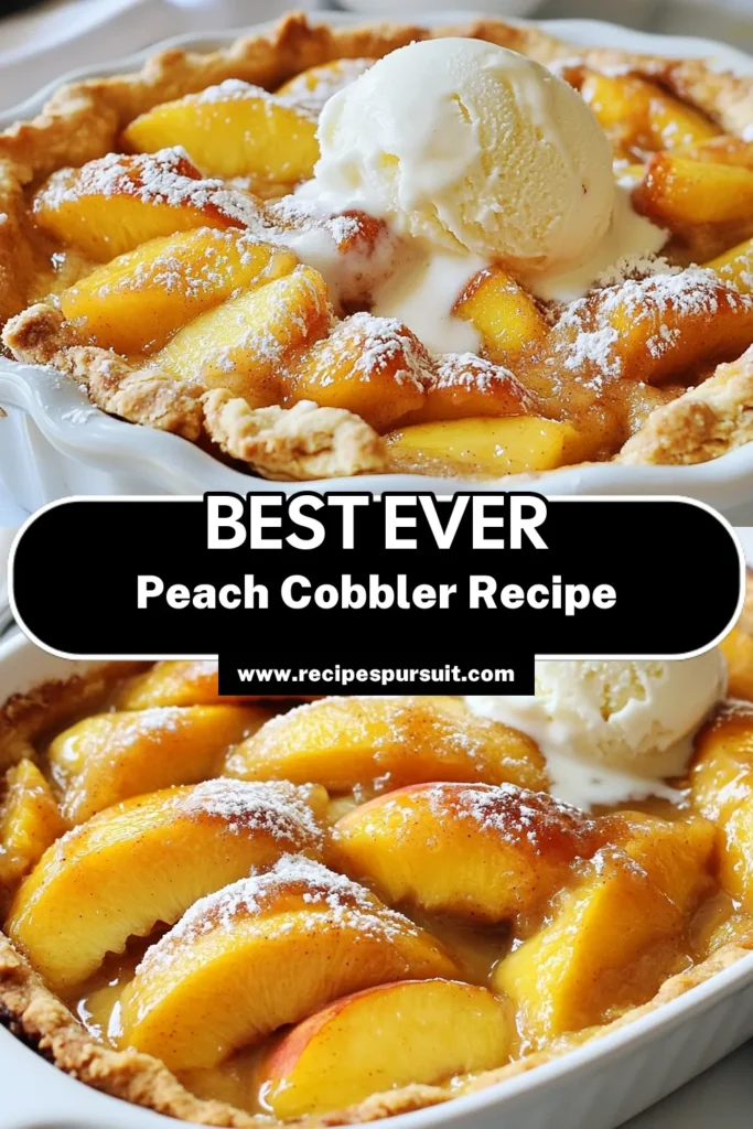 Indulge in this delightful peach cobbler recipe that's perfect for summer! This homemade peach cobbler combines juicy fresh peaches with a deliciously easy batter for a baked peach cobbler that everyone will love. Ideal as a summer dessert recipe, it’s simple to make and sure to impress your guests. Serve warm with whipped cream or ice cream for the ultimate easy peach dessert. Try it today! #PeachCobbler #SummerDessert #EasyPeachDessert #BakedPeachCobbler