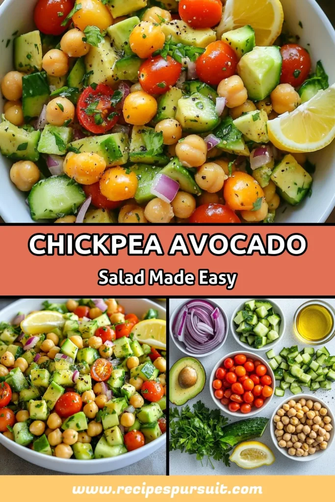 Create a delicious and nutritious Avocado Chickpea Salad that&rsquo;s perfect for a quick meal! This Healthy Avocado Salad combines creamy avocados, protein-packed chickpeas, and fresh vegetables for a refreshing vegan salad recipe. Easy to make in just 20 minutes, this Fresh Mediterranean Salad is a must-try! Don&rsquo;t forget to save this recipe for later and share with friends. #AvocadoChickpeaSalad #HealthyRecipes #VeganSalad #MediterraneanDiet