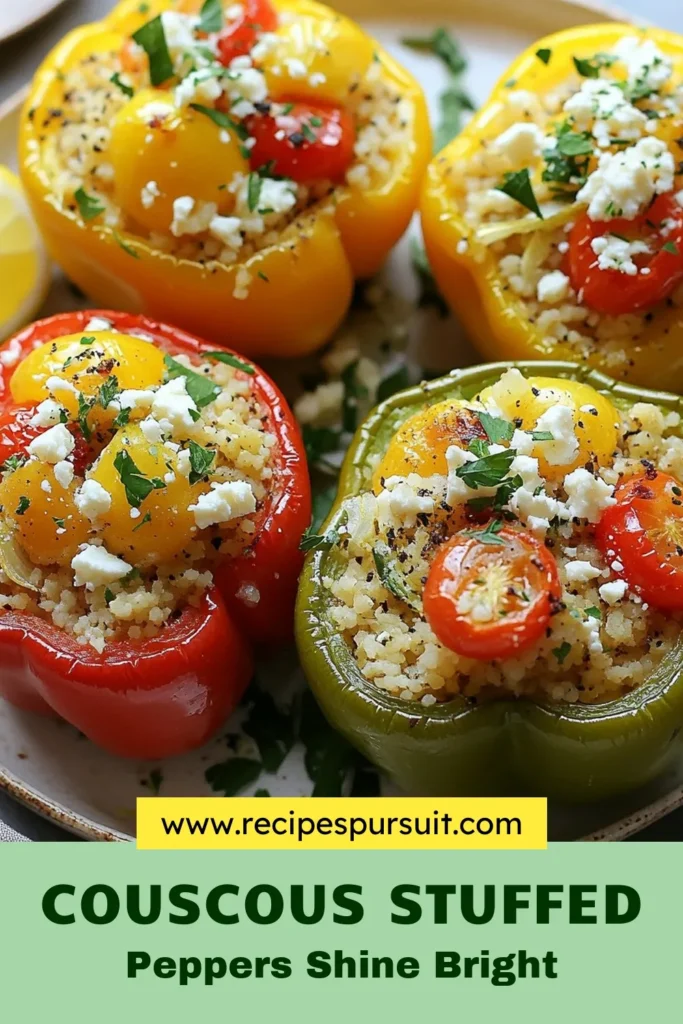 Discover the deliciousness of Lemon Herb Couscous Stuffed Peppers with this easy and healthy recipe. Perfect for a Mediterranean-inspired meal, these veggie stuffed bell peppers are packed with flavor from fresh herbs, tomatoes, and zesty lemon. Elevate your dinner with this wholesome choice among healthy couscous dishes. Save this stuffed peppers recipe for your next cooking adventure! #HealthyEating #CouscousRecipe #MediterraneanDiet #StuffedVegetables