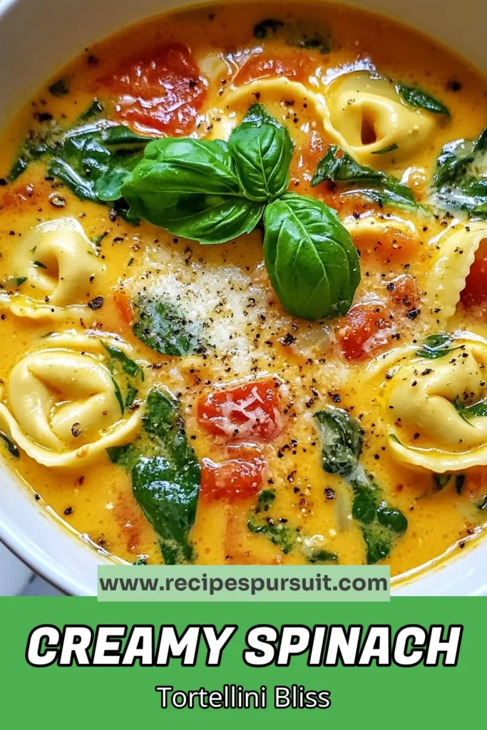 Indulge in the rich flavors of this Creamy Tomato Spinach Soup, perfect for cozy nights! This Tortellini Soup Recipe combines fresh spinach and cheesy tortellini for a satisfying vegetarian dish. Easy to make, it’s a delightful choice for an Easy Tomato Soup with Spinach, and can be dairy-free if you use coconut cream. Make mealtime a breeze with this comforting Vegetarian Tortellini Soup. Save this recipe now! #TortelliniSoup #VegetarianRecipes #TomatoSoup #SoupsForFall