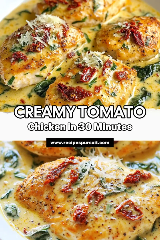 Discover a delightful twist on weeknight meals with this easy creamy chicken recipe featuring Creamy Sun-Dried Tomato Chicken. Perfectly cooked chicken breasts are enveloped in a rich sun-dried tomato sauce that’s both flavorful and quick to whip up. This sun-dried tomato chicken skillet is ideal for busy nights, promising deliciousness in just 30 minutes. Save and try this magical dish tonight! #CreamyChicken #DinnerIdeas #EasyRecipes #ChickenDinner