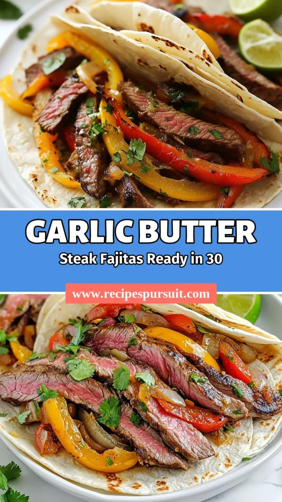 Indulge in these mouthwatering Garlic Butter Steak Fajitas. This easy steak fajitas recipe features tender flank steak, colorful bell peppers, and homemade fajita seasoning, all cooked to perfection. Learn how to make steak fajitas that are bursting with flavor in just 30 minutes! Perfect for weeknight dinners or gatherings. Don’t forget to save this recipe for later! #GarlicButterSteakFajitas #FlankSteakFajitasRecipe #EasySteakFajitas #FajitaSeasoning