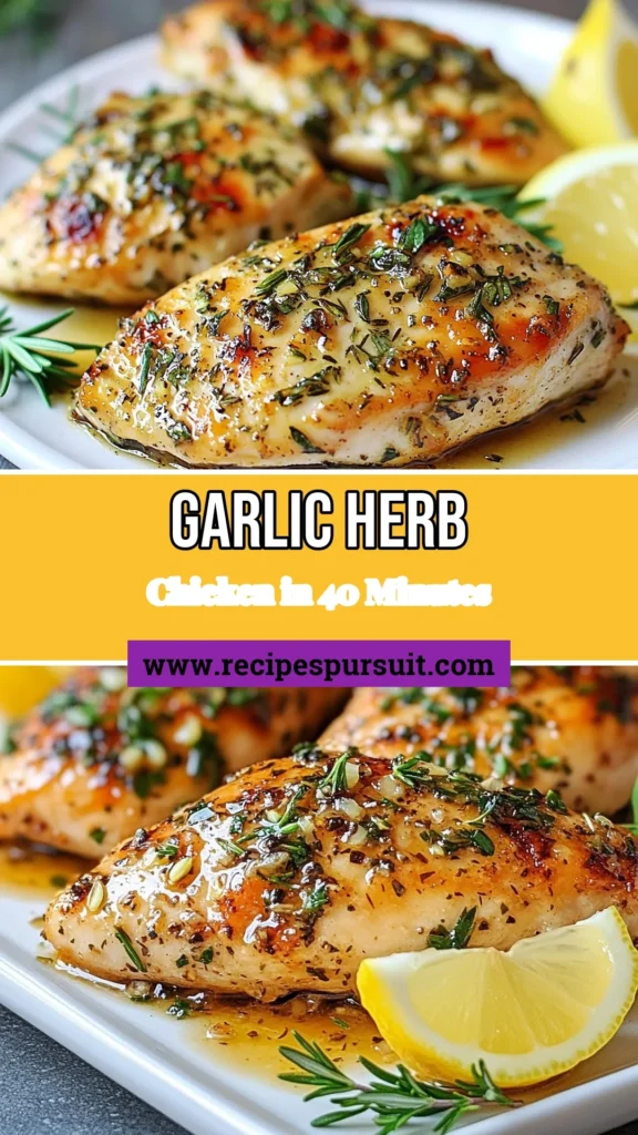Elevate your weeknight meals with this delicious Garlic Herb Chicken recipe! Perfectly baked chicken breasts are marinated in a savory garlic chicken marinade, bursting with fresh herbs and zesty lemon. This easy chicken dinner is not only quick to prepare but also a hearty favorite for the whole family. Try this herbal baked chicken recipe tonight and enjoy flavorful, juicy bites. Save this recipe for a tasty meal! #GarlicHerbChicken #EasyChickenDinner #BakedChickenBreastsRecipe #HerbalBakedChickenRecipe
