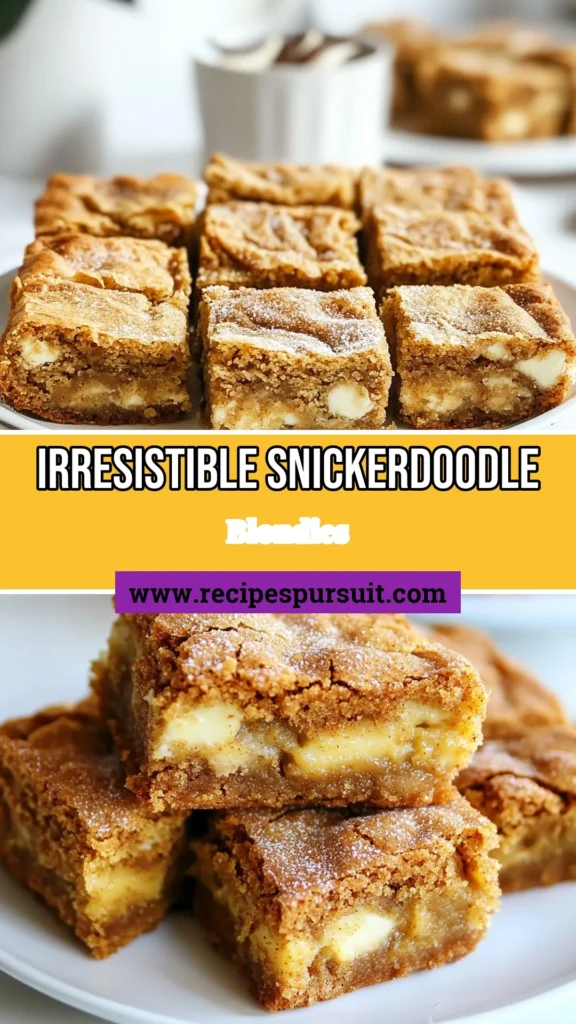 Indulge in the ultimate sweet treat with this easy Snickerdoodle Blondies Recipe! These Cinnamon Sugar Blondies combine the classic flavors of homemade Snickerdoodles with a chewy texture, perfect for any occasion. With the option to add white chocolate chips, these blondies are sure to satisfy your sweet tooth. Bake up a batch today and enjoy this delightful twist on a favorite! Try it now! #Blondies #Snickerdoodle #Baking #Desserts