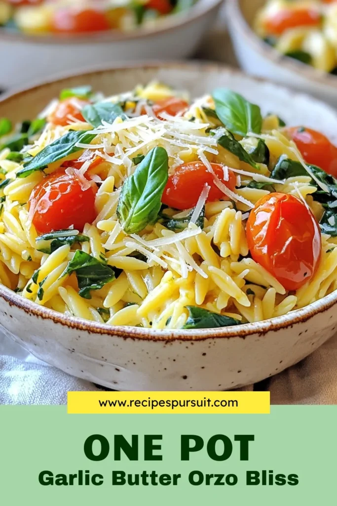 Discover the deliciousness of One Pot Garlic Butter Orzo, a perfect addition to your collection of easy orzo recipes! This creamy garlic butter pasta is not just a quick dinner recipe but also a satisfying vegetarian one pot meal. With minimal cleanup and loaded with veggies, it's a family favorite. Try this hassle-free recipe today and elevate your weeknight meals! Save now for later! #OnePotGarlicButterOrzo #EasyOrzoRecipes #GarlicButterPasta #QuickDinnerRecipes