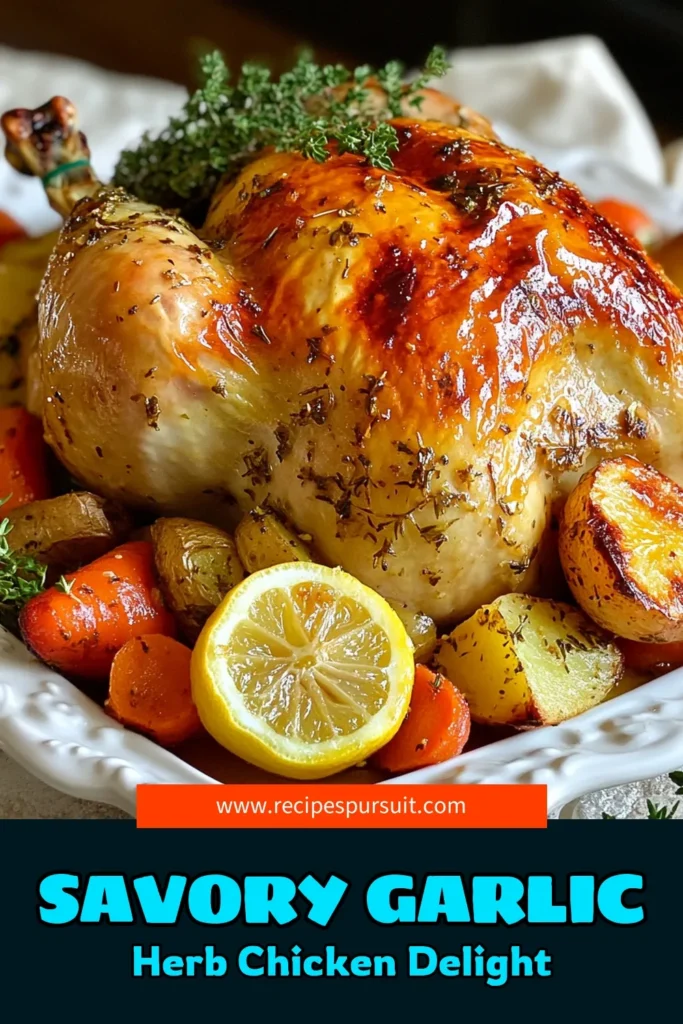 Discover how to make the perfect Garlic Herb Roasted Chicken that will impress your family and friends. This whole chicken recipe features crispy skin and juicy meat, infused with flavorful garlic and herbs. Paired with roasted vegetables, this lemon garlic chicken recipe is simple yet delightful. Follow these crispy roasted chicken instructions for a fantastic meal. Save now for your next dinner! #GarlicHerbRoastedChicken #RoastedChickenWithVegetables #WholeChickenRecipe #LemonGarlicChickenRecipe